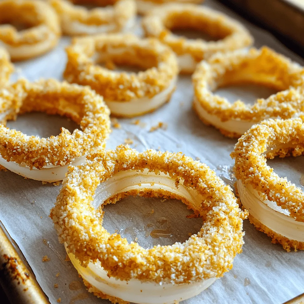 - 2 large onions, sliced into 1/4-inch thick rings - 1 cup all-purpose flour - 1 teaspoon garlic powder - 1 teaspoon onion powder - 1 teaspoon smoked paprika - 1/2 teaspoon cayenne pepper (optional) - 1 teaspoon salt - 1/2 teaspoon black pepper - 2 large eggs, beaten - 1 cup breadcrumbs (panko recommended) - Olive oil spray - Baking sheet - Parchment paper - Shallow bowls for coating - Cup and teaspoon measuring tools - A whisk for beaten eggs Gathering your ingredients is the first step to making crispy baked onion rings. You will need two large onions. Slice them into 1/4-inch thick rings. This thickness helps them cook evenly. The flour mixture is key to the flavor. Combine flour with garlic powder, onion powder, smoked paprika, cayenne pepper, salt, and black pepper. This blend adds depth and spice. You’ll also need two large eggs, which you'll beat in a bowl. The eggs help the breadcrumbs stick. For the best crunch, use panko breadcrumbs. Finally, grab some olive oil spray. It gives the onion rings that golden finish when baked. For this recipe, you will also need a baking sheet lined with parchment paper. This makes clean up easy and prevents sticking. Use shallow bowls to coat the onion rings. Measuring tools like cups and teaspoons will help you get the right amounts. A whisk is perfect for beating the eggs. Once you have everything ready, you can follow the [Full Recipe] for the steps to cook these delicious onion rings! - Preheat oven to 425°F (220°C). - Line a baking sheet with parchment paper. - Slice onions into rings and separate them. First, I love to get my oven hot. Preheating it to 425°F ensures a crispy finish. While the oven warms, I line a baking sheet with parchment paper. This keeps the onion rings from sticking and makes cleanup easy. Then, I slice my onions into 1/4-inch thick rings. It’s key to separate the rings gently. This way, each ring cooks evenly. - Mix flour and seasonings in a shallow bowl. - Beat eggs in a separate bowl. - Prepare breadcrumbs for coating. Next, I mix flour with some tasty seasonings. In a shallow bowl, I stir together all-purpose flour, garlic powder, onion powder, smoked paprika, cayenne pepper, salt, and black pepper. This blend adds great flavor. In another bowl, I beat the eggs until they’re smooth. Then, I prepare my breadcrumbs in a third bowl. Using panko gives the onion rings a nice crunch. - Dip onion rings in flour, then egg, then breadcrumbs. - Place coated rings on the baking sheet. - Lightly spray with olive oil and bake for 15-20 minutes. Now comes the fun part! I take each onion ring and dip it into the flour mix. I make sure it’s fully coated but shake off the extra flour. Next, I dip it in the beaten eggs, letting the extra egg drip off. Finally, I coat the ring in breadcrumbs, pressing gently so they stick well. I place the coated rings in a single layer on the baking sheet. A light spray of olive oil on top helps them crisp up in the oven. I bake them for 15-20 minutes, flipping halfway. I watch for that golden brown color. That's when I know they are ready! You can find the full recipe to enjoy this savory treat. - Use panko breadcrumbs for enhanced crunch. They create a great texture. - Ensure even coating by shaking off excess flour and egg. This helps avoid clumps. - Flip onion rings halfway through baking for even crisping. This makes both sides golden. - Arrange rings in a single layer on the baking sheet. This allows hot air to circulate. - Use olive oil spray for a golden finish. It adds flavor and helps with crispness. - Pair with various dipping sauces like ranch or spicy ketchup. This adds fun flavors. - Serve as a side or snack for parties. They are always a crowd favorite. - Try them with homemade garlic aioli for a tasty twist. It’s a great addition! For the full recipe, refer to the Crispy Baked Onion Rings section above. Enjoy your cooking! {{image_4}} You can spice up your onion rings easily. Add herbs like oregano or thyme to the flour mix. This will give your rings a fresh scent and taste. You can also try different spices. For heat, sprinkle in some chili powder. This small change can turn your dish into a spicy treat. Want a new texture? Try cornmeal instead of breadcrumbs. This will give your onion rings a different crunch. You can also use crushed potato chips. They add a fun flavor and extra crispness. Serving style matters too. Pair your onion rings with a homemade garlic aioli. This creamy dip will enhance the flavor. Another idea is to top your rings with cheese. Bake them again until the cheese melts for cheesy onion rings. This twist can make your dish even more exciting. Check out the Full Recipe for more tips! To keep your crispy baked onion rings fresh, let them cool completely. This step is key to avoiding sogginess. Once cooled, place them in an airtight container. Store them in the fridge. They will stay good for about 3-4 days. If you want to save some for later, freezing works great. First, lay the cooked onion rings on a baking sheet. Make sure they do not touch each other. Freeze them for a few hours until solid. Once frozen, move them to a zip-top bag. They can stay in the freezer for up to three months. To enjoy your onion rings again, reheat them in the oven. Set the oven to 375°F (190°C) for the best results. Place the onion rings on a baking sheet and warm them for about 10 minutes. This method keeps them crispy. Avoid using the microwave, as it can make them soft and chewy. Use panko breadcrumbs and don’t skip the olive oil spray. Panko gives a great crunch. The olive oil helps to brown the outside. This combination makes a huge difference. Try using a mixture of flour and water or a flaxseed egg as a substitute. Both options work well. They help the breadcrumbs stick to the onion rings just like eggs do. They can last in the fridge for up to 3-4 days when stored properly. Keep them in an airtight container. This helps maintain their flavor and texture. Yes, bake ahead and reheat them in the oven to regain crispiness. This is perfect for parties or busy days. Just make sure to reheat them at a low temperature. Popular choices include ketchup, ranch, barbecue sauce, and chipotle mayo. Each sauce offers a unique flavor. Try different ones to find your favorite. Yes, substitute flour and breadcrumbs with gluten-free alternatives like almond flour and gluten-free breadcrumbs. This way, everyone can enjoy these crispy baked onion rings. These baked onion rings are easy and tasty. I shared the key ingredients, tools, and steps to make them crispy and delightful. Remember to use panko breadcrumbs and olive oil spray for the best crunch. You can also get creative with flavors and dips. Whether for a snack or a side dish, these onion rings will impress. Enjoy cooking and experimenting with your own twist on this classic recipe!