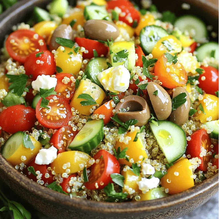 - 1 cup quinoa (rinsed and drained) - 2 cups water or vegetable broth - 1 cup cherry tomatoes (halved) - 1 medium cucumber (diced) - 1/2 medium red onion (finely chopped) - 1 bell pepper (diced) - 1/2 cup Kalamata olives (sliced) - 1/2 cup feta cheese (crumbled) - 1/4 cup fresh parsley (chopped) When I make this Easy Mediterranean Quinoa Salad, I start with the main ingredients. Quinoa is my base. It’s packed with protein and fiber. I rinse and drain it well to remove the bitter coating. Then, I cook it in either water or vegetable broth for extra flavor. Next, I add fresh veggies. Cherry tomatoes bring sweetness and a pop of color. The cucumber adds a crisp texture. I love using red onion for its sharp taste, and a bell pepper adds crunch and vibrancy. For added flavor, I often include Kalamata olives. Their briny taste elevates the dish. Crumbled feta cheese adds a creamy touch. Fresh parsley gives a bright finish to the salad. This salad is colorful, fresh, and full of life. You can find the full recipe above to create this delightful dish at home! To start, grab a medium saucepan. Combine 1 cup of rinsed quinoa with 2 cups of water or vegetable broth. Bring the pot to a boil over high heat. Once it bubbles, reduce the heat to low and cover. Let it simmer for 15 to 20 minutes. The quinoa will become fluffy when all the liquid is absorbed. After cooking, remove it from heat. Fluff the quinoa with a fork and set it aside to cool a bit. While the quinoa cooks, it’s time to chop your veggies. In a large mixing bowl, add the following: - 1 cup cherry tomatoes, halved - 1 medium cucumber, diced - 1/2 medium red onion, finely chopped - 1 bell pepper, diced - 1/2 cup Kalamata olives, pitted and sliced - 1/4 cup fresh parsley, coarsely chopped Gently mix these ingredients together. This colorful blend adds fresh flavor and crunch to your salad. Next, let’s make the dressing. In a small bowl, whisk together: - 1/4 cup extra virgin olive oil - 2 tablespoons freshly squeezed lemon juice - 1 teaspoon dried oregano - A pinch of sea salt and freshly ground black pepper Whisk until well combined. This dressing ties all the flavors together beautifully. Once the quinoa has cooled to a warm temperature, you can combine everything. Add the quinoa to the bowl of mixed vegetables. Drizzle the dressing over the top and toss gently until everything is evenly coated. If you want an extra touch, sprinkle 1/2 cup of crumbled feta cheese on top before serving. For the full recipe, check out the details above. Enjoy your refreshing Mediterranean quinoa salad! To get fluffy quinoa, always fluff it with a fork once it’s done cooking. This helps separate the grains, making it light and airy. Let it cool properly before mixing it with the veggies. If it's too hot, it may wilt them. You can easily adjust the dressing to fit your taste. Add more lemon juice for tang or extra olive oil for richness. To make it vegan or dairy-free, simply skip the feta cheese. You can also replace it with avocado or a nut-based cheese for creaminess. Use a decorative serving dish to make your salad stand out. A bright bowl or a rustic platter adds charm. Garnish the salad with whole Kalamata olives or fresh parsley. This not only looks good but also adds a burst of color and freshness. {{image_4}} You can make your Mediterranean quinoa salad heartier by adding protein. Chickpeas are a great choice. They add a nice texture and flavor. Just rinse and drain them before mixing in. For meat lovers, grilled chicken works well too. It adds a savory taste that pairs nicely with the other ingredients. If you prefer a vegetarian option, try tofu. You can cube and sauté it for a warm twist. The dressing can change the whole vibe of your salad. A lemon tahini dressing brings a creamy, nutty flavor. Just mix tahini with lemon juice, water, and a pinch of salt. For something sweeter, a balsamic vinaigrette is a good alternative. Combine balsamic vinegar with olive oil and a touch of honey for a delightful twist. You can also play with seasonal ingredients. In summer, add fresh zucchini or bell peppers for crunch. In fall, switch in roasted butternut squash or brussels sprouts for warmth. Adjust your salad for holiday themes by adding pomegranate seeds for color and sweetness. For festive gatherings, sprinkle a few nuts for added crunch and flavor. These variations keep your Mediterranean quinoa salad exciting and fresh. For the full recipe, check out the link. To keep your Easy Mediterranean Quinoa Salad fresh, store it in an airtight container. This helps lock in flavors and keeps the salad crisp. I recommend using glass containers for better taste and easy visibility. Make sure to chill it within two hours of making it. This keeps bacteria away and keeps it safe to eat. You can freeze quinoa salad if you need to store it for longer. First, let it cool completely. Then, pack it in a freezer-safe container or bag. Remove as much air as possible to prevent freezer burn. When you want to eat it, thaw it overnight in the fridge. For a quick thaw, you can place it in cold water for about an hour. The shelf life of your salad mainly depends on its ingredients. When stored properly in the fridge, it lasts about 3-5 days. Ingredients like cucumbers and tomatoes may lose their crunch over time. The feta cheese, if used, can also change in texture. Always check for any off smells or changes in color before serving. For best results, enjoy it fresh. For the full recipe, check out the earlier section. To make quinoa fluffy, rinse it well before cooking. Rinsing removes natural saponins, which can make quinoa taste bitter. Use a fine mesh strainer to rinse the quinoa under cold water for about two minutes. After rinsing, cook it in two cups of water or vegetable broth. Bring the liquid to a boil, then reduce the heat. Cover the pot and let it simmer for 15 to 20 minutes. Once the liquid is gone, remove it from heat. Fluff the quinoa with a fork to separate the grains. This process ensures a light and fluffy texture. Yes, quinoa is gluten-free. It is a great option for those with gluten sensitivities or celiac disease. Quinoa is a seed, not a grain, making it safe to eat. It packs a lot of protein and nutrients too. One cup of cooked quinoa has about 8 grams of protein, making it a filling choice. Plus, it contains fiber, iron, and magnesium. Always check for cross-contamination if you buy packaged quinoa. This ensures it stays gluten-free. Absolutely! You can make this quinoa salad ahead of time. It stores well in the fridge for up to three days. To keep it fresh, place it in an airtight container. If you plan to add feta cheese, add it just before serving. This keeps it from getting soggy. You can also prep the vegetables and dressing separately. Combine everything when you are ready to eat. This makes meal prep easy and convenient. This quinoa salad recipe is both easy and flexible. You learned how to cook quinoa, prepare fresh veggies, and mix your favorite dressings. Don't forget to try optional add-ins for extra flavor. Storing leftovers properly ensures you can enjoy this salad later. Remember, quinoa is gluten-free and perfect for meal prep. As you experiment with variations, have fun and make it your own!