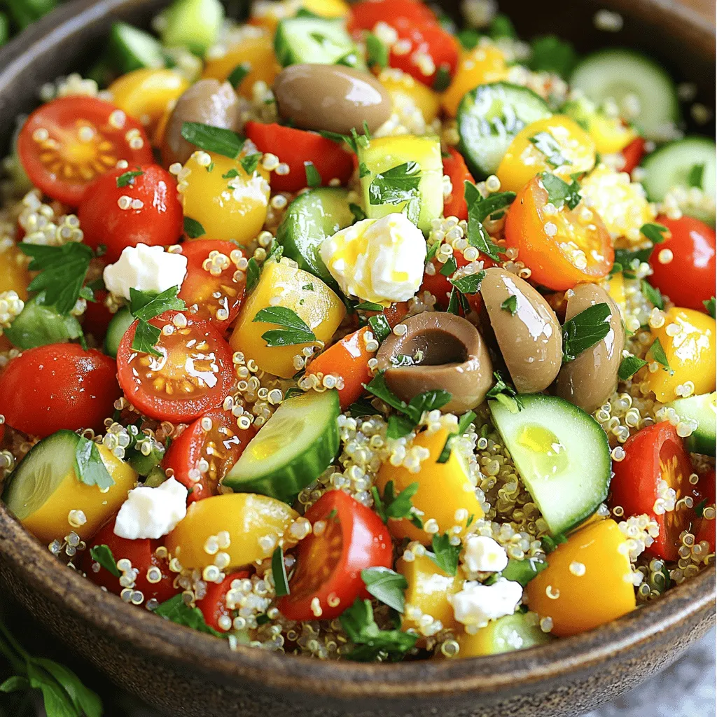 - 1 cup quinoa (rinsed and drained) - 2 cups water or vegetable broth - 1 cup cherry tomatoes (halved) - 1 medium cucumber (diced) - 1/2 medium red onion (finely chopped) - 1 bell pepper (diced) - 1/2 cup Kalamata olives (sliced) - 1/2 cup feta cheese (crumbled) - 1/4 cup fresh parsley (chopped) When I make this Easy Mediterranean Quinoa Salad, I start with the main ingredients. Quinoa is my base. It’s packed with protein and fiber. I rinse and drain it well to remove the bitter coating. Then, I cook it in either water or vegetable broth for extra flavor. Next, I add fresh veggies. Cherry tomatoes bring sweetness and a pop of color. The cucumber adds a crisp texture. I love using red onion for its sharp taste, and a bell pepper adds crunch and vibrancy. For added flavor, I often include Kalamata olives. Their briny taste elevates the dish. Crumbled feta cheese adds a creamy touch. Fresh parsley gives a bright finish to the salad. This salad is colorful, fresh, and full of life. You can find the full recipe above to create this delightful dish at home! To start, grab a medium saucepan. Combine 1 cup of rinsed quinoa with 2 cups of water or vegetable broth. Bring the pot to a boil over high heat. Once it bubbles, reduce the heat to low and cover. Let it simmer for 15 to 20 minutes. The quinoa will become fluffy when all the liquid is absorbed. After cooking, remove it from heat. Fluff the quinoa with a fork and set it aside to cool a bit. While the quinoa cooks, it’s time to chop your veggies. In a large mixing bowl, add the following: - 1 cup cherry tomatoes, halved - 1 medium cucumber, diced - 1/2 medium red onion, finely chopped - 1 bell pepper, diced - 1/2 cup Kalamata olives, pitted and sliced - 1/4 cup fresh parsley, coarsely chopped Gently mix these ingredients together. This colorful blend adds fresh flavor and crunch to your salad. Next, let’s make the dressing. In a small bowl, whisk together: - 1/4 cup extra virgin olive oil - 2 tablespoons freshly squeezed lemon juice - 1 teaspoon dried oregano - A pinch of sea salt and freshly ground black pepper Whisk until well combined. This dressing ties all the flavors together beautifully. Once the quinoa has cooled to a warm temperature, you can combine everything. Add the quinoa to the bowl of mixed vegetables. Drizzle the dressing over the top and toss gently until everything is evenly coated. If you want an extra touch, sprinkle 1/2 cup of crumbled feta cheese on top before serving. For the full recipe, check out the details above. Enjoy your refreshing Mediterranean quinoa salad! To get fluffy quinoa, always fluff it with a fork once it’s done cooking. This helps separate the grains, making it light and airy. Let it cool properly before mixing it with the veggies. If it's too hot, it may wilt them. You can easily adjust the dressing to fit your taste. Add more lemon juice for tang or extra olive oil for richness. To make it vegan or dairy-free, simply skip the feta cheese. You can also replace it with avocado or a nut-based cheese for creaminess. Use a decorative serving dish to make your salad stand out. A bright bowl or a rustic platter adds charm. Garnish the salad with whole Kalamata olives or fresh parsley. This not only looks good but also adds a burst of color and freshness. {{image_4}} You can make your Mediterranean quinoa salad heartier by adding protein. Chickpeas are a great choice. They add a nice texture and flavor. Just rinse and drain them before mixing in. For meat lovers, grilled chicken works well too. It adds a savory taste that pairs nicely with the other ingredients. If you prefer a vegetarian option, try tofu. You can cube and sauté it for a warm twist. The dressing can change the whole vibe of your salad. A lemon tahini dressing brings a creamy, nutty flavor. Just mix tahini with lemon juice, water, and a pinch of salt. For something sweeter, a balsamic vinaigrette is a good alternative. Combine balsamic vinegar with olive oil and a touch of honey for a delightful twist. You can also play with seasonal ingredients. In summer, add fresh zucchini or bell peppers for crunch. In fall, switch in roasted butternut squash or brussels sprouts for warmth. Adjust your salad for holiday themes by adding pomegranate seeds for color and sweetness. For festive gatherings, sprinkle a few nuts for added crunch and flavor. These variations keep your Mediterranean quinoa salad exciting and fresh. For the full recipe, check out the link. To keep your Easy Mediterranean Quinoa Salad fresh, store it in an airtight container. This helps lock in flavors and keeps the salad crisp. I recommend using glass containers for better taste and easy visibility. Make sure to chill it within two hours of making it. This keeps bacteria away and keeps it safe to eat. You can freeze quinoa salad if you need to store it for longer. First, let it cool completely. Then, pack it in a freezer-safe container or bag. Remove as much air as possible to prevent freezer burn. When you want to eat it, thaw it overnight in the fridge. For a quick thaw, you can place it in cold water for about an hour. The shelf life of your salad mainly depends on its ingredients. When stored properly in the fridge, it lasts about 3-5 days. Ingredients like cucumbers and tomatoes may lose their crunch over time. The feta cheese, if used, can also change in texture. Always check for any off smells or changes in color before serving. For best results, enjoy it fresh. For the full recipe, check out the earlier section. To make quinoa fluffy, rinse it well before cooking. Rinsing removes natural saponins, which can make quinoa taste bitter. Use a fine mesh strainer to rinse the quinoa under cold water for about two minutes. After rinsing, cook it in two cups of water or vegetable broth. Bring the liquid to a boil, then reduce the heat. Cover the pot and let it simmer for 15 to 20 minutes. Once the liquid is gone, remove it from heat. Fluff the quinoa with a fork to separate the grains. This process ensures a light and fluffy texture. Yes, quinoa is gluten-free. It is a great option for those with gluten sensitivities or celiac disease. Quinoa is a seed, not a grain, making it safe to eat. It packs a lot of protein and nutrients too. One cup of cooked quinoa has about 8 grams of protein, making it a filling choice. Plus, it contains fiber, iron, and magnesium. Always check for cross-contamination if you buy packaged quinoa. This ensures it stays gluten-free. Absolutely! You can make this quinoa salad ahead of time. It stores well in the fridge for up to three days. To keep it fresh, place it in an airtight container. If you plan to add feta cheese, add it just before serving. This keeps it from getting soggy. You can also prep the vegetables and dressing separately. Combine everything when you are ready to eat. This makes meal prep easy and convenient. This quinoa salad recipe is both easy and flexible. You learned how to cook quinoa, prepare fresh veggies, and mix your favorite dressings. Don't forget to try optional add-ins for extra flavor. Storing leftovers properly ensures you can enjoy this salad later. Remember, quinoa is gluten-free and perfect for meal prep. As you experiment with variations, have fun and make it your own!