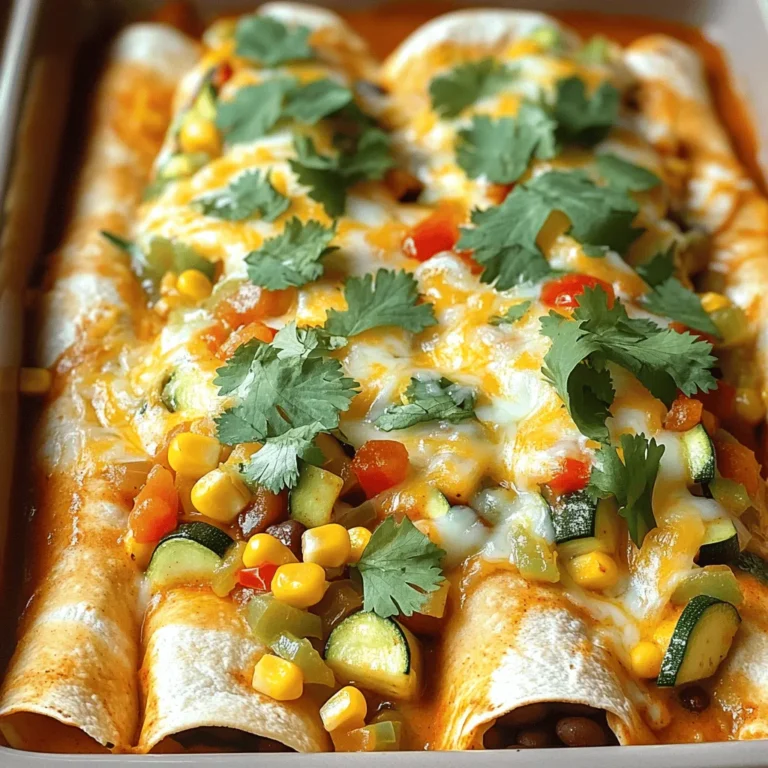 To make my summer veggie enchiladas, gather these key items: - 8 corn tortillas - 1 medium zucchini, sliced into thin rounds - 1 cup mixed bell peppers, diced into small pieces - 1 cup corn, fresh off the cob or frozen, thawed - 1 cup black beans, rinsed and drained - 1 cup shredded cheese - 1 small red onion, chopped finely - 2 cloves garlic, minced - 1 teaspoon ground cumin - 1 teaspoon chili powder - 1 can (14 oz) enchilada sauce - 2 tablespoons olive oil - Fresh cilantro, chopped for garnish - Salt and pepper to taste Using seasonal veggies makes your enchiladas fresh and vibrant. I often choose: - Zucchini: It adds a nice crunch and mild flavor. - Bell peppers: Mix colors for a fun look and taste. - Corn: Sweet corn gives a burst of flavor. - Spinach: It adds a rich green color and nutrients. - Summer squash: It softens nicely and blends well. Cheese is key to tasty enchiladas. I recommend: - Cheddar: It melts well and adds a sharp taste. - Mexican cheese blend: It offers a mix of flavors. - Queso fresco: Crumble it on top for a creamier finish. - Pepper jack: It gives a mild kick with jalapeños. For the full recipe, check out the detailed steps in the recipe section above. To start, gather all your ingredients. This makes cooking easier. You will need: - 8 corn tortillas - 1 medium zucchini, sliced into thin rounds - 1 cup mixed bell peppers (red, yellow, green), diced into small pieces - 1 cup corn (fresh off the cob or frozen, thawed) - 1 cup black beans, rinsed thoroughly and drained - 1 cup shredded cheese (cheddar or a Mexican cheese blend) - 1 small red onion, chopped finely - 2 cloves garlic, minced - 1 teaspoon ground cumin - 1 teaspoon chili powder - 1 can (14 oz) enchilada sauce - 2 tablespoons olive oil - Fresh cilantro, chopped (for garnish) - Salt and pepper to taste Now, preheat your oven to 375°F (190°C). This is key for even baking. In a large skillet, heat the olive oil over medium heat. Add the chopped red onion and minced garlic. Sauté for 3-4 minutes until soft. Next, add the zucchini, bell peppers, corn, and black beans. Season with cumin, chili powder, salt, and pepper. Cook for 5-7 minutes until the veggies soften. Take a 9x13 inch baking dish. Spread a thin layer of enchilada sauce on the bottom. This helps prevent sticking. Now, grab a corn tortilla. Place a scoop of the veggie mix in the center. Top it with a sprinkle of cheese. Carefully roll the tortilla tightly and place it seam-side down in the dish. Repeat this for all tortillas until you use the filling. Once rolled, pour the remaining enchilada sauce over the top. Sprinkle any leftover cheese on the sauce. This adds flavor and makes it look great! Cover the baking dish with aluminum foil. This keeps the moisture in. Bake in the preheated oven for 20 minutes. After that, remove the foil. Let it bake uncovered for another 10-15 minutes. You want the cheese to be melted and bubbly. After baking, take the enchiladas out of the oven. Let them cool for a few minutes. Before serving, garnish with fresh cilantro. This adds a pop of color. Enjoy your savory summer veggie enchiladas! Want the full recipe? You can find it in the article above. To make your enchiladas shine, start with fresh vegetables. Wash and chop them well. Slice zucchini into thin rounds for even cooking. Dice bell peppers small so they blend nicely. If using corn off the cob, cut it carefully from the kernels. Drain canned beans well to avoid watery filling. These small steps ensure your flavors mix well. A great sauce can elevate any dish. For enchiladas, use a store-bought enchilada sauce or make your own. Combine tomatoes, chili powder, cumin, and garlic for a zesty kick. If you like it spicy, add a pinch of cayenne pepper. Pour some sauce in the baking dish before adding the enchiladas. This keeps them moist and flavorful. If your enchiladas are too dry, you might not have enough sauce. Add more sauce on top before baking. Overcooked enchiladas can become tough. Keep an eye on the baking time and check for bubbling cheese. If you don’t have enough cheese, the dish may lack creaminess. Always sprinkle a generous amount on top for the best results. For more details, check out the Full Recipe. {{image_4}} You can add meat or protein to your enchiladas for extra flavor. Options include: - Shredded chicken - Ground beef - Chopped shrimp - Grilled tofu To use meat, cook it first in the skillet with the vegetables. This step allows the flavors to mix well. Always season your meat with salt and pepper. It makes a big difference! While enchilada sauce is tasty, you can try other sauces for a twist. Here are some ideas: - Green salsa - Mole sauce - Creamy cheese sauce If you use a different sauce, adjust the spices in your filling. This change helps the dish stay balanced and flavorful. Cheese and spices can change your enchilada vibe. Consider these options: - Monterey Jack for a mild flavor - Pepper Jack for a spicy kick - Cotija for a crumbly topping For spices, you might try: - Smoked paprika for depth - Oregano for a fresh taste - Red pepper flakes for heat Mix and match these to create your ideal dish. You can find new favorites by experimenting! For the full recipe, check out the main ingredients and instructions. After making your summer veggie enchiladas, let them cool down. Place them in a tight, covered dish. They will stay fresh in the fridge for up to three days. Just make sure to cover the dish well to keep the moisture in. This helps keep the flavors strong and the tortillas soft. If you want to keep them longer, freezing is a great option. Wrap each enchilada tightly in plastic wrap. Then, place them in a freezer bag or a safe container. You can freeze them for up to three months. When you're ready to eat, let them thaw in the fridge overnight for best results. This way, you can enjoy a quick meal anytime. To reheat, you have a couple of choices. You can use the oven or microwave. For the oven, preheat it to 350°F (175°C). Place the enchiladas in a baking dish and cover with foil. Heat for about 20 minutes or until they are warm throughout. If you choose the microwave, place one or two enchiladas on a plate and cover them with a damp paper towel. Heat on high for about one to two minutes. Check to see if they are warm enough. Enjoy your delicious meal again! For more details, check the Full Recipe. Yes, you can make these enchiladas ahead of time. Prepare them fully and store them in the fridge before baking. Just cover the dish with foil to keep them fresh. When you are ready to eat, bake them as directed. This saves time on busy nights. The best vegetables for enchiladas are fresh and colorful. I love using: - Zucchini - Bell peppers - Corn - Black beans - Spinach - Mushrooms Feel free to mix and match your favorites. The key is to choose vegetables that cook well together. This keeps each bite full of flavor. To make gluten-free enchiladas, simply use corn tortillas. They work great and add a nice taste. Check the enchilada sauce too. Some sauces may contain gluten. Look for brands that are labeled gluten-free. You can enjoy these tasty enchiladas without worry! For the full recipe, check out the section above. In this blog post, we explored making delicious enchiladas with the right ingredients. We highlighted seasonal veggies, cheese options, and easy preparation steps. I shared tips for perfect sauce-making and how to fix common problems. You can mix in different proteins and sauces for unique flavors. Plus, I covered how to store leftovers and answered your top questions. Now, you have all the tools to make tasty, homemade enchiladas. Enjoy the cooking process and share your creations!