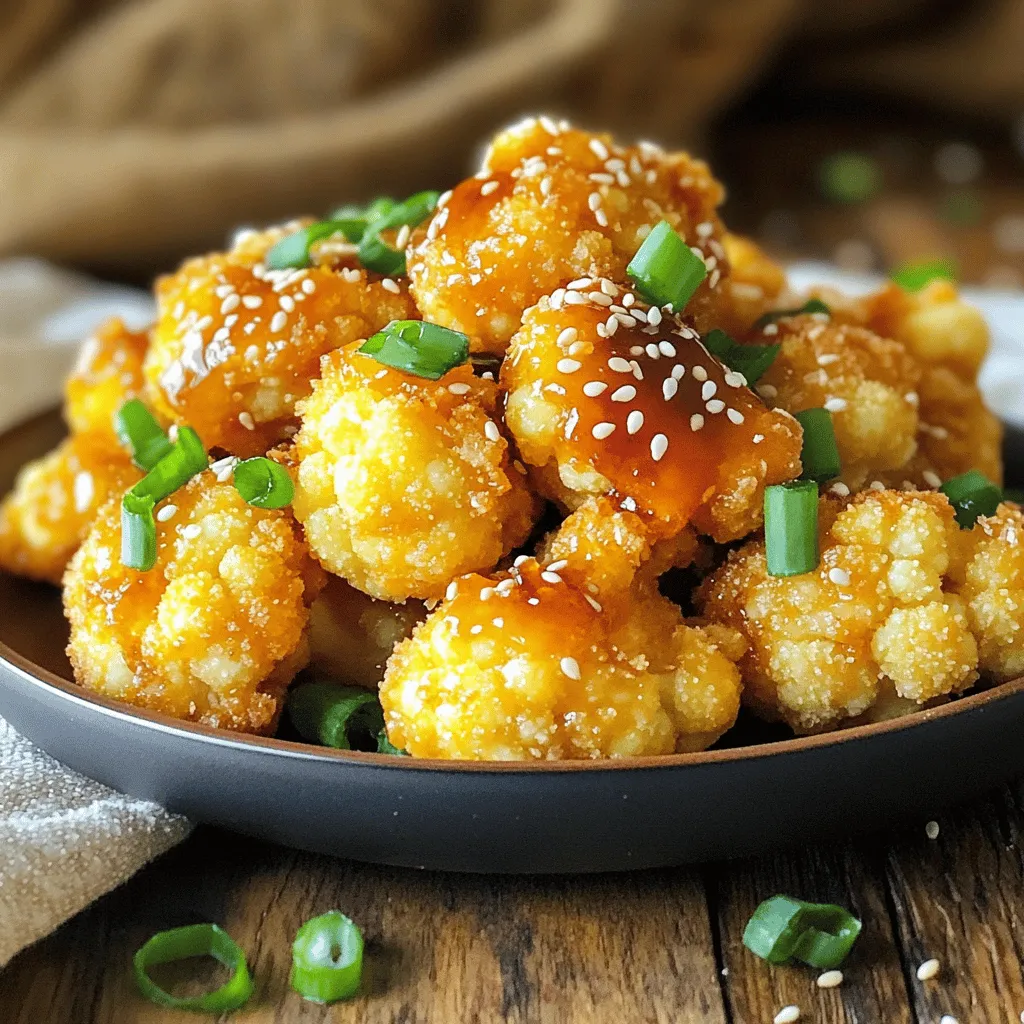 To make crispy honey garlic cauliflower, you need these simple ingredients: - 1 large head of cauliflower, cut into bite-sized florets - 1 cup all-purpose flour - 1 teaspoon garlic powder - 1 teaspoon onion powder - ½ teaspoon paprika - ½ teaspoon salt - ½ teaspoon black pepper - 1 cup cold sparkling water - 1 cup breadcrumbs (preferably panko) - 3 tablespoons honey - 3 tablespoons soy sauce - 2 tablespoons apple cider vinegar - 2 cloves garlic, minced - 1 tablespoon fresh ginger, grated - 1 tablespoon sesame oil - Green onions, finely sliced (for garnish) - Sesame seeds (for garnish) These ingredients come together to create a dish that is both tasty and easy to prepare. The cauliflower gives a great crunch, while the honey garlic sauce adds a sweet and savory flavor. When you combine crispy cauliflower with the rich sauce, it becomes a treat to savor. For the full recipe, check out the details above. Start by preheating your oven to 425°F (220°C). This step is key for crispiness. Line a baking sheet with parchment paper to help with cleanup. In a big bowl, whisk together the flour, garlic powder, onion powder, paprika, salt, and black pepper. Pour in the cold sparkling water slowly. Keep whisking until the batter is smooth. It should look like pancake batter. If it’s too thick, add more water. If it’s thin, mix in a bit more flour. Take each cauliflower floret and dip it into the batter. Let any extra batter drip off. Then, coat the floret in breadcrumbs. Make sure they are fully covered. Place the florets in a single layer on the baking sheet. Give them space so they can crisp up. Put the baking sheet in the oven. Bake for 25 to 30 minutes. The cauliflower should turn golden brown and crispy. Remember to flip them halfway through for even cooking. While the cauliflower bakes, make the sauce. In a small saucepan, mix the honey, soy sauce, apple cider vinegar, minced garlic, grated ginger, and sesame oil. Heat over medium heat. Stir often and bring it to a gentle simmer. Cook for 3 to 5 minutes until it thickens a bit. Once the cauliflower is crispy, take it out of the oven. Drizzle the honey garlic sauce over the florets. Toss gently so each piece gets coated well. Put the coated cauliflower back in the oven for 5 more minutes. This step helps the glaze stick and boosts the flavors. After baking, take the dish out. Garnish it with finely sliced green onions and a sprinkle of sesame seeds. Serve hot and enjoy this crispy honey garlic cauliflower delight! For the full recipe, see above. To get that perfect crunch, follow these steps. First, coat each cauliflower floret fully in the batter. Make sure no wet spots are showing. Next, roll them in breadcrumbs. Panko breadcrumbs work best for extra crunch. Spread the florets out on the baking sheet. Give each piece some space. This helps them cook evenly. Flip them halfway through baking to brown both sides. Crispy honey garlic cauliflower shines as a snack or side dish. Serve it hot right from the oven. Pair it with a cool dipping sauce like ranch or sriracha mayo. You can also top it with fresh herbs for added flavor. Try green onions or cilantro to brighten the dish. This recipe is great for parties, game days, or casual dinners. This dish pairs well with various meals. Try it alongside rice or noodles for a satisfying meal. You can also add it to salads for a tasty crunch. It complements grilled meats like chicken or shrimp nicely. For a vegetarian option, serve it with stir-fried veggies. The sweet and savory sauce enhances any flavor combination. Enjoy this crispy delight on its own or as part of a larger feast. For the full recipe, visit the recipe section. {{image_4}} To add some heat, mix in chili flakes to your sauce. Start with one teaspoon and adjust to your taste. This will give your dish a spicy twist. You can also drizzle hot sauce over the finished cauliflower for extra zing. The contrast of sweet and spicy will delight your taste buds. To make this dish vegan, swap honey for maple syrup or agave nectar. Both options will keep the sweetness without the use of animal products. Use a plant-based soy sauce to ensure the entire dish is vegan-friendly. This allows everyone to enjoy the crispy goodness. Don't feel limited to honey garlic sauce. Try teriyaki or sweet chili sauce for a different flavor profile. You can even mix your favorite sauces together for a unique taste. Experimenting with sauces allows you to find new favorites. Just make sure to coat the cauliflower well before the final baking step. For more details on the full recipe, check out the crispy honey garlic cauliflower recipe. Store any leftover crispy honey garlic cauliflower in an airtight container. This keeps it fresh and tasty. Place it in the fridge for up to three days. The sauce may soften the cauliflower, but it will still taste great. If you want to freeze the cauliflower, let it cool first. Spread it out on a baking sheet. Freeze it for about one hour. Then, transfer the florets to a freezer-safe bag. They can stay frozen for up to a month. When you're ready to eat, thaw them in the fridge overnight. To reheat, preheat your oven to 350°F (175°C). Place the cauliflower on a baking sheet. Bake for about 10-15 minutes until warm and crispy. You can also use an air fryer for a quicker option. Reheat at 350°F (175°C) for about 5-7 minutes. This helps regain that crunchy texture. To make cauliflower crispy, you need a good batter and breadcrumbs. Start by coating each floret in a thick batter made from flour and water. Use cold sparkling water for extra crunch. Then, roll the battered florets in breadcrumbs, preferably panko. Baking them at a high temperature helps achieve that golden, crispy texture. Flip them halfway through baking for even crispiness. Yes, you can use frozen cauliflower. Just make sure to thaw and drain it well. Pat the florets dry with a paper towel to remove excess moisture. This step is important because moisture can lead to soggy cauliflower. Follow the same battering and baking steps as fresh cauliflower for great results. Leftover cauliflower can last in the fridge for about 3 to 5 days. Store it in an airtight container to keep it fresh. If you notice any signs of spoilage, it’s best to discard it. Reheat leftovers in the oven for the best texture. This helps to regain some of the original crispiness. If you need a honey substitute, you can use maple syrup or agave nectar. Both provide a sweet flavor similar to honey. If you want a lower-calorie option, try using stevia or a sugar-free syrup. Keep in mind that the taste may vary slightly, but the dish will still be delicious. This recipe is not gluten-free due to the all-purpose flour. However, you can easily make it gluten-free by using a gluten-free flour blend. Look for one that works well in batters. Also, ensure the breadcrumbs are gluten-free if needed. This way, you can enjoy crispy honey garlic cauliflower without gluten! For the full details, check out the [Full Recipe]. This blog post guided you through making a tasty honey garlic cauliflower dish. We covered the ingredients, easy steps to follow, tips for the best texture, and storage methods. You can also explore fun variations to suit your taste or dietary needs. Incorporating this recipe into your meals brings flavor and nutrition. Enjoy cooking and impressing others with your new skills!