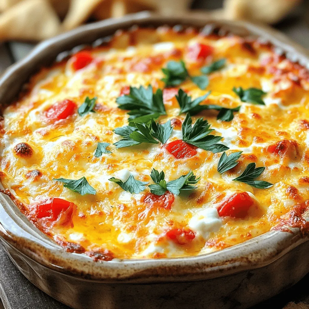 For this dip, you need 1 cup of roasted red peppers. You can use store-bought or make your own. If you opt for homemade, roast fresh red peppers until the skin blisters. This gives them a sweet, smoky flavor. The dip shines with 8 ounces of goat cheese and 2 tablespoons of cream cheese. Make sure both cheeses are softened to room temperature. This helps them blend together easily, creating a smooth texture. You’ll want to add 2 tablespoons of extra virgin olive oil for richness. Include 1 clove of finely minced garlic for a savory note. For a hint of freshness, toss in 1 teaspoon of fresh thyme leaves or ½ teaspoon of dried thyme. If you like a kick, add ¼ teaspoon of red pepper flakes. Lastly, season with salt and black pepper to taste. Top the dip with fresh parsley, finely chopped, for a pop of color. You can find the full recipe [here](#). To start, you need to prepare the roasted red peppers. You can use store-bought or make your own. If you choose jarred roasted red peppers, drain them carefully. Pat them dry with a paper towel to remove excess moisture. If you want to roast fresh peppers, place them on a baking sheet. Roast them in a preheated oven at 375°F (190°C) for about 20 minutes. Look for blistered skin. Once done, let them cool, peel off the skins, and chop them into small pieces. Now, it's time to mix the dip. In a large bowl, combine the chopped roasted red peppers, 8 oz of softened goat cheese, and 2 tablespoons of cream cheese. Add 2 tablespoons of extra virgin olive oil and 1 clove of finely minced garlic. Sprinkle in 1 teaspoon of fresh thyme leaves, or ½ teaspoon if you use dried thyme. For some heat, you can add ¼ teaspoon of red pepper flakes. Season with salt and pepper to taste. Use a fork or spatula to mash and mix until the dip is smooth and creamy. Next, spoon the creamy mix into an oven-safe dish. Spread it out evenly for even cooking. Place the dish in your preheated oven. Bake for about 20 minutes, or until the top is bubbly and lightly golden. After baking, remove the dip from the oven and let it cool for a few minutes. This helps it set. Before serving, sprinkle freshly chopped parsley on top for color. Serve it warm with crispy pita chips, toasted crostini, or fresh veggie sticks for dipping. Enjoy your Roasted Red Pepper Goat Cheese Dip! For the complete recipe, check out the Full Recipe. For a creamier dip, use full-fat cream cheese. It blends well with goat cheese. If you want a lighter dip, use low-fat cream cheese instead. If you prefer a chunkier texture, leave some roasted red pepper pieces. This adds a nice bite. To boost flavor, add herbs like basil or oregano. Fresh herbs make the dip lively. A squeeze of lemon juice brightens the taste too. You can also mix in some smoked paprika for a deeper flavor. Adjust the red pepper flakes for your spice level. Serve this dip warm for the best taste. It pairs well with crispy pita chips, toasted crostini, or colorful veggie sticks. For a fun twist, try it on a sandwich or wrap. You can find the full recipe online for detailed steps. {{image_4}} You can add heat to this dip easily. Mix in more red pepper flakes for a spicy twist. You can also use diced jalapeños for a fresh kick. Both options bring warmth and flavor. Adjust the spice to match your taste. Just remember, a little goes a long way! Herbs can enhance the flavor of your dip. Try adding fresh basil or oregano for a garden taste. You could also mix in some chives for a mild onion flavor. Each herb brings its unique touch. Feel free to experiment with your favorites. Fresh herbs can make a big difference! If you like a creamier dip, add more cream cheese or sour cream. This will make it rich and smooth. You can also blend in some Greek yogurt for a tangy twist. Adjust the consistency to your liking. A creamier dip pairs well with crunchy veggies and chips. For a thicker texture, use less olive oil. You can tweak it to suit your taste! For the full recipe, check out the Roasted Red Pepper & Goat Cheese Delight. After you make the Roasted Red Pepper Goat Cheese Dip, let it cool. Cover it with plastic wrap or a lid. Store it in the fridge for up to five days. This dip tastes great cold or warm. Just remember to check for any signs of spoilage before eating. You can freeze this dip to enjoy later. Place it in an airtight container. It will last up to three months in the freezer. When you are ready to use it, let it thaw in the fridge overnight. To reheat the dip, place it in an oven-safe dish. Preheat the oven to 350°F (175°C). Bake for about 15-20 minutes until hot. You can also microwave it for a quick option. Heat in short bursts, stirring in between, until it is warm throughout. Enjoy it fresh like the day you made it! Yes, you can use fresh red peppers. However, roasting them enhances their flavor. Roasting brings out their sweetness and adds a smoky taste. To roast, place them in the oven until their skin blisters. This process takes about 20 minutes. Once they cool, peel the skins off and chop them. This method will give your dip a richer flavor. The dip lasts about 3 to 5 days in the fridge. Make sure to store it in an airtight container. Keep it cool and covered to maintain its taste and texture. If you notice any changes in smell or color, it’s best to toss it out. Enjoy the dip fresh for the best flavor. You can serve the dip with many tasty options. Here are a few ideas: - Crispy pita chips - Toasted crostini - Fresh veggie sticks like carrots and cucumbers - Crackers or bread slices These choices pair well with the creamy dip. They add texture and a nice crunch. For a fun twist, try mixing in some herbs or spices to your dippers! Check out the Full Recipe for more serving ideas! This blog post covered how to make a tasty Roasted Red Pepper Goat Cheese Dip. We looked at key ingredients, from roasted peppers to special seasonings. I provided step-by-step instructions, tips for better texture and flavor, and served up creative variations. The storage info also helps keep your dip fresh. In conclusion, this dip is fun to make and easy to customize. Enjoy experimenting and sharing this delicious treat with friends!