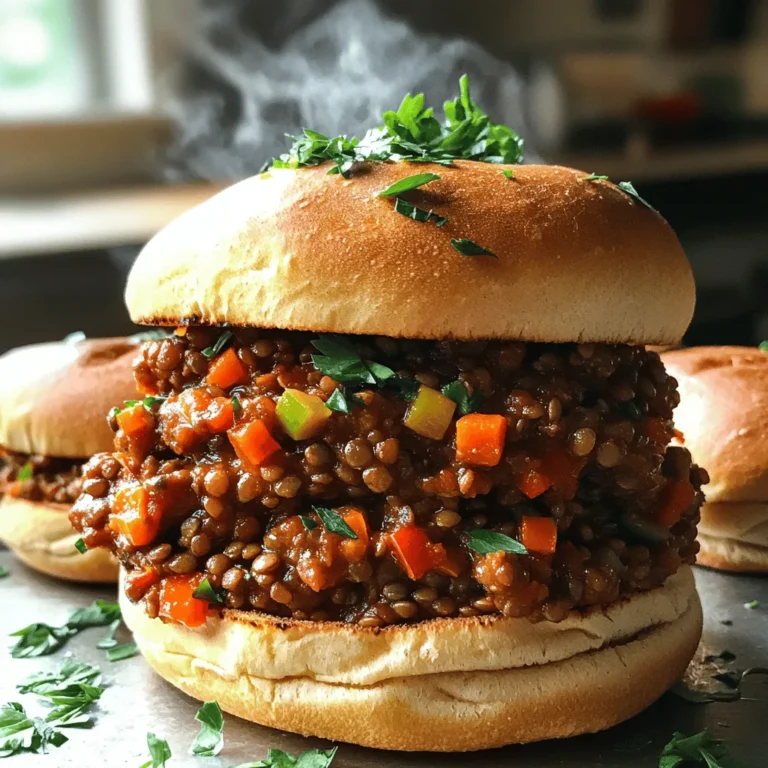 To make Vegan Lentil Sloppy Joes, gather these simple ingredients: - 1 cup green or brown lentils, rinsed - 1 tablespoon olive oil - 1 small onion, finely diced - 2 cloves garlic, minced - 1 bell pepper, finely diced - 1 cup carrot, finely chopped - 1 can tomato sauce - 2 tablespoons tomato paste - 2 tablespoons pure maple syrup - 2 tablespoons apple cider vinegar - 1 tablespoon soy sauce or tamari - 1 teaspoon smoked paprika - 1/2 teaspoon chili powder - Salt and pepper to taste - 4 whole grain or gluten-free buns - Fresh parsley or cilantro for garnish These ingredients create a hearty and flavorful meal. Lentils are high in protein and fiber. They also give this dish its rich texture. The bell pepper and onion add crunch and depth. Carrots bring natural sweetness, while spices give it warmth. The mix of tomato sauce and maple syrup balances the flavors perfectly. For the sauce, I use both tomato paste and sauce. This combination helps create a thick, savory base. Apple cider vinegar adds a fun tang. It brightens up the overall taste. Don’t forget the buns! Choose whole grain for a healthy option or gluten-free if needed. Fresh herbs like parsley or cilantro are optional but add a nice touch. For the full recipe, check out the detailed steps to make this delightful dish. Enjoy cooking! To start, gather your lentils. You need 1 cup of green or brown lentils. Rinse them under cold water in a fine mesh strainer. This removes any dirt and impurities. Next, take a medium pot. Combine the rinsed lentils with 3 cups of fresh water. Turn the heat to high and bring the pot to a boil. Once boiling, reduce the heat to low. Cover the pot with a lid and let it simmer for 25-30 minutes. You want the lentils tender but not mushy. After cooking, drain any extra water and set the lentils aside. Now, let’s prepare the vegetables. Take a large skillet and warm 1 tablespoon of olive oil over medium heat. Once the oil is hot, add 1 small finely diced onion and 2 cloves of minced garlic. Sauté for about 3-4 minutes. Stir often until the onion is soft and clear. Next, add your bell pepper and carrot. Use 1 finely diced bell pepper and 1 cup of finely chopped carrot. Cook these for another 5-6 minutes. Stir occasionally until the vegetables are tender and colorful. Now we will mix everything together. Add your cooked lentils to the skillet with the sautéed vegetables. Next, pour in 1 can of tomato sauce, 2 tablespoons of tomato paste, and 2 tablespoons of pure maple syrup. Also, add 2 tablespoons of apple cider vinegar and 1 tablespoon of soy sauce or tamari. Now, sprinkle in 1 teaspoon of smoked paprika and 1/2 teaspoon of chili powder. Don’t forget to season with salt and pepper to taste. Mix everything well until all the ingredients are combined. Let the mixture simmer over low heat for about 10 minutes. This step helps the flavors blend and the sauce thicken. Stir occasionally to prevent sticking. For the full recipe, refer to the beginning. To take your Vegan Lentil Sloppy Joes to the next level, consider adding spices. A dash of cumin or a pinch of oregano can add depth. You might also try a bit of cayenne pepper for heat. Always taste as you go. Simmering time is key. Let the mixture bubble on low heat for about 10 minutes. This allows flavors to blend well. The longer you simmer, the richer the taste. When it comes to buns, whole grain or gluten-free options work best. They hold up well to the hearty filling. Try a soft brioche for a different texture. Toppings can elevate your meal. Fresh avocado slices add creaminess. Pickles or jalapeños give a nice crunch. A sprinkle of fresh parsley or cilantro can add brightness. Lentils are a great source of plant-based protein. They are high in fiber and low in fat. This makes them a smart choice for health. Lentils also provide iron and other key nutrients. For vegan protein, consider pairing with other sources. Quinoa or chickpeas can complement your meal. This way, you ensure a balanced diet while enjoying delicious food. For the full recipe, check out the detailed instructions above. {{image_4}} You can easily change up the lentils in this recipe. Try black beans or chickpeas for a new twist. Both options add great taste and texture. You can also swap out sauces. Use barbecue sauce for a smoky flavor. Or try teriyaki sauce for a sweet touch. Each swap gives your Sloppy Joes a unique flair. If you enjoy heat, add chili peppers or hot sauce to the mix. Jalapeños or crushed red pepper work well. Start with a little, then taste and add more as you like. When adjusting heat levels, remember that everyone's spice tolerance is different. Let your family taste the mix before serving. You can also serve hot sauce on the side for those who enjoy extra kick. To make the dish milder, use less chili powder and omit hot sauce. Kids often prefer sweeter flavors, so a touch more maple syrup can help. To make it more appealing, serve the Sloppy Joes on fun, colorful buns. You can even let kids add their own toppings, like avocado or cheese. This makes the meal interactive and fun for them. For more details on how to make Vegan Lentil Sloppy Joes, check the Full Recipe. Store your leftovers in an airtight container. This helps keep them fresh. You can keep them in the fridge for about four days. If you want to enjoy them later, make sure to label the container with the date. To freeze, use freezer-safe containers or bags. Remove as much air as possible to prevent freezer burn. The lentil mixture freezes well for up to three months. When you’re ready to eat, thaw it overnight in the fridge. You can reheat the lentil mixture in a pot over medium heat. Stir often to heat evenly. If it seems dry, add a splash of water or vegetable broth. This keeps the texture nice and soft. You can also use a microwave; just heat in short bursts and stir in between. To make Vegan Lentil Sloppy Joes, start by cooking lentils in water. In a pot, bring rinsed lentils and water to a boil, then simmer until tender. In a skillet, heat olive oil and sauté diced onion and minced garlic. Add a diced bell pepper and chopped carrot, cooking until soft. Mix in the lentils with tomato sauce, tomato paste, maple syrup, apple cider vinegar, soy sauce, smoked paprika, and chili powder. Let it simmer to blend flavors. Spoon the mix onto toasted buns, and enjoy! For the full recipe, check the complete instructions above. Yes, you can use canned lentils. Canned lentils are pre-cooked and save time. They are also easy to use and need less prep. However, they can be softer than dried lentils. This might affect the texture of the Sloppy Joes. Always rinse canned lentils to reduce sodium. If you prefer a firmer bite, I recommend using dried lentils. Vegan Lentil Sloppy Joes pair well with many sides. Consider serving them with sweet potato fries for a crunchy texture. A fresh green salad also adds a nice touch. You can serve coleslaw for a creamy, tangy contrast. If you want something warm, try a side of roasted vegetables. These sides enhance the meal and create a colorful plate. Yes, Vegan Lentil Sloppy Joes can be gluten-free. Just use gluten-free buns instead of regular ones. Check the labels on your sauce ingredients to ensure they are gluten-free. Most brands offer gluten-free options for soy sauce or tamari. This way, everyone can enjoy this tasty meal without worry. To thicken the sauce, let it simmer longer. This allows excess liquid to evaporate and thickens the mix. You can also mash some lentils with a fork for a creamier texture. Adding a bit of tomato paste can also help. If the sauce is still too thin, mix a cornstarch slurry to achieve the right consistency. Just remember to stir well as you thicken! This blog post showed you how to make Vegan Lentil Sloppy Joes. We covered the ingredients, cooking steps, and tips for great flavor. You learned about healthy benefits and fun ideas for serving. In closing, enjoy this tasty dish as a meal or snack. You can easily adjust it to fit your taste. Feel free to experiment and make it your own. Happy cooking!