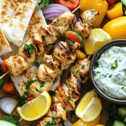 - 1 lb boneless, skinless chicken breast - Marinade ingredients: olive oil, lemon juice, garlic, oregano, cumin, salt, and pepper For Greek Chicken Souvlaki Skewers, start with fresh chicken. The boneless, skinless chicken breast works best. Cut it into 1-inch cubes for even cooking. Next, prepare a flavorful marinade. You will need: - 3 tablespoons extra virgin olive oil - 3 tablespoons freshly squeezed lemon juice - 2 cloves of garlic, finely minced - 1 tablespoon dried oregano - 1 teaspoon ground cumin - Salt and freshly cracked pepper to taste Mix these ingredients in a bowl. This marinade packs a punch, adding zest to your chicken. - Warm pita bread - Homemade Tzatziki sauce - Fresh vegetables for serving Serve your skewers with warm pita bread. Tzatziki sauce is a must for dipping. It’s creamy and cooling, balancing the bold flavors of the chicken. Add fresh vegetables like bell peppers, red onion, and cucumbers to your plate. They add crunch and color. For the full recipe, check out the details above. Enjoy your cooking! First, grab a medium-sized bowl. Add 3 tablespoons of extra virgin olive oil. Next, squeeze in 3 tablespoons of freshly squeezed lemon juice. Then, chop and add 2 cloves of minced garlic. Sprinkle in 1 tablespoon of dried oregano and 1 teaspoon of ground cumin. Finally, add a pinch of salt and some freshly cracked pepper. Whisk everything together until it blends well. This marinade adds great flavor to the chicken. Now, take 1 pound of boneless, skinless chicken breast. Cut it into 1-inch cubes. Place the chicken pieces into the bowl with the marinade. Make sure each piece is fully coated in the mix. Cover the bowl tightly with plastic wrap. Put it in the refrigerator. Let it marinate for at least 30 minutes for good flavor. If you have time, marinating for up to 2 hours makes it even better. Preheat your grill or grill pan over medium-high heat. You want it to get nice and hot. While it heats, take the marinated chicken and thread the cubes onto wooden or metal skewers. If using wooden skewers, soak them in water for 30 minutes to prevent burning. Leave a small gap between each chicken piece. This helps them cook evenly. Once the grill is hot, place the skewers on it. Cook for about 10-12 minutes. Turn the skewers occasionally. This will give you an even char. Make sure the chicken reaches an internal temperature of 165°F. After grilling, remove the skewers and let them sit for a few minutes. This helps the juices stay in the chicken. Enjoy your delicious Greek chicken souvlaki skewers with warm pita bread and Tzatziki sauce. For the full recipe, check out the details above. For the best flavor, marinate your chicken for at least 30 minutes. I recommend marinating for up to 2 hours. This allows the chicken to soak up all the tasty spices and juices. If you have more time, marinate overnight in the fridge. The longer it sits, the better it will taste! To achieve the perfect char, preheat your grill to medium-high heat. Make sure it's hot before adding the skewers. Place the skewers on the grill, and turn them every few minutes. This helps them cook evenly. Aim for a cooking time of about 10-12 minutes. Use a meat thermometer to check for an internal temperature of 165°F. Serve the souvlaki skewers with warm pita bread and Tzatziki sauce. You can also add a fresh salad or grilled veggies on the side. For a fun twist, try adding lemon wedges for an extra burst of flavor. The bright taste of lemon pairs well with the savory chicken! {{image_4}} You can switch the chicken for other proteins. Pork is a great choice. It adds a nice flavor. You can also use beef, which gives a hearty taste. If you want a plant-based option, try tofu. Just make sure to press the tofu first. This helps it soak up the marinade better. Want to spice things up? Add more herbs or spices to your marinade. Fresh rosemary or thyme can enhance the taste. You might also try smoked paprika for a smoky twist. A pinch of chili flakes adds a bit of heat. Mix and match to find your favorite flavor. Grilling is classic, but it's not the only way. You can bake the skewers in the oven. Just preheat it to 400°F and cook for about 15-20 minutes. Air frying is another great option. It gives you a crispy exterior without all the oil. Both methods are easy and convenient. For the full recipe, check out the detailed steps provided earlier. To keep your Greek chicken souvlaki skewers fresh, let them cool completely. Place them in an airtight container. You can store them in the fridge for up to three days. If you plan to keep them longer, freeze them. For freezing, wrap them tightly in plastic wrap and then foil. This prevents freezer burn. When it's time to enjoy your leftovers, reheating is key. You can use an oven or a stovetop. For the oven, preheat to 350°F. Place the skewers on a baking sheet and cover with foil. Heat for about 10-15 minutes. On the stovetop, heat a pan over medium heat. Add a splash of olive oil and place the skewers in the pan. Turn them gently until warmed through. This keeps them juicy and tasty. In the fridge, your Greek chicken souvlaki lasts about three days. If you freeze them, they can last up to three months. Just remember to label your containers with the date. This way, you know when to use them. Enjoy your delicious meal later without worry! Souvlaki is a popular Greek dish. It consists of marinated meat, grilled on skewers. The word "souvlaki" means "little skewer" in Greek. This dish is famous for its bold flavors and simple preparation. Traditionally, it uses pork, chicken, or lamb. People enjoy souvlaki in Greece as street food or at home. It often comes with pita bread and fresh veggies. Souvlaki reflects Greek culinary culture, emphasizing fresh ingredients and grilling. Yes, you can use frozen chicken. However, fresh chicken works best for flavor. If using frozen chicken, thaw it completely first. You can do this in the fridge overnight or use the microwave for a quick thaw. Once thawed, follow the recipe as usual. Marinate the chicken well for optimal taste. Remember, frozen chicken may need a bit longer to grill. Great side dishes include: - Greek salad with tomatoes, cucumbers, and feta cheese - Warm pita bread for wrapping - Homemade Tzatziki sauce for dipping - Grilled vegetables, like bell peppers and zucchini - Rice pilaf with herbs for a filling option These sides complement the savory flavors of the chicken souvlaki well. Yes, you can prep the skewers ahead of time. Marinate the chicken the night before and store it in the fridge. Thread the chicken on the skewers when ready to cook. You can also grill the skewers ahead and reheat them later. To reheat, use a grill or oven at a low temperature. This keeps the chicken juicy and tasty. Greek chicken souvlaki is easy to make and full of flavor. You learned the key ingredients, marinade, and grilling techniques. Remember, marination time can greatly enhance taste. You can swap proteins or try new herbs for variety. Store leftovers properly to enjoy them later. I hope you feel inspired to create your own souvlaki. With simple steps and fun options, this dish brings a taste of Greece to your table. Enjoy your cooking journey and share your delicious results!
