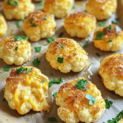 - 1 medium head of cauliflower, cut into bite-sized florets - 1 cup shredded cheddar cheese - 1/2 cup grated Parmesan cheese - 1/2 cup almond flour (or regular all-purpose flour) - 2 large eggs - 1 teaspoon garlic powder - 1 teaspoon onion powder - 1/2 teaspoon smoked paprika - Salt and freshly ground black pepper, to taste - 1/4 cup chopped fresh parsley (for garnish) To make cheesy cauliflower bites, gather these simple ingredients. Start with a medium head of cauliflower. Cut it into small, bite-sized pieces. This makes it easy to eat and helps it cook well. Next, you need cheese. Use one cup of shredded cheddar cheese and half a cup of grated Parmesan cheese. The cheddar adds a rich taste, while Parmesan gives a nice, salty bite. For the mix, you will want half a cup of almond flour or regular all-purpose flour. This helps the cauliflower bites hold together. Add two large eggs, which also act as a binder. Now, for flavor, grab your seasonings. You’ll need one teaspoon of garlic powder and one teaspoon of onion powder. These spices add a warm, savory flavor. Adding half a teaspoon of smoked paprika gives a nice twist. Don’t forget salt and pepper to taste. Finally, for a fresh touch, chop up a quarter cup of fresh parsley. This will be your garnish. With these ingredients ready, you are all set to create a tasty and easy snack. You can find the full recipe for detailed cooking steps. 1. Preheat your oven to 425°F (220°C). This helps the bites cook evenly and get crispy. 2. Prepare a baking sheet by lining it with parchment paper. This stops the bites from sticking. 3. In a large bowl, mix together the shredded cheddar, grated Parmesan, almond flour, garlic powder, onion powder, smoked paprika, salt, and pepper. Stir until everything is well-blended. 4. In another bowl, whisk the two eggs until they are frothy. This will help the batter stick to the cauliflower. 5. Add the cauliflower florets to the egg bowl. Toss them gently to coat each floret well with the egg. 1. Gradually fold the cheese and flour mixture into the egg-coated cauliflower. Use a spatula to stir gently. 2. Make sure every floret gets an even coat of the cheesy mixture. No one wants a naked bite! 1. Spread the coated cauliflower bites onto the prepared baking sheet. Make sure they are in a single layer with space in between. This helps them crisp up nicely. 2. Bake in the preheated oven for 20 to 25 minutes. Flip them halfway through to ensure they brown evenly. 3. Once golden brown and crispy, take them out and let them cool for a few minutes. Sprinkle with chopped parsley before serving. For the full recipe, check out the Cheesy Cauliflower Bites section. Enjoy your tasty and easy snack! To make your cheesy cauliflower bites crispy, space them well on the baking sheet. A good rule is to leave some space between each piece. This allows hot air to flow around them. I recommend preheating your oven to 425°F (220°C). This temperature helps the bites become golden and crunchy. For dipping sauces, ranch dressing or hummus works great. They add a nice flavor boost. For presentation, serve the bites on a wooden platter. Sprinkle extra parsley on top for color. A small bowl of sauce adds a nice touch too. One mistake is overcrowding the baking sheet. This will cause the bites to steam instead of crisp. Another mistake is not preheating the oven. If the oven isn't hot enough, the bites won't cook right. Follow these tips for the best results! For the full recipe, check out the detailed instructions above. {{image_4}} You can change the cheese to fit your taste. Try mozzarella for a milder flavor. Or use pepper jack for a spicy kick. For a twist, mix in feta cheese for a tangy taste. If you want gluten-free bites, swap almond flour with coconut flour. You can also use gluten-free all-purpose flour. This way, everyone can enjoy this tasty snack. Spices can really change the taste of your bites. Add chili powder for heat. Mix in Italian herbs for a classic flavor. You can also try curry powder for a fun twist. Adding veggies boosts nutrition and flavor. Try mixing in finely chopped spinach or bell peppers. They add color and extra nutrients to each bite. You can cook these bites in an air fryer or the oven. The air fryer gives a crispy texture with less oil. Bake them at 425°F for a healthy option. Grilling adds a smoky flavor. Place the bites on a grill basket for easy cooking. This method makes them extra delicious and perfect for summer gatherings. For the full recipe, check out the detailed steps earlier. To store leftover cheesy cauliflower bites, place them in an airtight container. This keeps them fresh and prevents drying out. You can refrigerate them for up to three days. Before serving, reheat them in the oven for a crispy finish. To freeze cheesy cauliflower bites, allow them to cool completely first. Then, arrange them in a single layer on a baking sheet and freeze for two hours. Once frozen, transfer them to a freezer-safe bag. This way, they stay fresh for up to three months. When you're ready to enjoy them, take out the desired amount. Thaw them in the fridge overnight. Reheat in the oven at 375°F (190°C) for about 15-20 minutes. This method ensures they regain their crispy texture. For the full recipe, check out the Cheesy Cauliflower Bites section. You can make Cheesy Cauliflower Bites without eggs by using substitutes. Common options include flaxseed meal or applesauce. For flaxseed, mix one tablespoon with three tablespoons of water. Let it sit until it thickens. Use this mix in place of one egg. Applesauce works well too. Substitute one-fourth cup of applesauce for each egg. This will help bind the ingredients, just like eggs do. Yes, you can easily adjust the spice levels in your Cheesy Cauliflower Bites. Start with the base spices like garlic powder and onion powder. If you like heat, add cayenne pepper or crushed red pepper flakes. For milder flavors, reduce the amount of smoked paprika. Taste the mixture before baking. This way, you can find the right balance for your taste buds. Cheesy Cauliflower Bites pair well with many dishes and drinks. Try serving them with a cool ranch dip or creamy hummus. For drinks, sparkling water or iced tea complements the bites nicely. You can also add a fresh salad on the side for a complete meal. These bites make a great appetizer or snack for any get-together. Check out the Full Recipe for more ideas! In this post, we covered how to make delicious Cheesy Cauliflower Bites. We discussed ingredients, step-by-step instructions, and cooking tips. Remember, baking at the right temperature is key for crispy bites. Experiment with different cheeses and spices to make the recipe your own. Store leftovers well for yummy snacks later. With these ideas, you can enjoy tasty bites any time. Enjoy your cooking journey!