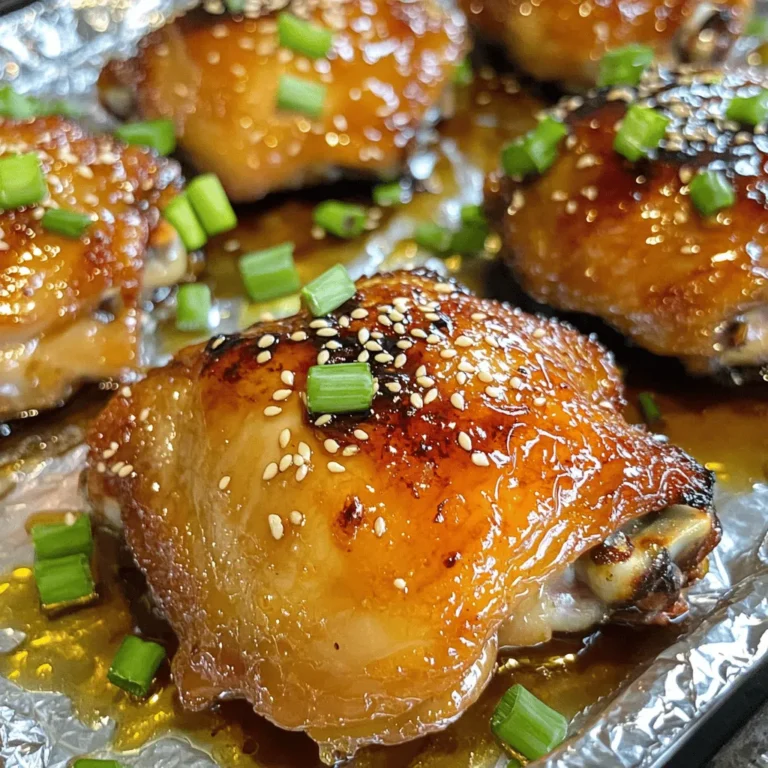 - 4 bone-in chicken thighs, skin on - 1/4 cup honey - 1/4 cup low-sodium soy sauce - 4 cloves garlic, minced - 1 tablespoon fresh ginger, grated - 2 tablespoons olive oil - 1 teaspoon sesame oil - Salt and pepper to taste - 1 tablespoon rice vinegar - 2 green onions, thinly sliced (for garnish) - Sesame seeds (for garnish) - Mixing bowl - Resealable plastic bag or shallow dish - Baking sheet - Small saucepan - Meat thermometer When I make honey garlic chicken thighs, I keep my ingredients simple but fresh. Start with bone-in chicken thighs. The skin adds flavor and crispiness. Honey and soy sauce create that sweet and salty mix. I love adding garlic and ginger for a punch. Olive oil and sesame oil give a smooth touch. For tools, a mixing bowl is key for the marinade. A resealable bag helps coat the chicken well. A baking sheet will catch all the drips while cooking. A small saucepan is needed to thicken the leftover marinade. Finally, a meat thermometer ensures your chicken is safe to eat. This recipe is all about balance and ease. For the full recipe, check the detailed instructions. - First, make the marinade. In a medium bowl, whisk together honey, soy sauce, minced garlic, grated ginger, olive oil, sesame oil, rice vinegar, salt, and pepper. Mix until smooth. - Next, take the chicken thighs and place them in a large resealable bag or shallow dish. Pour the marinade over the chicken, ensuring each piece is well-coated. Seal the bag or cover the dish with plastic wrap. Refrigerate for at least 30 minutes. For the best flavor, let it marinate for up to 2 hours. - Preheat your oven to 400°F (200°C) while the chicken marinates. - Once the chicken has marinated, remove it from the marinade. Place the chicken thighs skin-side up on a baking sheet lined with foil or parchment paper. Set aside the leftover marinade for later. - Bake the chicken thighs in the preheated oven for 25-30 minutes. Use a meat thermometer to check if the thickest part reads 165°F (75°C). The skin should be crispy and golden. - While the chicken cooks, pour the reserved marinade into a small saucepan. Bring it to a simmer over medium heat. Cook for about 10 minutes until it thickens slightly. - After the chicken is done, take it out of the oven. Brush the thickened marinade generously over the chicken thighs. This adds extra flavor. - To serve, garnish the chicken with sliced green onions and a sprinkle of sesame seeds for a lovely finish. Enjoy your Honey Garlic Chicken Thighs! For the full recipe, check out the details above. - Use fresh ingredients for the best results. Fresh garlic and ginger bring a lively taste. - Allow ample marinating time for deeper flavor. I recommend at least 30 minutes. If you have time, marinate for up to 2 hours. - Bake on high heat. Set your oven to 400°F (200°C). This helps the skin get crispy. - Avoid covering the chicken during cooking. It keeps the skin nice and crunchy. - Honey garlic chicken thighs pair well with jasmine rice. The rice soaks up the savory sauce. - Add sautéed vegetables for a complete meal. Broccoli, bell peppers, or snap peas work well. {{image_4}} You can switch out honey for maple syrup or agave nectar. Both add a rich sweetness. Maple syrup brings a warm flavor, while agave is lighter. These options work well if you have allergies or prefer a different taste. Just use the same amount as the honey in the recipe. You don’t have to bake the chicken thighs. An air fryer is a great choice. It cooks quickly and gives you crispy skin. Just set it to 375°F and cook for about 20 minutes. Grilling is also fun! It adds a smoky flavor. Cook the thighs over medium heat for about 6-7 minutes per side. Both methods keep the chicken juicy and full of flavor. If you want a leaner dish, use chicken breasts. They cook faster but can dry out. To prevent this, marinate them for at least an hour. Cook until they reach 165°F. The taste will be great, but the texture will differ. You can still enjoy that honey garlic goodness! For the full recipe, check the main article. To keep your honey garlic chicken thighs fresh, store leftovers in the fridge. Place them in an airtight container. Make sure the container seals well to prevent air from getting in. This helps keep your chicken moist and tasty. You can store the chicken in the fridge for up to four days. If you want to enjoy it later, make sure to cool it to room temperature before sealing it up. You can freeze cooked chicken thighs if you want to save them for later. First, let the chicken cool completely. Then, wrap each thigh in plastic wrap. Place the wrapped thighs in a freezer bag. Squeeze out all the air before sealing it. This will help avoid freezer burn. You can freeze them for up to three months. To reheat, thaw the chicken in the fridge overnight. Then, warm it in the oven at 350°F (175°C) until heated through. Choose the right containers to store your chicken. Glass or plastic containers with tight-fitting lids work best. Look for containers labeled as airtight. These will keep moisture in and air out, extending the shelf life. You can also use freezer bags for saving space in the freezer. Just remember to label them with the date so you know when to eat them. For the full recipe, check the earlier section. I recommend marinating honey garlic chicken thighs for at least 30 minutes. This allows the flavors to soak in deeply. For the best taste, try to marinate for up to 2 hours. This longer time really boosts the flavor and makes the chicken tender and juicy. Yes, you can use boneless chicken thighs. With boneless thighs, the cooking time changes. You should bake them for about 20-25 minutes. Always check the internal temperature. It should reach 165°F (75°C) to be safe to eat. The marinade will still work well, giving you that sweet and garlicky flavor. Honey garlic chicken thighs pair well with many sides. I love serving them with steamed jasmine rice. The rice soaks up the sauce nicely. You can also add sautéed vegetables for a colorful plate. Try broccoli or green beans for a fresh crunch. Another great choice is a simple salad to balance the meal. This blog post covered a delicious honey garlic chicken recipe. We explored the essential ingredients, tools, and step-by-step instructions. I shared tips for perfect flavor and crispy skin, along with storage methods. You can make variations to fit your taste, too. Cooking can be fun and simple. With this guide, you can wow your family and friends. Enjoy your cooking journey and savor every bite!