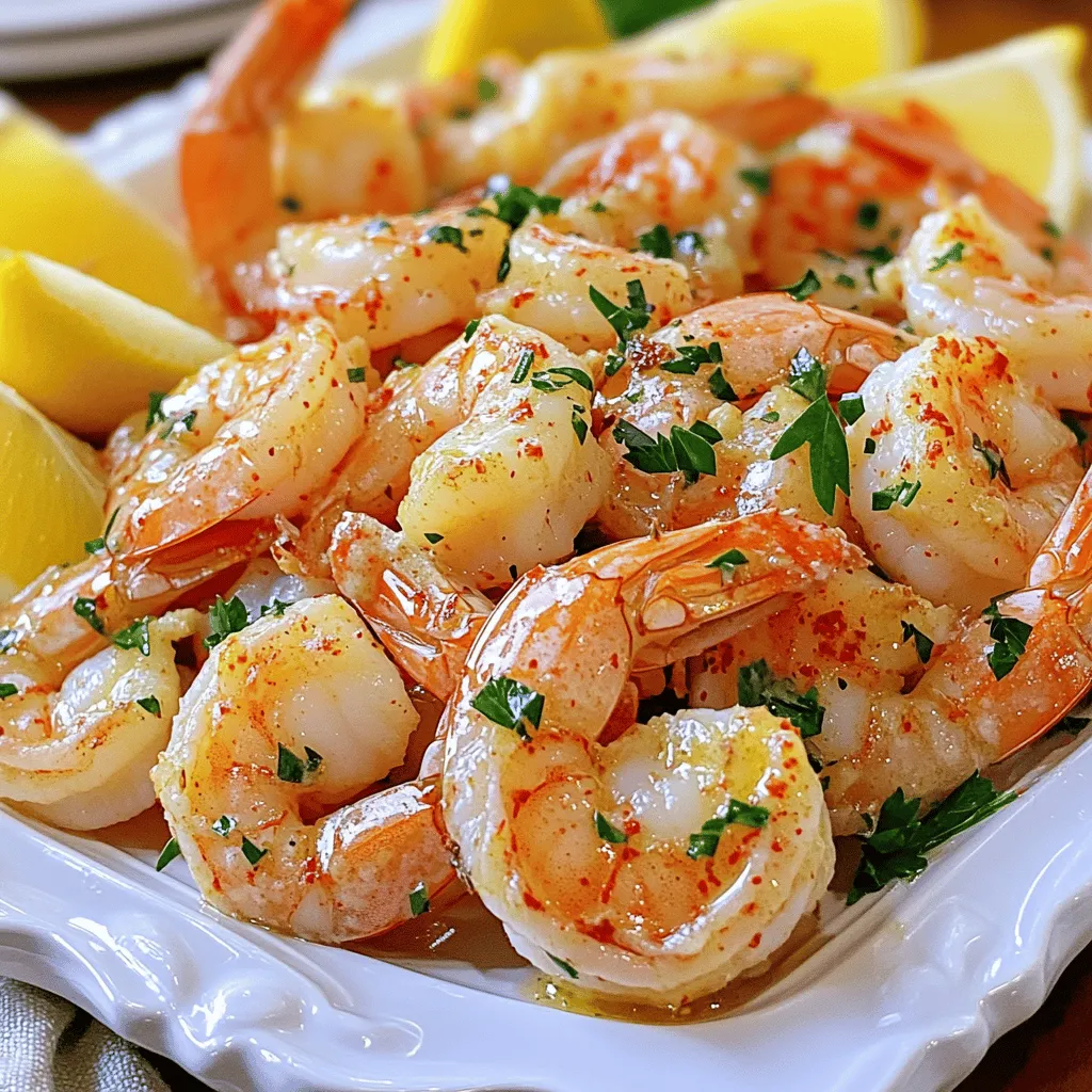 For this dish, you will need the following main ingredients: - 1 pound large shrimp, peeled and deveined - 4 tablespoons unsalted butter - 6 cloves garlic, minced - 1 tablespoon fresh parsley, finely chopped - 1 teaspoon smoked paprika - 1 teaspoon lemon zest - ½ teaspoon red pepper flakes - Salt and freshly ground pepper to taste - Lemon wedges for serving These ingredients work together to create a rich and flavorful dish. The shrimp absorb the garlic butter, while the spices add depth. You can add optional ingredients to make this dish even better: - A splash of white wine for acidity - Diced tomatoes for freshness - Capers for a salty kick - Fresh basil or cilantro for an herbaceous note These extras can change the dish's taste. Feel free to mix and match based on what you love! Choosing fresh shrimp is key for great flavor. Here are some tips to help you select the best: - Look for shrimp with a firm texture. They should feel springy. - Choose shrimp that smells clean and mild. Avoid any strong odors. - Opt for shrimp with a shiny shell. Dull shells can mean they are not fresh. - If possible, buy shrimp from a trusted source that practices sustainable fishing. Fresh shrimp leads to a tasty meal. Trust your senses when selecting shrimp to ensure a delightful experience. For a complete guide on preparing this dish, check out the Full Recipe. Start by gathering your ingredients. You need: - 1 pound large shrimp, peeled and deveined - 4 tablespoons unsalted butter - 6 cloves garlic, minced - 1 tablespoon fresh parsley, finely chopped - 1 teaspoon smoked paprika - 1 teaspoon lemon zest - ½ teaspoon red pepper flakes - Salt and pepper to taste - Lemon wedges for serving Next, preheat your oven to 400°F (200°C). This temperature is perfect for roasting shrimp. In a small saucepan, melt the butter over medium heat. Once melted, add the minced garlic. Stir it for 1-2 minutes until it turns golden. Be careful not to burn the garlic; it can taste bitter if overcooked. Remove the saucepan from the heat. Mix in the parsley, smoked paprika, lemon zest, red pepper flakes, salt, and pepper. Stir well to combine everything. The aroma will be amazing! In a large bowl, place your cleaned shrimp. Pour the garlic butter mix over the shrimp. Toss them gently until each shrimp is coated evenly. This step is key for flavor. Make sure every shrimp gets a bit of that garlic butter goodness. It makes a big difference in taste. Line a baking sheet with parchment paper. This keeps the shrimp from sticking. Lay the shrimp in a single layer, ensuring they are not crowded. This helps them cook evenly. Place the baking sheet in your preheated oven. Roast the shrimp for 8-10 minutes. They are done when they turn pink and opaque. Once they are cooked, remove the shrimp from the oven. Squeeze fresh lemon juice over the top. This adds a nice zing! For the full recipe, check out the Garlic Butter Roasted Shrimp Delight section. Enjoy your tasty meal! When cooking shrimp, it's easy to make mistakes. Here are some common ones to watch for: - Overcooking: Shrimp cooks fast. They can turn rubbery if cooked too long. Keep an eye on them. - Not peeling correctly: Make sure to peel and devein the shrimp well. The shells can affect the taste. - Skipping seasoning: Don’t forget to season your shrimp. It enhances the flavor a lot. Shrimp should be pink and opaque when they are done. Here are some signs: - Color change: Look for a bright pink hue. This shows they are ready. - Texture: The shrimp should be firm but tender. If they feel mushy, they may be overcooked. - Curling: Cooked shrimp curl into a "C" shape. If they form an "O," they might be overcooked. Adding fresh herbs makes your shrimp taste better. Here are some great options: - Parsley: Adds a fresh, green flavor. It's great in the garlic butter mix. - Basil: This herb gives a sweet and slightly peppery taste. It's perfect for a twist. - Thyme: A bit of thyme can add depth. It pairs well with garlic. For seasoning, try these: - Lemon zest: It brightens up the dish and adds a fresh zing. - Smoked paprika: This spice gives a nice, smoky flavor to your shrimp. - Red pepper flakes: Adjust the amount based on your heat preference. They add a kick! For the full recipe, check out Garlic Butter Roasted Shrimp Delight. Enjoy cooking! {{image_4}} I love a kick in my shrimp! To make spicy garlic butter shrimp, add more red pepper flakes. You can use up to 1 teaspoon if you like it hot. Another option is to add diced jalapeños for fresh heat. This gives the dish a vibrant flavor. Serve it with rice or pasta to balance the spice. If you enjoy fresh flavors, try lemon herb garlic shrimp. Just squeeze more lemon juice into the garlic butter mix. You can also add fresh herbs like basil or thyme. These herbs brighten the dish. This version pairs well with a light salad or crusty bread. It’s a great way to change things up! Grilling adds a smoky flavor to garlic butter shrimp. To make skewers, thread the shrimp onto soaked wooden sticks. Brush them with the garlic butter mixture before grilling. Cook them over medium heat for around 2-3 minutes per side. This method is fun for summer cookouts. Enjoy them hot off the grill, with extra garlic butter on the side. For the full recipe, check out the steps above. To keep your garlic butter roasted shrimp fresh, place them in an airtight container. Make sure to let the shrimp cool to room temperature first. Store the container in the fridge. Your shrimp will stay good for up to three days. If you plan to eat them later, do not add lemon juice until you reheat. When you are ready to eat your leftovers, reheating is key. The best way to reheat shrimp is in a pan. Put a little butter in the pan over low heat. Add the shrimp and cook for about three to four minutes. Stir gently to heat evenly. This keeps the shrimp juicy and tasty. You can also use the microwave, but be careful. Heat in short bursts, stirring in between, to avoid overcooking. Freezing garlic butter shrimp is a great option if you have extra. First, let the shrimp cool completely. Then, place them in a freezer-safe bag. Squeeze out as much air as you can before sealing. Label the bag with the date. You can freeze them for up to three months. When you want to eat them, thaw in the fridge overnight. Reheat as described above for the best flavor and texture. For the full recipe, check out the details above! Yes, you can use frozen shrimp. Make sure to thaw them first. Place the shrimp in a bowl of cold water for about 15-20 minutes. This method helps keep them firm. After thawing, pat them dry with paper towels. This step removes excess moisture and helps the shrimp roast better. Garlic butter roasted shrimp is very versatile. It pairs well with many sides. Consider serving it with: - Steamed rice - Garlic bread - A fresh garden salad - Pasta tossed in olive oil - Roasted vegetables These dishes complement the shrimp's rich flavors and create a well-rounded meal. To make this dish dairy-free, substitute butter with olive oil or coconut oil. Both options work well and add unique flavors. You can also use vegan butter if you prefer. The key is to maintain the garlic and herb mix to keep the dish tasty. Adjust the cooking method slightly to ensure the oil does not burn. Garlic butter roasted shrimp is easy and delicious. We covered the ingredients, like fresh shrimp and herbs, to make your dish pop. I shared steps for preparation and roasting that ensure perfect shrimp. Remember to avoid common mistakes for the best results. You can also explore different flavors with variations like spicy or zesty. Finally, knowing how to store leftovers keeps your shrimp tasty later. Enjoy this dish, and make it your own!