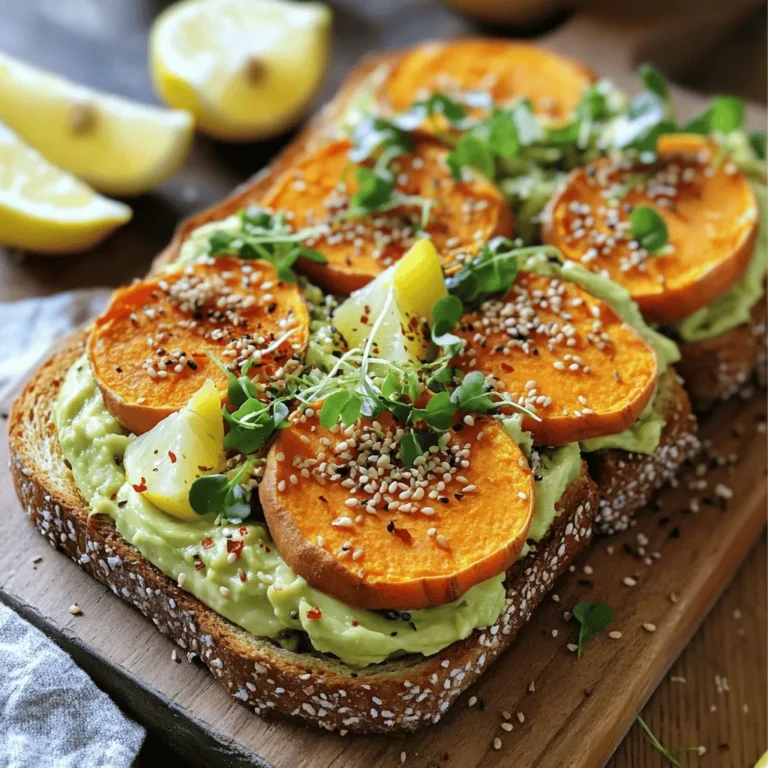 To create the perfect sweet potato avocado toast, gather these fresh ingredients: - Sweet potato - Ripe avocado - Fresh lemon juice - Garlic powder - Smoked paprika - Salt and pepper - Whole grain bread - Optional toppings These ingredients are key to making a delicious and healthy meal. The sweet potato adds a natural sweetness and creaminess to the toast. The ripe avocado brings in healthy fats and a rich texture. The fresh lemon juice brightens the flavors, while garlic powder and smoked paprika add a nice savory touch. When you pick your sweet potato, choose one that feels firm and has smooth skin. For the avocado, look for one that gives slightly when pressed. This means it's ripe and ready to mash. Whole grain bread offers a hearty base, but you can use any bread you like. Optional toppings let you get creative. Try crushed red pepper flakes for heat, hemp seeds for crunch, or microgreens for a fresh finish. Each ingredient plays a role in making your toast not just tasty, but also visually appealing. For the full recipe, check out Sweet Potato Avocado Toast. - Preheat the oven: Set your oven to 400°F (200°C). This step gets the heat ready for cooking. - Slice and season sweet potatoes: Peel the sweet potato. Cut it into 1/2-inch thick rounds. Toss the slices with olive oil, salt, and black pepper in a bowl. - Roast until golden: Place the slices on a baking sheet. Roast for 25-30 minutes. Turn them halfway through. They should be tender and lightly golden when done. - Halve and pit the avocado: Cut the avocado in half. Carefully remove the pit with a spoon or knife. - Mash and season avocado: Scoop the flesh into a bowl. Use a fork to mash it silky or chunky. Mix in lemon juice, garlic powder, smoked paprika, salt, and pepper. Taste it to make sure it’s flavorful. - Methods for toasting: Use a toaster or grill to toast the bread. Aim for a golden, crisp texture. - Best bread types for toasting: Whole grain bread works best. It adds a nice nutty flavor and holds up well. - Layer sweet potatoes on bread: Once roasted, place sweet potato slices on the warm toasted bread. - Spread avocado mash over sweet potatoes: Generously cover the sweet potatoes with the mashed avocado. This adds creamy goodness to each bite. - Suggestions for enhancing flavor: Sprinkle crushed red pepper flakes on top for heat. Add hemp seeds for crunch. - Presentation ideas: Serve your toast on a wooden board or stylish plate. Include lemon wedges for color and extra zest. For the full recipe, refer to the Sweet Potato Avocado Toast instructions above. To get sweet potatoes just right, cut them into even slices. Aim for 1/2-inch thick rounds. This size helps them cook evenly. Toss the slices in olive oil and season with salt. Make sure all pieces are coated well. For sweetness, try roasting at 400°F. This temperature brings out their natural sugars. Don't forget to turn them halfway. This helps each side turn golden and tender. You want a nice caramelized look on the outside. Want to add more flavor? Consider spices like cumin or chili powder. These can give your toast a nice kick. You can also add fresh herbs like cilantro or basil for a fresh taste. If you like spreads, try hummus or a nut butter. They pair well with avocado. Each option brings a new twist to your toast. Don't be afraid to experiment. For a stunning look, serve your toast on a wooden board. Add some lemon wedges for color. This will brighten up the meal. You can also pair your toast with a side salad. A light arugula salad works well. Or serve it with a bowl of soup. It makes for a filling and balanced meal. For the complete guide, check out the Full Recipe. {{image_4}} If you need a gluten-free choice, try different bases. You can use rice cakes or gluten-free bread. These options let you enjoy the same great taste without any gluten. For vegan and vegetarian twists, get creative with toppings. You can add sliced radishes, cherry tomatoes, or even pickled onions. These add color and crunch. If you want a nutritional boost, sprinkle some chia seeds or nutritional yeast on top. They add flavor and extra nutrients. Change your toast with the seasons. In spring, add fresh herbs like basil or dill. In fall, try topping it with roasted Brussels sprouts or pumpkin seeds. These seasonal ingredients keep your meal fresh and exciting. You can always adapt the recipe to fit what's in season! To keep your sweet potato avocado toast fresh, store it properly. First, separate the sweet potato and avocado mix. This way, the avocado won’t turn brown. Place the sweet potato in an airtight container in the fridge. It stays good for about 3 days. For the avocado, squeeze a bit of lemon juice on top before sealing. This helps slow down browning. Use the leftovers for a quick meal later. To reheat the sweet potato, use an oven or a toaster oven. Set it to 350°F (175°C). Place the potato slices on a baking sheet. Heat for about 10 minutes or until warm. Avoid using a microwave, as it can make the sweet potato soggy. For the avocado, it's best to eat it fresh. If it has been stored, use it on the toast without reheating. Can you freeze components? Yes, you can freeze sweet potato slices. Cool the roasted slices and place them in a freezer bag. They last up to 3 months. However, do not freeze the avocado mix. It will change texture and taste when thawed. Tips for freezing sweet potato and avocado: - Use parchment paper between slices for easy removal. - Label your bags with the date for reference. - Thaw sweet potato in the fridge before reheating. Follow this storage guide to maintain the flavors of your sweet potato avocado toast. For the full recipe, check the detailed instructions above. Enjoy your cooking! To make sweet potato avocado toast, follow these simple steps: 1. Roast the Sweet Potato: Preheat your oven to 400°F (200°C). Peel and slice the sweet potato into rounds. Toss the slices in olive oil, salt, and pepper. Arrange them on a baking sheet and roast for 25-30 minutes. 2. Prepare the Avocado: Cut the avocado in half and remove the pit. Scoop out the flesh into a bowl. Mash the avocado with a fork, adding lemon juice, garlic powder, smoked paprika, salt, and pepper. 3. Toast the Bread: Toast your slices of whole grain bread until golden and crisp. 4. Assemble the Toast: Place the roasted sweet potato slices on the toast. Spread the avocado mash over the sweet potatoes. 5. Add Optional Toppings: Top with crushed red pepper flakes, hemp seeds, or microgreens for extra flavor. Sweet potatoes are rich in vitamins A and C, fiber, and antioxidants. They support eye health and boost your immune system. Avocados provide healthy fats, potassium, and vitamins E and K. They help improve heart health and keep your skin glowing. Together, they make a powerful duo for nutrition. Yes, you can prep some parts ahead. Roast sweet potato slices and store them in the fridge for up to three days. You can also mash the avocado a few hours in advance. Just add lemon juice to help prevent browning. Toast the bread fresh before serving for the best taste and texture. You can enhance your toast with many toppings. Try adding crushed red pepper flakes for heat, hemp seeds for crunch, or microgreens for freshness. You might also sprinkle feta cheese, cherry tomatoes, or radish slices on top. Get creative and mix flavors to suit your taste! For the full recipe, check the Sweet Potato Avocado Toast section above. This post covered making sweet potato avocado toast from start to finish. We explored ingredients, roasting steps, and how to assemble the dish. I shared tips for perfecting flavors and creative serving ideas. Remember, you can customize this recipe to fit your taste. It’s easy to adapt for gluten-free or vegan diets. Enjoy this simple yet tasty dish any time. Keep it fresh and share with friends for a delightful experience.