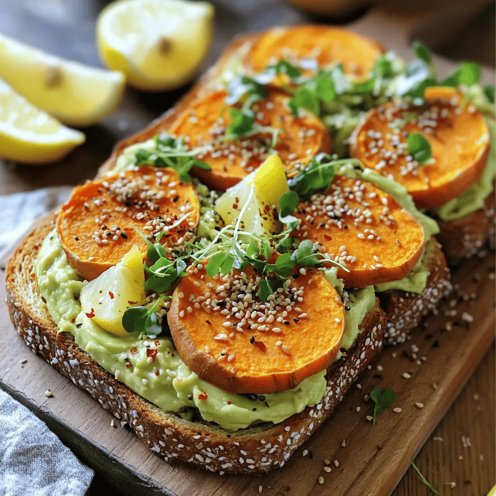 To create the perfect sweet potato avocado toast, gather these fresh ingredients: - Sweet potato - Ripe avocado - Fresh lemon juice - Garlic powder - Smoked paprika - Salt and pepper - Whole grain bread - Optional toppings These ingredients are key to making a delicious and healthy meal. The sweet potato adds a natural sweetness and creaminess to the toast. The ripe avocado brings in healthy fats and a rich texture. The fresh lemon juice brightens the flavors, while garlic powder and smoked paprika add a nice savory touch. When you pick your sweet potato, choose one that feels firm and has smooth skin. For the avocado, look for one that gives slightly when pressed. This means it's ripe and ready to mash. Whole grain bread offers a hearty base, but you can use any bread you like. Optional toppings let you get creative. Try crushed red pepper flakes for heat, hemp seeds for crunch, or microgreens for a fresh finish. Each ingredient plays a role in making your toast not just tasty, but also visually appealing. For the full recipe, check out Sweet Potato Avocado Toast. - Preheat the oven: Set your oven to 400°F (200°C). This step gets the heat ready for cooking. - Slice and season sweet potatoes: Peel the sweet potato. Cut it into 1/2-inch thick rounds. Toss the slices with olive oil, salt, and black pepper in a bowl. - Roast until golden: Place the slices on a baking sheet. Roast for 25-30 minutes. Turn them halfway through. They should be tender and lightly golden when done. - Halve and pit the avocado: Cut the avocado in half. Carefully remove the pit with a spoon or knife. - Mash and season avocado: Scoop the flesh into a bowl. Use a fork to mash it silky or chunky. Mix in lemon juice, garlic powder, smoked paprika, salt, and pepper. Taste it to make sure it’s flavorful. - Methods for toasting: Use a toaster or grill to toast the bread. Aim for a golden, crisp texture. - Best bread types for toasting: Whole grain bread works best. It adds a nice nutty flavor and holds up well. - Layer sweet potatoes on bread: Once roasted, place sweet potato slices on the warm toasted bread. - Spread avocado mash over sweet potatoes: Generously cover the sweet potatoes with the mashed avocado. This adds creamy goodness to each bite. - Suggestions for enhancing flavor: Sprinkle crushed red pepper flakes on top for heat. Add hemp seeds for crunch. - Presentation ideas: Serve your toast on a wooden board or stylish plate. Include lemon wedges for color and extra zest. For the full recipe, refer to the Sweet Potato Avocado Toast instructions above. To get sweet potatoes just right, cut them into even slices. Aim for 1/2-inch thick rounds. This size helps them cook evenly. Toss the slices in olive oil and season with salt. Make sure all pieces are coated well. For sweetness, try roasting at 400°F. This temperature brings out their natural sugars. Don't forget to turn them halfway. This helps each side turn golden and tender. You want a nice caramelized look on the outside. Want to add more flavor? Consider spices like cumin or chili powder. These can give your toast a nice kick. You can also add fresh herbs like cilantro or basil for a fresh taste. If you like spreads, try hummus or a nut butter. They pair well with avocado. Each option brings a new twist to your toast. Don't be afraid to experiment. For a stunning look, serve your toast on a wooden board. Add some lemon wedges for color. This will brighten up the meal. You can also pair your toast with a side salad. A light arugula salad works well. Or serve it with a bowl of soup. It makes for a filling and balanced meal. For the complete guide, check out the Full Recipe. {{image_4}} If you need a gluten-free choice, try different bases. You can use rice cakes or gluten-free bread. These options let you enjoy the same great taste without any gluten. For vegan and vegetarian twists, get creative with toppings. You can add sliced radishes, cherry tomatoes, or even pickled onions. These add color and crunch. If you want a nutritional boost, sprinkle some chia seeds or nutritional yeast on top. They add flavor and extra nutrients. Change your toast with the seasons. In spring, add fresh herbs like basil or dill. In fall, try topping it with roasted Brussels sprouts or pumpkin seeds. These seasonal ingredients keep your meal fresh and exciting. You can always adapt the recipe to fit what's in season! To keep your sweet potato avocado toast fresh, store it properly. First, separate the sweet potato and avocado mix. This way, the avocado won’t turn brown. Place the sweet potato in an airtight container in the fridge. It stays good for about 3 days. For the avocado, squeeze a bit of lemon juice on top before sealing. This helps slow down browning. Use the leftovers for a quick meal later. To reheat the sweet potato, use an oven or a toaster oven. Set it to 350°F (175°C). Place the potato slices on a baking sheet. Heat for about 10 minutes or until warm. Avoid using a microwave, as it can make the sweet potato soggy. For the avocado, it's best to eat it fresh. If it has been stored, use it on the toast without reheating. Can you freeze components? Yes, you can freeze sweet potato slices. Cool the roasted slices and place them in a freezer bag. They last up to 3 months. However, do not freeze the avocado mix. It will change texture and taste when thawed. Tips for freezing sweet potato and avocado: - Use parchment paper between slices for easy removal. - Label your bags with the date for reference. - Thaw sweet potato in the fridge before reheating. Follow this storage guide to maintain the flavors of your sweet potato avocado toast. For the full recipe, check the detailed instructions above. Enjoy your cooking! To make sweet potato avocado toast, follow these simple steps: 1. Roast the Sweet Potato: Preheat your oven to 400°F (200°C). Peel and slice the sweet potato into rounds. Toss the slices in olive oil, salt, and pepper. Arrange them on a baking sheet and roast for 25-30 minutes. 2. Prepare the Avocado: Cut the avocado in half and remove the pit. Scoop out the flesh into a bowl. Mash the avocado with a fork, adding lemon juice, garlic powder, smoked paprika, salt, and pepper. 3. Toast the Bread: Toast your slices of whole grain bread until golden and crisp. 4. Assemble the Toast: Place the roasted sweet potato slices on the toast. Spread the avocado mash over the sweet potatoes. 5. Add Optional Toppings: Top with crushed red pepper flakes, hemp seeds, or microgreens for extra flavor. Sweet potatoes are rich in vitamins A and C, fiber, and antioxidants. They support eye health and boost your immune system. Avocados provide healthy fats, potassium, and vitamins E and K. They help improve heart health and keep your skin glowing. Together, they make a powerful duo for nutrition. Yes, you can prep some parts ahead. Roast sweet potato slices and store them in the fridge for up to three days. You can also mash the avocado a few hours in advance. Just add lemon juice to help prevent browning. Toast the bread fresh before serving for the best taste and texture. You can enhance your toast with many toppings. Try adding crushed red pepper flakes for heat, hemp seeds for crunch, or microgreens for freshness. You might also sprinkle feta cheese, cherry tomatoes, or radish slices on top. Get creative and mix flavors to suit your taste! For the full recipe, check the Sweet Potato Avocado Toast section above. This post covered making sweet potato avocado toast from start to finish. We explored ingredients, roasting steps, and how to assemble the dish. I shared tips for perfecting flavors and creative serving ideas. Remember, you can customize this recipe to fit your taste. It’s easy to adapt for gluten-free or vegan diets. Enjoy this simple yet tasty dish any time. Keep it fresh and share with friends for a delightful experience.