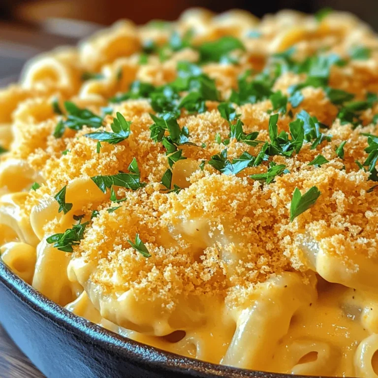 To make Million Dollar Macaroni and Cheese, gather these key ingredients: - 8 oz elbow macaroni - 2 cups sharp cheddar cheese, shredded - 1 cup Gruyère cheese, shredded - 1 cup cream cheese, softened - 4 tablespoons unsalted butter - 1/4 cup all-purpose flour - 3 cups whole milk - 1 teaspoon garlic powder - 1 teaspoon onion powder - 1/2 teaspoon smoked paprika - Salt and pepper to taste - 1/2 cup panko breadcrumbs - 2 tablespoons chopped fresh parsley (for garnish) For a touch of luxury, consider using aged cheddar or a mix of artisanal cheeses. A blend of gouda and fontina can also add richness and depth. If you have dietary needs, here are some swaps: - Use gluten-free pasta if needed. - Substitute cream cheese with a dairy-free option for a vegan twist. - Opt for low-fat milk to reduce calories without losing flavor. For cheese, try using a mix of mozzarella for stretchiness and havarti for creaminess. This can change the taste while keeping it delicious. To make great macaroni and cheese, start with the right pasta. Use elbow macaroni for the best texture. Bring a large pot of salted water to a rolling boil. Then, add the macaroni. Cook it until it is al dente, which means it should be firm but cooked through. This usually takes about 7-9 minutes. Drain the pasta well and set it aside. This step is key to keep the pasta from getting mushy later. Next, you need to make the roux. This is a thick base for your cheese sauce. In the same pot, melt 4 tablespoons of unsalted butter over medium heat. After it melts, sprinkle 1/4 cup of all-purpose flour over the butter. Whisk it for about 2 minutes. You want a smooth paste with no lumps. If you don’t whisk enough, lumps can form. This will ruin the creamy sauce you want. Now, you’ll create the cheese sauce. Gradually pour in 3 cups of whole milk while whisking constantly. This helps prevent lumps from forming. Cook this mixture for about 5-7 minutes until it thickens and bubbles. Then, lower the heat and add 1 cup of softened cream cheese. Stir until it melts completely. Next, add the star players—2 cups of shredded sharp cheddar cheese and 1 cup of shredded Gruyère cheese. Add them a handful at a time, stirring well after each addition. This helps achieve a rich and creamy consistency. Once everything is melted and combined, season with garlic powder, onion powder, smoked paprika, salt, and pepper. Taste the sauce and adjust the seasonings as needed. Finally, mix in the cooked macaroni, ensuring every piece is coated in that cheesy goodness. You can find the full recipe for more detailed steps. Enjoy this delightful dish! To make Million Dollar Macaroni and Cheese even better, think about adding extra seasonings. You can use: - 1 teaspoon of mustard powder for a tangy kick. - A pinch of cayenne pepper for heat. - Fresh garlic for rich flavor. For a gourmet touch, truffles can elevate your dish. Truffle oil is an easy way to add that earthy taste. Just drizzle a small amount on top before serving. You can also mix in gourmet meats like cooked bacon or lobster for a special twist. Plating your macaroni and cheese nicely can make a big difference. Use individual bowls for each serving. This adds a nice touch for guests. To make it even more appealing, garnish with fresh parsley. A sprinkle of smoked paprika on top adds color and flavor. You can also use grated parmesan for a lovely finish. Enjoy the delightful dish! {{image_4}} You can change the cheese in Million Dollar Macaroni and Cheese to suit your taste. Each cheese adds a unique flavor. For a sharper taste, try using aged cheddar. If you want creaminess, include more cream cheese. Gruyère gives a nutty taste that blends well with cheddar. Some other great choices are mozzarella for stretchiness or gouda for a smoky hint. Mixing different cheeses can create a rich, complex flavor. Experiment with your favorites. This dish is all about your personal twist! Want to make your mac and cheese even better? Adding proteins or veggies is a fun option. Cooked chicken or crispy bacon adds heartiness. For a veggie boost, stir in broccoli or spinach. These add color and nutrients to the dish. You can also use seafood like shrimp or crab for a fancy touch. Customize this dish to match your family's likes. Everyone can enjoy their own version of this classic comfort food. The key is to mix and match until you find your favorite. For the full recipe, click here! To keep your Million Dollar Macaroni and Cheese fresh, store leftovers in an airtight container. Let the dish cool to room temperature before sealing it. This step prevents moisture from forming inside and keeps the mac and cheese creamy. Consume within three to five days for the best taste. When reheating, avoid the microwave if possible. Instead, use the oven. Preheat it to 350°F (175°C). Place the mac and cheese in a baking dish, adding a splash of milk to restore creaminess. Cover with foil to prevent drying out. Heat for about 20 minutes or until it’s warm throughout. Freezing macaroni and cheese is a great way to save it for later. First, allow the dish to cool completely. Then, portion it into smaller containers to make reheating easier. Use freezer-safe glass or plastic containers to avoid freezer burn. For the best texture, freeze it without the panko topping. You can add that fresh when you reheat the dish. Label each container with the date for easy tracking. When ready to eat, let it thaw overnight in the fridge before reheating. This method helps maintain its creamy goodness. Yes, you can make this dish ahead of time. To prepare in advance, cook the macaroni and cheese but do not bake it. Once cooled, place it in a covered dish and store it in the fridge. When you are ready to eat, preheat the oven and bake it straight from the fridge. This keeps the flavors intact. You can also prepare the panko topping ahead and store it separately. Absolutely! You can use gluten-free elbow macaroni. Look for brands that are made from rice or corn. Just cook it according to the package instructions. Gluten-free pasta can have a different texture, but it will still taste great in this dish. Make sure to check the cooking time since it may differ from regular pasta. To enhance your meal, pair Million Dollar Macaroni and Cheese with a simple salad. A fresh green salad with a light vinaigrette works well. You can also serve it with garlic bread for a comforting touch. For drinks, a crisp white wine or iced tea complements the rich flavors perfectly. Enjoy the balance of tastes with these sides! In this post, we explored how to create delicious macaroni and cheese. We covered key ingredients, how to make them work, and the best cheese choices. I shared tips for cooking pasta, making a silky roux, and achieving a creamy sauce. We also discussed ways to enhance flavor and beautiful plating ideas. Finally, we looked at storage and common queries about the dish. Now, you have all you need to whip up the best macaroni and cheese. Enjoy each bite and feel free to get creative with it!