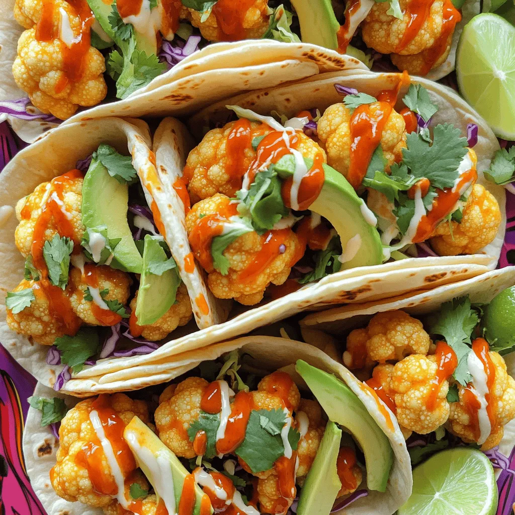 To make delicious buffalo cauliflower tacos, gather these ingredients: - 1 medium head of cauliflower, cut into bite-sized florets - 1 cup all-purpose flour - 1 cup buttermilk (or plant-based milk mixed with 1 tablespoon white vinegar) - 1 cup panko breadcrumbs - 1/2 cup buffalo sauce (store-bought or homemade) - 1 tablespoon olive oil - 1 teaspoon garlic powder - 1 teaspoon onion powder - Salt and pepper to taste - 8 small corn or flour tortillas - 1 ripe avocado, sliced - 1 cup shredded cabbage (green and purple for color) - Fresh cilantro leaves for garnish - Lime wedges for serving If you want to change things up, here are some substitutions: - Swap cauliflower with broccoli for a different taste. - Use chickpea flour instead of all-purpose flour for a gluten-free option. - Replace buttermilk with yogurt for a creamier base. - Try different sauces like sriracha or barbecue sauce for new flavors. - Add toppings like diced tomatoes or pickled onions for extra crunch. Buffalo cauliflower tacos are not just tasty; they also pack a nutritional punch: - Cauliflower is low in calories and high in fiber, promoting good digestion. - Avocado adds healthy fats that are great for your heart. - Cabbage boosts your vitamin C intake, supporting your immune system. - The dish is plant-based, making it a great option for vegetarians. - Each taco is filled with flavor and nutrients, making your meal satisfying and fun! For the complete recipe, you can refer to the Full Recipe section. Start by preheating your oven to 425°F (220°C). This helps the cauliflower crisp up nicely. Next, grab 1 medium head of cauliflower and cut it into bite-sized florets. Aim for even pieces so they cook at the same rate. In a mixing bowl, combine 1 cup of all-purpose flour with 1 teaspoon of garlic powder, 1 teaspoon of onion powder, and a pinch of salt and pepper. Whisk these ingredients together until well mixed. Now, take another bowl and pour in 1 cup of buttermilk. If you're using plant-based milk, add 1 tablespoon of white vinegar to it. This will act as a substitute. Dip each cauliflower floret into the flour mixture, coating it well. Then, submerge it in the buttermilk, letting any extra drip off. Finally, roll it in 1 cup of panko breadcrumbs for a crunchy texture. Prepare a baking sheet by lining it with parchment paper. Place the coated cauliflower florets on this sheet. Drizzle 1 tablespoon of olive oil over them. This step is key to achieving a crispy finish. Bake the florets in your preheated oven for 25-30 minutes. Look for a golden brown color as a sign they are ready. When the time is up, take them out and toss the cauliflower in a mixing bowl with 1/2 cup of buffalo sauce. Make sure every piece gets a nice coating. Return the tray to the oven for another 5-7 minutes to boost the crispiness and flavor. While the cauliflower bakes, warm up 8 small corn or flour tortillas. You can heat them in a skillet or wrap them in aluminum foil and place them in the oven. Once the tortillas are warm, it's time to assemble your tacos! Take a tortilla and add a few pieces of the buffalo-coated cauliflower. Top this with shredded cabbage for crunch, and add a few slices of ripe avocado for creaminess. Finally, sprinkle fresh cilantro leaves over the top for extra flavor. Serve your tacos with lime wedges on the side. This allows guests to squeeze fresh lime juice for added zest. Enjoy! For the complete recipe, check out the [Full Recipe]. For the best texture, start with fresh cauliflower. Cut it into small florets. This helps them cook evenly. When you coat the florets, make sure to shake off the extra flour and buttermilk. This step helps the panko breadcrumbs stick better. Bake them at 425°F for a crispy finish. Lightly drizzle olive oil for extra crunch. Bake until golden brown; this usually takes about 30 minutes. To boost the flavors, use high-quality buffalo sauce. You can make your own if you prefer. Add spices like smoked paprika or cayenne for an extra kick. Don't forget the toppings! Fresh cilantro and avocado add great taste and texture. Shredded cabbage not only looks good but also adds a nice crunch. Squeeze fresh lime juice over the tacos right before eating. This brings out all the flavors. For a lighter version, try baking instead of frying. This keeps the tacos crunchy without extra oil. You can also use whole wheat tortillas for added fiber. If you want a dairy-free option, use plant-based milk for the batter. Adding extra veggies can boost nutrition, too. Try adding bell peppers or greens to the tacos. These small changes can make your meal healthier while still being delicious. For the full recipe, check out [Full Recipe]. {{image_4}} You can make these tacos vegan and gluten-free. Use chickpea flour instead of all-purpose flour. Mix it with water to create a batter. For the buttermilk, use plant-based milk mixed with vinegar. Ensure your panko breadcrumbs are gluten-free. This way, everyone can enjoy the tacos. Besides buffalo sauce, you can try other sauces. BBQ sauce adds a sweet twist. Ranch dressing gives a creamy balance. For toppings, consider diced tomatoes, jalapeños, or pickled onions. Each adds a unique flavor to your tacos. Feel free to mix and match for fun! Serve your tacos with fresh lime wedges. They add a zesty kick. You can also place extra buffalo sauce on the side. Pair with a light salad or chips for a complete meal. For a fun touch, offer a taco bar. Let everyone create their own taco masterpiece! To store leftover Buffalo Cauliflower Tacos, first let them cool down. Place the tacos in an airtight container. Keep them in the fridge for up to three days. If you have extra cauliflower, store that separately. This keeps the tortillas from getting soggy. Reheat your tacos in the oven for the best results. Preheat the oven to 350°F (175°C). Place the tacos on a baking sheet and heat for about 10 minutes. This method helps keep them crispy. You can also use a microwave, but it may make the tortillas soft. Heat in short bursts to avoid overcooking. You can freeze the buffalo cauliflower for later use. First, let the cooked cauliflower cool completely. Place it in a freezer-safe container or bag. Store it for up to three months. When you’re ready to eat, thaw in the fridge overnight. Reheat it in the oven as mentioned above for a tasty treat. Enjoy your Buffalo Cauliflower Tacos again with ease! Check the Full Recipe for more details. You can pair these tacos with many tasty sides. Here are some ideas: - Corn salad: Sweet corn adds a nice crunch. - Black beans: They give protein and flavor. - Guacamole: Creamy avocado balances the spice. - Coleslaw: A cool, crunchy side works great. - Rice: Fluffy rice complements the tacos well. These sides make your meal more fun and filling. Yes! You can prep parts of the tacos in advance. Here's how: - Cauliflower: Bake the cauliflower and store it in the fridge. - Tortillas: Warm them right before serving. - Toppings: Prepare avocado and cabbage ahead of time. When ready, assemble your tacos and enjoy. This saves time on busy days! Making your own buffalo sauce is easy and fun. Here’s a simple recipe: - Ingredients: - 1/2 cup hot sauce (like Frank’s RedHot) - 1/4 cup melted butter or vegan butter - 1 tablespoon vinegar - 1 teaspoon garlic powder - 1 teaspoon onion powder - Instructions: 1. In a bowl, mix hot sauce and melted butter. 2. Add vinegar, garlic powder, and onion powder. 3. Whisk until smooth. This sauce adds a kick to your tacos! Try it with the full recipe for Buffalo Cauliflower Tacos. Buffalo cauliflower tacos offer a tasty twist on a classic favorite. We covered the ingredients, preparation steps, and tasty variations. You can easily make these tacos your own with different sauces and toppings. Feel free to use substitutions based on your diet. Remember to store and reheat leftovers properly to enjoy them later. These tacos are not just delicious; they also pack a nutritious punch. I hope you try this recipe and enjoy its bold flavors in your kitchen.