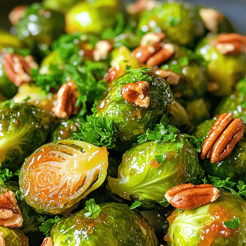 - 1 pound Brussels sprouts - Maple syrup - Garlic powder - Onion powder - Pecans - Fresh parsley To make Maple Glazed Brussels Sprouts, you need just a few key items. First, grab 1 pound of fresh Brussels sprouts. These little green gems are the star of the dish. Next, you’ll want to add some sweetness and depth. Maple syrup gives the sprouts a nice glaze. Garlic powder and onion powder add warmth and flavor. These spices make the dish pop. If you like a bit of crunch, consider adding pecans. They add a lovely texture. Fresh parsley provides a bright touch. It also adds a splash of color to your dish. This simple list of ingredients makes it easy to whip up a tasty side. You’ll find the full recipe in the linked section above. To start, clean and trim the Brussels sprouts. First, rinse them under cold water. This removes dirt and any grit. Next, cut off the tough stem. Then, slice each sprout in half. This helps them cook evenly. You now have bright, fresh sprouts ready for the next step. In a large mixing bowl, toss the halved Brussels sprouts with the glaze. Add 3 tablespoons of extra virgin olive oil and 1/4 cup of pure maple syrup. Sprinkle in 1 teaspoon of garlic powder, 1 teaspoon of onion powder, 1/2 teaspoon of sea salt, and 1/4 teaspoon of black pepper. Use your hands or a spatula to coat the sprouts well. The glaze should cover each piece. This step adds flavor and sweetness to the sprouts. Now, preheat your oven to 400°F (200°C). This temperature is perfect for roasting. While the oven heats, line a baking sheet with parchment paper. This helps prevent sticking. Spread the Brussels sprouts in a single layer on the sheet. Make sure they have space around them. This allows them to roast instead of steam. Bake for 20-25 minutes. Halfway through cooking, stir them. This ensures even roasting. If you want some crunch, add 1/4 cup of chopped pecans during the last 5 minutes. They will toast nicely. Once they are tender and caramelized, take them out and let them cool for a minute. Transfer the sprouts to a serving dish and garnish with fresh parsley. Enjoy your Maple Glazed Brussels Sprouts! For the full recipe, check out the details above. To coat your Brussels sprouts evenly, use a large mixing bowl. Add the halved sprouts with olive oil and maple syrup. Toss them well. Make sure every sprout gets a nice layer of glaze. This step is key for great flavor. You can use your hands or a spatula for this. It helps to get in there and really mix everything. Even roasting is crucial for tasty sprouts. Preheat your oven to 400°F (200°C). Spread the sprouts in a single layer on the baking sheet. This space allows hot air to circulate. Stir them halfway through cooking to avoid burning. If you see any dark spots, that means they need a little more attention. Serving your Maple Glazed Brussels Sprouts nicely makes a big impact. Use a decorative bowl to show off the vibrant colors. You can sprinkle whole pecans on top for a nice touch. Adding fresh parsley not only looks great but also adds a fresh taste. This dish pairs well with roasted meats or can stand alone as a vegetarian option. For the full recipe, check out the detailed instructions above. {{image_4}} To change up the taste of your Maple Glazed Brussels Sprouts, try adding balsamic vinegar. This adds a tangy twist to the sweet maple flavor. You can also sprinkle in spices like cayenne pepper for heat or smoked paprika for a deeper flavor. These small changes make a big impact. Feel free to experiment and find your favorite mix! You can easily make this recipe vegan by omitting the pecans or using a nut substitute. Also, check your maple syrup to ensure it is pure and vegan. To make it gluten-free, confirm that all ingredients are certified gluten-free. Most of them are, so it’s simple to adapt! If you want to switch up the nuts, consider walnuts or almonds. They add different textures and flavors. You can also use sunflower seeds for a nut-free option. For garnishes, try crumbled feta or goat cheese for a creamy finish. Fresh herbs like thyme or chives can brighten the dish as well. Each choice adds its own special touch to the sprouts. For the complete experience, check out the Full Recipe and dive into these tasty variations! To keep your Maple Glazed Brussels Sprouts fresh, place them in an airtight container. Glass or plastic containers work well. Make sure to let them cool first. Seal the container tightly to prevent moisture loss. Store in the fridge for up to three days. When reheating, aim to keep the flavor and texture intact. The best way is to use a skillet on low heat. Add a splash of water or broth to help steam them slightly. Stir often to prevent sticking. You can also reheat in the oven at 350°F (175°C) for about 10-15 minutes. This method helps restore the crispy edges. Freezing is a great option if you have a lot left over. First, let the Brussels sprouts cool completely. Then, spread them on a baking sheet in a single layer. Freeze them for about an hour. Once they are frozen, transfer them to a freezer bag or container. Make sure to remove as much air as possible. They can be frozen for up to three months. To thaw, place them in the fridge overnight or use the microwave on low. Yes, you can make Maple Glazed Brussels Sprouts in advance. Prepare them up to the point of roasting. Store the tossed Brussels sprouts in the fridge for up to two days. When you are ready to cook, just roast them straight from the fridge. This helps keep the flavors fresh and bright. These delicious sprouts pair well with many foods. Try serving them with roasted chicken or pork. They also work great with quinoa or brown rice. For a vegetarian meal, enjoy them alongside a hearty grain salad. They add a sweet and savory touch to any plate! Look for a golden-brown color on the outside. The sprouts should be tender when you poke them with a fork. You can also check for caramelization, which adds great flavor. When they smell sweet and nutty, they are ready to eat! In this blog post, we covered how to make tasty Maple Glazed Brussels sprouts. We discussed essential ingredients like Brussels sprouts, maple syrup, and garlic powder. You learned step-by-step instructions, tips for the perfect glaze, and storage methods. Adding your favorite nuts or spices can make this dish even better. Lastly, remember that it's easy to adjust for diets. Try this recipe, and enjoy your sprouts in a new way!
