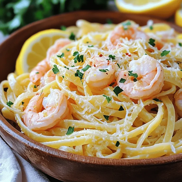 Here’s what you need for Lemon Garlic Shrimp Pasta: - 8 oz linguine pasta - 1 lb large shrimp, peeled and deveined - 4 cloves garlic, finely minced - 3 tablespoons extra virgin olive oil - Zest and juice of 1 large lemon - 1/2 teaspoon red pepper flakes - 1/4 cup fresh parsley, finely chopped - Salt and freshly ground black pepper, to taste - 1/4 cup grated Parmesan cheese (optional) These ingredients create a bright, fresh dish with bold flavors. The shrimp adds protein, while the garlic and lemon elevate the taste. You can try these for a twist: - Cherry tomatoes for a pop of color and sweetness. - Spinach or arugula for added greens. - Capers for a briny kick. - Whole wheat pasta for a healthier option. Feel free to mix and match based on your tastes. This dish serves about four people. Each serving has: - Calories: Approximately 450 - Protein: 30g - Carbohydrates: 50g - Fat: 15g The shrimp packs a protein punch, while the pasta provides energy. Using olive oil adds healthy fats. You can adjust the ingredients to fit your dietary needs. For the full recipe, check the recipe section. Enjoy making this simple, flavorful dish! Start by boiling a large pot of salted water. This adds flavor to the pasta. Once the water boils, add 8 ounces of linguine. Cook it for about 8 to 10 minutes until it is al dente. Before you drain the pasta, save about 1 cup of the starchy water. Drain the pasta and place it back in the pot. Keep it warm while you prepare the sauce. In a large skillet, pour in 3 tablespoons of extra virgin olive oil. Heat the oil over medium heat until it shimmers. Add 4 cloves of finely minced garlic and 1/2 teaspoon of red pepper flakes. Stir the mixture for about 1 minute. You want the garlic fragrant but not brown. Burnt garlic can make the dish taste bitter, so watch it closely. Now, add 1 pound of peeled and deveined shrimp to the skillet. Sprinkle salt and freshly ground black pepper over the shrimp. Cook for about 2 to 3 minutes. The shrimp should turn pink and opaque. Stir occasionally to ensure they cook evenly. Carefully add the cooked linguine to the skillet with the shrimp. Next, pour in the juice and zest of 1 large lemon. Toss everything together gently. Make sure the pasta is coated in the flavorful oil and juices. If it looks too dry, stir in some reserved pasta water, one tablespoon at a time, until it reaches your desired consistency. Fold in 1/4 cup of finely chopped fresh parsley for a fresh taste. Taste the dish and adjust the seasoning with more salt and black pepper, if needed. If you love cheese, sprinkle in 1/4 cup of grated Parmesan cheese to add creaminess. Plate the pasta in generous portions. To make it look nice, garnish with extra chopped parsley and lemon slices. A drizzle of olive oil on top gives it a lovely shine. Enjoy this delicious meal! You can find the full recipe [here](#). To cook shrimp just right, start with fresh or thawed shrimp. They should be pink and firm. Heat oil over medium heat until it shimmers. Add the shrimp to the pan in a single layer. Don't crowd them; this helps them cook evenly. Cook for 2-3 minutes on each side until they turn opaque. If overcooked, shrimp become rubbery. To boost the flavor, try adding fresh herbs like basil or thyme. A splash of white wine can add depth. For a tangy twist, toss in capers or sun-dried tomatoes. If you love spice, increase the red pepper flakes. A sprinkle of lemon zest brightens the dish and adds freshness. Store leftovers in an airtight container in the fridge for up to 2 days. Reheat gently on low heat to avoid overcooking the shrimp. You can also freeze it, but the shrimp may lose some texture. When reheating from frozen, allow it to thaw in the fridge overnight. Always check for freshness before eating leftovers. For a complete guide, check the Full Recipe for Lemon Garlic Shrimp Pasta. {{image_4}} You can change the pasta you use for this dish. Try penne or spaghetti instead of linguine. These options will still taste great with the lemon and shrimp. Whole wheat or gluten-free pasta work too. Each type brings a unique texture to the meal. Adding vegetables boosts flavor and nutrition. You can toss in fresh spinach or cherry tomatoes. Broccoli or bell peppers also work well. Sauté them with the garlic for a tasty mix. This way, you add crunch and color to your dish. If you don’t want shrimp, other proteins can fit. Scallops or chicken are great alternatives. You can use tofu for a plant-based option. Each protein will soak up the lemon and garlic flavors. Adjust cooking times for the protein you choose. Lemon garlic shrimp pasta is a bright and tasty dish. It blends shrimp with lemon and garlic flavors. The pasta absorbs all the wonderful tastes. This dish is quick and easy to make. You can whip it up in just 20 minutes. Each bite bursts with freshness and zest. The total cooking time is about 20 minutes. Prep takes 10 minutes, and cooking takes another 10 minutes. This recipe serves four people. It's perfect for a dinner with family or friends. For a visual guide, check out video links that show how to make this dish. Watching someone cook can help you learn tips and tricks. Also, explore links to related recipes like garlic butter noodles or shrimp tacos. Enjoy cooking and trying new flavors! Yes, you can use frozen shrimp. Just thaw them first. Place them in cold water for about 15 minutes. This will help them come to room temperature. Then, peel and devein if needed. Using frozen shrimp is a great time-saver. The dish has a mild heat from red pepper flakes. You can adjust the spice level to fit your taste. If you want more heat, add more red pepper flakes. If you prefer it milder, reduce or omit them. To make this dish gluten-free, swap the linguine for gluten-free pasta. There are many options, like rice or quinoa pasta. Just ensure you follow the cooking time on the package. This keeps the dish tasty and safe for gluten-free diets. This pasta pairs well with a fresh salad or garlic bread. Consider a simple arugula salad with lemon vinaigrette. A side of roasted vegetables also complements the dish. These sides add freshness and balance to the meal. Yes, you can prepare this dish ahead of time. Cook the pasta and shrimp separately. Store them in airtight containers in the fridge. When ready to serve, combine them in a skillet and reheat gently. This keeps the flavors fresh and bright. For the full recipe, check the earlier section. This blog post shared a simple guide to making Lemon Garlic Shrimp Pasta. We explored key ingredients, step-by-step cooking instructions, and helpful tips. You learned how to cook shrimp perfectly and enhance flavors. We also covered variations to suit your tastes. Remember, cooking becomes easier with practice. Keep experimenting and enjoying your meals. Happy cooking!