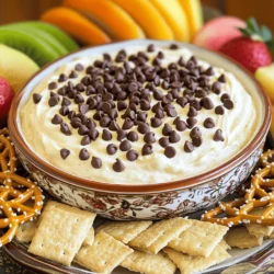 - 8 oz cream cheese, softened - 1 cup powdered sugar, sifted - ½ cup sour cream The main ingredients create the base of this dip. The cream cheese gives it a rich, creamy texture. The powdered sugar adds sweetness, while the sour cream gives a slight tang. These three ingredients mix together to form a smooth and delicious dip. - 1 tsp pure vanilla extract - ½ cup mini chocolate chips (plus extra for garnish) - 1 cup whipped topping (like Cool Whip) Now, let's add flavor! The vanilla extract enriches the taste. Mini chocolate chips bring in that classic chocolate flavor we love. The whipped topping makes the dip light and airy. Together, they create a delightful blend that enhances the cheesecake experience. - Graham crackers - Fresh fruit slices (strawberries, apple wedges) - Pretzels Pairing the dip with dippers is key. Graham crackers offer a sweet crunch that contrasts the creamy dip. Fresh fruit slices add freshness and a juicy bite. Pretzels bring a salty crunch that balances the sweetness. You can mix and match these dippers to make every bite fun. Check out the Full Recipe for more details! - Step 1: Beat cream cheese until smooth. Start with 8 oz of softened cream cheese. Use an electric mixer on medium speed. Mix for about 2-3 minutes. You want it creamy and free of lumps. - Step 2: Gradually incorporate powdered sugar. Measure 1 cup of sifted powdered sugar. Add it slowly to the cream cheese. Keep mixing on low speed. This will help prevent a sugary cloud in your kitchen. - Step 3: Mix in vanilla extract and sour cream. Pour in 1 tsp of pure vanilla extract. Then, add ½ cup of sour cream. Blend on low speed. The mixture will become rich and creamy. - Step 4: Fold in mini chocolate chips and whipped topping. Use a spatula to carefully mix in ½ cup of mini chocolate chips. Then, add 1 cup of whipped topping. Gently fold until everything is well combined. - Step 5: Transfer to serving bowl and chill. Spoon the dip into a nice serving bowl. Cover it with plastic wrap. Chill in the fridge for at least 30 minutes. - Step 6: Present with assorted dippers. When ready, serve with dippers like Graham crackers, fresh fruit slices, or pretzels. Arrange them around the dip for a fun look. For the full recipe, you can refer to the earlier section. Enjoy this delicious treat! To make your dip smooth and creamy, start by beating the cream cheese. Use an electric mixer on medium speed. Mix for about 2-3 minutes until it is very smooth. This step is key for the right mouthfeel. If you skip this, your dip may feel lumpy. Chilling the mixture is important. After mixing, cover the dip with plastic wrap. Place it in the fridge for at least 30 minutes. This time allows the flavors to blend well and makes the dip thicker. Choose a colorful or elegant bowl for serving. A bright bowl can make your dip pop. It draws attention and makes it look even tastier. Sprinkle extra mini chocolate chips on top for a sweet touch. This small step makes a big difference. Arrange your dippers in a circle around the dip. Use Graham crackers, fruit slices, or pretzels. A neat presentation invites guests to dig in and enjoy. A pinch of sea salt can enhance the flavors. It adds a nice contrast to the sweetness. Don’t be afraid to experiment with flavored whipped toppings. Try chocolate or vanilla for a fun twist. These small changes can take your dip from good to great. For the full recipe, check out [Full Recipe]. {{image_4}} You can easily switch up the flavors in your chocolate chip cheesecake dip. Here are two fun ideas: - Peanut butter chocolate chip cheesecake dip: Mix in creamy peanut butter for a nutty flavor. Use about ½ cup of peanut butter along with the cream cheese. It adds richness and pairs perfectly with chocolate chips. - Cookie dough chocolate chip cheesecake dip: For those who love cookie dough, add mini chocolate chips and a splash of vanilla. You can also mix in a bit of flour to mimic the cookie dough taste. If you want to make a lighter dip, consider these options: - Low-fat cream cheese and whipped topping options: Swap regular cream cheese for low-fat cream cheese. It cuts calories without losing much flavor. You can also use light whipped topping to reduce fat. - Using Greek yogurt in place of sour cream: Greek yogurt adds creaminess and a little protein. Replace sour cream with an equal amount of Greek yogurt for a healthy twist. Dippers can change your whole experience! Here are some ideas: - Using cookies, caramel or chocolate sauce: Try dippers like chocolate chip cookies or even drizzling caramel sauce on top. They add a sweet touch and make each bite extra special. - Suggesting savory options like pretzel crisps: For a fun twist, serve with pretzel crisps. Their saltiness balances the sweetness of the dip and adds a crunchy texture. For the complete recipe, check out the Full Recipe. To keep your Chocolate Chip Cheesecake Dip fresh, store it in the refrigerator. Use an airtight container to prevent any odors from affecting the dip. This dip stays tasty for about 3 to 5 days. The chocolate chips will stay soft, and the texture will remain creamy if you store it well. If you want to save some for later, you can freeze the cheesecake dip. Place it in a freezer-safe container and seal it tightly. It can last up to three months in the freezer. When you're ready to enjoy it again, thaw it in the fridge overnight. This method helps keep the dip creamy and delicious. Got leftovers? You can use them in fun ways! Spread the dip on toast or mix it into pancakes for a sweet twist. To extend the life of your dippers, store them in separate bags. Keep Graham crackers and fruit slices fresh by wrapping them tightly. This way, you can enjoy your treats for longer! You want to make your dip look great. First, choose a fun bowl. Then, sprinkle extra mini chocolate chips on top. This adds a nice touch. Next, arrange your dippers around the dip. Use Graham crackers, fruit slices, or pretzels. A circle of dippers makes it inviting and easy to reach. Your guests will love the way it looks and tastes. Yes, you can! Prepare the dip a few hours before you need it. Follow the recipe and chill it in the fridge. This helps the flavors blend well. If you make it a day in advance, it will still taste great. Just remember to cover it tightly with plastic wrap to keep it fresh. This dip stays fresh for about 3 days in the fridge. After that, the texture may change, and it might not taste as good. Always check for any signs of spoilage before serving. If it smells off or looks strange, it’s best to throw it out. Enjoy your Chocolate Chip Cheesecake Dip within those 3 days for the best flavor. In this blog post, we explored how to make a delightful Chocolate Chip Cheesecake Dip. You’ve learned about key ingredients, easy preparation steps, and fun dippers. We shared tips for perfect texture and creative variations. Now, you can impress friends at any gathering or snack time. Remember, this dip is versatile, so feel free to experiment. Enjoy creating your version and make every bite count!