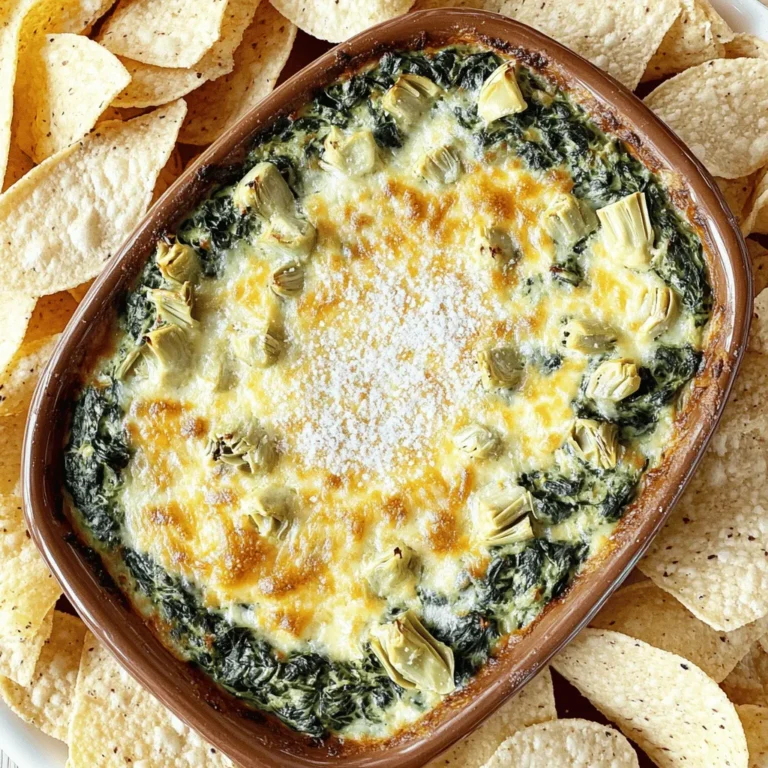 To make the best baked spinach artichoke dip, gather the following items: - 1 cup frozen spinach, thoroughly thawed and well-drained - 1 cup canned artichoke hearts, drained and coarsely chopped - 1 cup cream cheese, softened to room temperature - 1 cup sour cream - 1 cup shredded mozzarella cheese - ½ cup grated Parmesan cheese - 2 cloves garlic, finely minced - 1 teaspoon onion powder - ½ teaspoon crushed red pepper flakes (optional for heat) - Salt and freshly ground black pepper to taste - Tortilla chips or slices of a fresh baguette for serving This dip is packed with flavors and nutrients. Here’s a rough breakdown per serving (based on 8 servings): - Calories: 250 - Protein: 10g - Fat: 20g - Carbohydrates: 10g - Fiber: 2g The dip offers a good mix of protein and healthy fats, perfect for a snack or appetizer. If you can't find some ingredients, don't worry! Here are some easy swaps: - Spinach: You can use fresh spinach instead of frozen. Just wilt it in a pan first. - Artichokes: Substitute with green olives for a different flavor. - Cream Cheese: Greek yogurt can work as a lighter option. - Mozzarella: Try cheddar cheese for a sharper taste. - Sour Cream: You can use plain yogurt as a substitute. - Garlic: Garlic powder can replace fresh garlic if needed. These substitutions keep the dip tasty and fun while meeting your needs. To start, gather your ingredients. You will need frozen spinach, canned artichoke hearts, cream cheese, sour cream, mozzarella cheese, Parmesan cheese, garlic, onion powder, and some spices. 1. First, preheat your oven to 375°F (190°C). This step is key for a good bake. 2. In a large bowl, mix softened cream cheese and sour cream together. Use a hand mixer or spatula to ensure it is creamy and smooth. 3. Next, add the minced garlic, mixing it well. 4. Now, fold in the chopped artichoke hearts and drained spinach. Make sure every bite has these tasty ingredients. 5. Add the mozzarella and Parmesan cheese along with onion powder. If you like heat, toss in some crushed red pepper flakes. Season with salt and pepper. Stir until everything is mixed well. 1. Carefully pour the mixture into a greased baking dish. Spread it evenly with a spatula for even cooking. 2. Place the dish in your preheated oven. Bake for 25-30 minutes. Look for bubbles and a golden brown top to know it’s done. - Make sure your cream cheese is very soft. This helps it blend smoothly. - Let the dip sit for about 5 minutes after baking. This makes it easier to scoop. - For a fun twist, sprinkle extra Parmesan on top before baking for a cheesy crust. Follow these steps, and you will have a warm and cheesy delight that's perfect for sharing. If you want the full recipe, check out the details above. To make the best baked spinach artichoke dip, you need a few simple tools. A mixing bowl helps combine your ingredients well. A spatula is great for folding in the spinach and artichokes. A hand mixer can make your cream cheese and sour cream mix smooth and creamy. Also, have a baking dish ready for that perfect bake. A measuring cup ensures you get the right amounts of each ingredient. Finally, don’t forget oven mitts to keep your hands safe when you take the hot dish out. When serving this dip, think about what pairs well. Tortilla chips are a classic choice; they add crunch and contrast. Slices of fresh baguette are also good, giving a soft bite to the creamy dip. For a fun twist, try serving with veggie sticks like carrots or celery. Not only do they add color, but they also bring a fresh taste. To impress guests, add a sprinkle of extra Parmesan and some parsley on top before serving. You can easily boost the flavor of your dip. Add a teaspoon of lemon juice for a zesty kick. Fresh herbs, like thyme or basil, can make it smell great and taste fresh. If you like spice, add more crushed red pepper flakes. For a smoky flavor, try smoked paprika. You can also mix in some cooked bacon or crumbled feta cheese for added depth. Experimenting with these simple enhancements can take your dip from good to amazing. For the full recipe, check out the details included in the article. {{image_4}} You can easily make this dip gluten-free. Use gluten-free tortilla chips or serve it with fresh veggie sticks. If you buy pre-made chips, check the label to ensure they are gluten-free. This way, everyone can enjoy the dip! To add some heat, mix in crushed red pepper flakes. Start with half a teaspoon, then taste it. You can always add more if you want it spicier. You can also add diced jalapeños for an extra kick. This spicy twist will make your dip stand out! To make a vegan version, swap out the cream cheese and sour cream for plant-based alternatives. Use cashew cream or coconut yogurt for a creamy base. Replace the cheeses with vegan cheese shreds. This way, those who avoid dairy can enjoy a warm, cheesy delight too! For the full recipe, follow the steps given above. To keep your Baked Spinach Artichoke Dip fresh, let it cool down first. Once cooled, transfer it to an airtight container. Store it in the fridge for up to three days. Make sure to cover it tightly to avoid drying out. If you used a lot of cheese, it may harden a bit when chilled. Reheating is simple. Preheat the oven to 350°F (175°C). Place the dip in an oven-safe dish. Cover it with foil to keep it moist. Heat for about 15-20 minutes, or until it is hot and bubbly again. You can also use the microwave. Just heat it in short bursts of 30 seconds, stirring in between. This method works well but may not keep the dip as creamy. You can freeze this dip for later. First, cool it completely. Then, place the dip in a freezer-safe container. Seal it tightly to prevent freezer burn. It can last up to two months in the freezer. To use it, defrost it in the fridge overnight. Reheat as described above for the best taste. For the best flavor and texture, I recommend eating it fresh, but freezing works great for busy days. For the full recipe, visit the section above. Yes, you can prepare the dip in advance. Mix all the ingredients and place them in a baking dish. Cover it and store it in the fridge. You can bake it later. Just remember to let it sit out for a few minutes before baking. This helps it cook evenly. You have many great options for serving. Here are some ideas: - Tortilla chips - Slices of fresh baguette - Pita chips - Veggie sticks like carrots and celery These pair well with the creamy, cheesy dip. Look for a bubbly and golden surface. This means the cheese has melted and mixed well. You can also check if the edges slightly brown. If it looks delicious, it is ready to serve! For the complete instructions and more tips, check the Full Recipe. You will find everything you need to make this tasty treat. Enjoy your cooking adventure! This blog post covered all you need for Baked Spinach Artichoke Dip. We explored the key ingredients, from common flavors to healthy swaps. I shared clear steps for preparation and baking to ensure a perfect dip. You also learned helpful tips, serving ideas, and ways to adapt the recipe. Remember, this dish is easy to store and reheat, making it ideal for gatherings. With these insights, you can create a tasty dip that will impress your guests every time. Enjoy making and sharing your delicious creation!