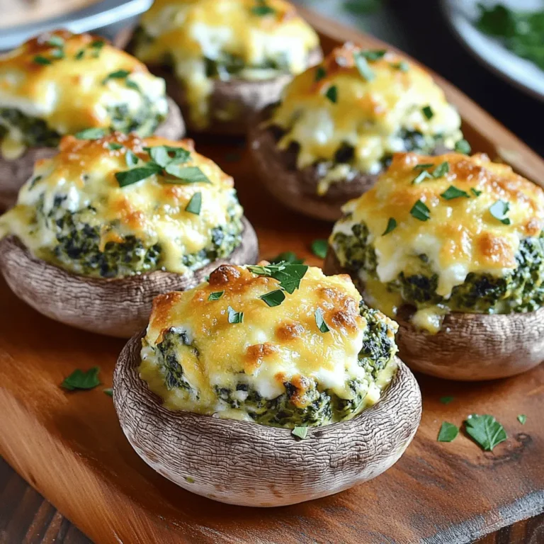 To create cheesy spinach stuffed mushrooms, gather these ingredients: - 12 large cremini or button mushrooms, stems removed - 2 cups fresh spinach, chopped - 1/2 cup cream cheese, softened - 1/2 cup grated mozzarella cheese - 1/4 cup grated Parmesan cheese - 2 cloves garlic, finely minced - 1 tablespoon olive oil - 1/2 teaspoon red pepper flakes (optional) - Salt and pepper to taste - Fresh parsley, chopped for garnish I recommend using fresh spinach for this dish. Fresh spinach gives a bright taste and vibrant color. It wilts nicely and mixes well with the other ingredients. If you use frozen spinach, thaw it first and drain excess water. Otherwise, your filling may become too watery. For this recipe, I suggest using cream cheese, mozzarella, and Parmesan. Cream cheese adds creaminess. Mozzarella melts beautifully and gives a nice stretch. Parmesan adds a sharp flavor. You can also try other cheeses like feta or goat cheese for a twist. Mix and match to find your favorite combination! First, preheat your oven to 375°F (190°C). This heat helps the mushrooms cook well. While the oven warms, gather your ingredients. You will need large mushrooms, fresh spinach, cream cheese, mozzarella, Parmesan, garlic, olive oil, red pepper flakes, salt, and pepper. Make sure all ingredients are ready to go. In a medium skillet, heat olive oil over medium heat. Add the minced garlic and cook for about 1 minute. You want the garlic to smell nice but not burn. Next, add the chopped spinach. Cook it for about 3-4 minutes. Stir often until the spinach wilts down. Season with salt, pepper, and red pepper flakes if you like a little heat. Remove the skillet from heat and let the mixture cool. In a large bowl, mix the softened cream cheese, mozzarella, and Parmesan until they blend well. Then, gently fold in the cooled spinach mixture. Make sure the spinach is mixed evenly with the cheese. Take a spoon or your fingers and stuff the mixture into each mushroom cap. Pack it in well so each bite is full of flavor. Place the stuffed mushrooms on a baking sheet lined with parchment paper. This makes cleanup easy. Bake the mushrooms in the preheated oven for 15-20 minutes. You want them to be tender, and the cheese should be melted and slightly golden. Once done, take them out and let them cool for a few minutes. Garnish with fresh parsley for color. Enjoy your cheesy spinach stuffed mushrooms! To stuff mushrooms well, start with the right size. Choose large cremini or button mushrooms. Remove the stems gently to avoid breaking the caps. Use a spoon or your fingers to pack the filling in tightly. Press down as you go. This ensures each bite is full of flavor. You want no gaps or air pockets. For the best cheese melt, use fresh mozzarella and cream cheese. The cream cheese adds creaminess. Mozzarella melts beautifully, creating that gooey texture we all love. Bake the mushrooms at 375°F (190°C) for 15-20 minutes. Watch closely; you want them bubbly and slightly browned. Avoid overcooking, as this can dry out the cheese. A great presentation makes your dish shine. Arrange the stuffed mushrooms on a nice platter. Sprinkle fresh parsley on top for color. Drizzle a bit of olive oil or extra Parmesan just before serving. These small touches elevate your dish and impress your guests. Everyone will love the look and taste of your Cheesy Spinach Stuffed Mushrooms! For the complete recipe, be sure to check out the full recipe. {{image_4}} You can easily add some protein to your Cheesy Spinach Stuffed Mushrooms. Cooked chicken or crispy bacon work great. For chicken, use shredded rotisserie chicken. Simply mix it into the cheesy spinach filling. If you're using bacon, cook it until crispy, then chop it up. Stir this tasty bacon into the filling for an extra savory bite. If you want to keep it vegetarian but change things up, there are many stuffing options. Try adding artichoke hearts or sun-dried tomatoes for a burst of flavor. You could also use different cheeses like feta or goat cheese. These options will give your dish a unique twist while keeping it delicious. For those who need gluten-free options, this recipe is naturally gluten-free. Just make sure all your ingredients are certified gluten-free. Some brands of cream cheese and cheese contain no gluten. If you want to add breadcrumbs, use gluten-free varieties. This way, everyone can enjoy these tasty stuffed mushrooms! For the complete recipe, check out the Full Recipe section. After enjoying the cheesy spinach stuffed mushrooms, store any leftovers in an airtight container. Keep them in the fridge for up to three days. Make sure they cool down to room temperature before sealing. This helps keep them fresh and tasty for later. To reheat, preheat your oven to 350°F (175°C). Place the mushrooms on a baking sheet and cover them with foil. Heat for about 10-15 minutes or until they are warm all the way through. This keeps the mushrooms juicy and the cheese creamy. You can also use a microwave for quick reheating. Just heat them for about 1-2 minutes, but the oven gives a better finish. If you want to make these mushrooms ahead of time, you can freeze them. Before baking, stuff the mushrooms and place them on a baking sheet. Freeze them for about 1-2 hours until solid, then transfer them to a freezer-safe bag. They can last up to three months in the freezer. When ready to bake, there’s no need to thaw. Just bake them straight from the freezer, adding a few extra minutes to the cooking time. This way, you’ll have an easy and delicious appetizer ready anytime. Yes, you can prepare Cheesy Spinach Stuffed Mushrooms ahead. Stuff the mushrooms a few hours before baking. Then, store them in the fridge. This keeps them fresh and ready. When you're ready, just bake them for about 20 minutes. This saves time if you have guests! Mushrooms are ready when they feel tender. Check if the cheese is melted and bubbly. You want a nice golden color on top. If they look delicious, they are done! This usually takes about 15 to 20 minutes in the oven. Cheesy Spinach Stuffed Mushrooms pair well with many dishes. Try serving them with a fresh salad or a simple pasta. They also go great as a side for grilled meats. You can even use them as a topping on crostini for a fun twist! You can find the Full Recipe in this article. I suggest using fresh spinach for the best flavor. If you want an extra kick, add more red pepper flakes. Don't forget to garnish with parsley for a nice touch! In this post, I covered how to make Cheesy Spinach Stuffed Mushrooms. We explored the best ingredients, from fresh spinach to various cheese options. I shared step-by-step instructions for prepping, cooking, and baking. I also included tips on stuffing techniques and cheese melting for great finish. Remember, you can add proteins or keep it vegetarian. Store leftovers right or freeze for easy meals. Enjoy this dish, and let your creativity shine!