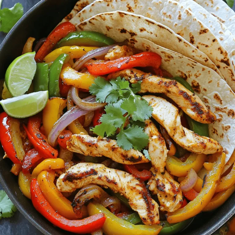 - 2 boneless, skinless chicken breasts, sliced into thin strips - 1 red bell pepper, sliced into thin strips - 1 yellow bell pepper, sliced into thin strips - 1 green bell pepper, sliced into thin strips - 1 medium onion, sliced into thin strips - 2 teaspoons chili powder - 1 teaspoon ground cumin - 1 teaspoon smoked paprika - ½ teaspoon sea salt - ½ teaspoon freshly ground black pepper - 3 cloves garlic, minced - 2 tablespoons extra virgin olive oil - 1 lime, juiced - Fresh cilantro leaves, for garnish - Warm tortillas, for serving One Pan Chicken Fajitas use simple ingredients to create bold flavors. The chicken gives you protein, while the peppers add a colorful crunch. The mix of spices transforms your meal into a fiesta. The garlic brings an aromatic touch, and a squeeze of lime brightens everything up. Each bite is a balance of taste and texture. For a full experience, grab the Full Recipe to see how these ingredients come together in a delightful dish. This is a fun and quick meal you can enjoy any night of the week! First, gather your chicken strips. In a medium bowl, combine them with olive oil, chili powder, cumin, smoked paprika, sea salt, black pepper, and lime juice. Mix well to coat all the chicken pieces. Let the chicken marinate for 15 minutes. This step boosts the flavor and makes the chicken juicy. Next, heat a large skillet on medium-high heat. Add a splash of olive oil to the pan. When the oil shimmers, toss in the sliced onions and bell peppers. Sauté these for about 5 to 7 minutes. Stir occasionally until the vegetables become tender and slightly charred. This adds great depth to your fajitas. Now, it's time for the chicken. Push the sautéed veggies to one side of the skillet, creating space in the center. Add your marinated chicken strips to the cleared area. Cook them for 5 to 7 minutes, stirring occasionally. Make sure the chicken is no longer pink and fully cooked. This ensures it is safe to eat. In the last minute of cooking, add the minced garlic to the skillet. Stir everything together well. This step infuses the dish with a lovely aroma and melds the flavors beautifully. Garlic adds a punch that enhances your fajitas. After cooking, remove the skillet from heat. Taste your mixture and adjust the seasoning if needed. A little extra salt or pepper can make a big difference. Before serving, sprinkle fresh cilantro leaves over the top. This adds color and a fresh taste. Serve immediately with warm tortillas on the side. You can find the full recipe [here](#). Marinating your chicken is key. It helps the meat soak in all those tasty spices. I recommend marinating for at least 15 minutes. This brief time lets the flavors mix well. You can even marinate overnight for a stronger taste. Adjust spice levels to match your taste. If you love heat, add more chili powder. If you prefer mild, cut back on the spices. Taste as you go to find the right balance. To get a nice char on your vegetables, heat the skillet well. A hot pan gives a great sear. Use a little olive oil to prevent sticking. Sauté your onions and peppers until they get tender and slightly brown. This adds a wonderful flavor. For even cooking of chicken, spread the pieces out in the pan. Don't overcrowd them. This way, they cook evenly and brown nicely. Stir occasionally to ensure no piece stays raw. Serving directly in the skillet makes for a fun meal. It keeps everything warm and inviting. Your guests can help themselves right from the pan. For a creative touch, arrange your tortillas and garnishes on a colorful platter. You can add lime wedges and extra cilantro for a bright look. This makes your meal feel festive and ready to enjoy. {{image_4}} You can switch up the protein in your fajitas for a new taste. If you enjoy shrimp, try using it instead of chicken. Just cook the shrimp until they turn pink and opaque. For steak lovers, flank steak works great. Slice it thinly and marinate just like the chicken. If you prefer a meat-free meal, mushrooms or tofu are excellent choices. Both soak up flavors well and add a nice texture. To make your fajitas burst with flavor, play with spices and herbs. Add a dash of cayenne pepper for heat or use oregano for an earthy touch. Fresh herbs like cilantro or parsley can brighten up the dish too. Don’t forget about the peppers! You can try different types like poblano or banana peppers. Each variety brings a unique taste and texture to your one pan chicken fajitas. When serving your fajitas, think about tasty sides. Rice, black beans, or corn salad pair nicely. You can also add some toppings to elevate your meal. Shredded cheese, sour cream, and guacamole are all great options. They add creaminess and richness. Arrange everything nicely on the table and let everyone build their fajitas just the way they like. For the full recipe, check out the One Pan Chicken Fajitas section. Store your leftover fajitas quickly. Let them cool to room temperature first. Place them in an airtight container. This keeps the flavors fresh. You can store them in the fridge for up to three days. For best results, use glass or BPA-free plastic containers. These options help avoid unwanted smells. Reheat your fajitas to enjoy them again. The best way is in a skillet. Heat it over medium heat. Add a little olive oil to keep them moist. Stir gently until warm. If you use a microwave, place them on a safe plate. Heat in 30-second bursts until hot. This method helps keep the flavor intact. Want to save some for later? Freeze your cooked fajitas. Start by letting them cool completely. Use freezer-safe bags or containers for storage. Squeeze out excess air before sealing. This helps prevent freezer burn. To thaw, place them in the fridge overnight. Reheat as you normally would. Enjoy your easy meal anytime! To bring heat to your chicken fajitas, add some hot sauce or cayenne pepper. You can also include diced jalapeños or serrano peppers in your mix. If you enjoy smoky flavors, chipotle powder adds both spice and depth. Yes, you can prep the chicken and veggies in advance. Slice the chicken and veggies, then store them in the fridge. Marinate the chicken for better flavor, but do this no more than 24 hours ahead. This will save time on busy days. Chicken fajitas pair well with many sides. Some popular options include: - Mexican rice - Refried beans - Guacamole - Chips and salsa - Corn salad These sides add flavor and texture to your meal. To keep your chicken juicy, don’t overcook it. Cook until no longer pink, about 5-7 minutes. Marinating the chicken also helps it stay moist and flavorful. Use a meat thermometer to check for doneness at 165°F (75°C). If you need an alternative to tortillas, consider using lettuce wraps for a low-carb option. You could also use pita bread or naan. These options still hold the delicious chicken and veggies while adding a unique twist. Absolutely! One Pan Chicken Fajitas is great for meal prep. Cook a larger batch and store it in airtight containers. You can keep them in the fridge for up to four days. Reheat before serving for a quick, tasty meal any time. For the full recipe, check out the detailed instructions above! One Pan Chicken Fajitas are quick and easy to make. You learned about the best ingredients, step-by-step cooking, and helpful tips. You can spark joy at meals with this simple dish. Swapping proteins or adding toppings makes it your own. Remember to store leftovers well for tasty meals later. Enjoy experimenting with flavors and techniques. This recipe helps you create a fun night for family or friends. Now, get cooking and enjoy your delicious fajitas!