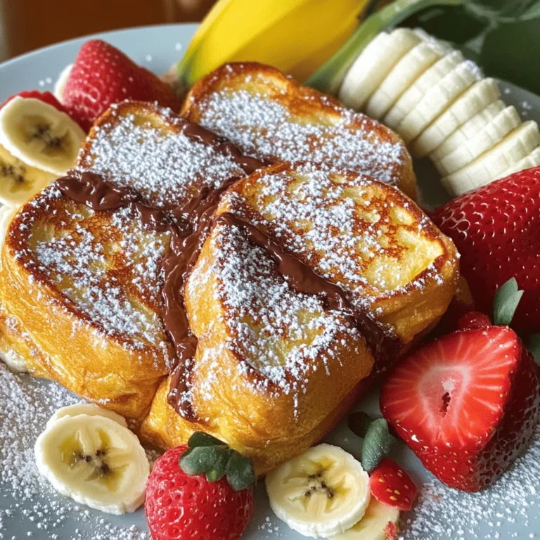 To make Nutella stuffed French toast, you will need: - 4 slices of thick bread (brioche or challah) - 1/2 cup Nutella (or any chocolate hazelnut spread) - 2 large eggs - 1/4 cup whole milk (almond milk can be used) - 1 teaspoon pure vanilla extract - 1/2 teaspoon ground cinnamon - 1 tablespoon granulated sugar (optional) - 2 tablespoons unsalted butter (for frying) - Powdered sugar (for dusting) - Fresh strawberries or bananas (sliced, for garnish) If you want to change things up, try these substitutes: - Bread: Use gluten-free bread if needed. - Nutella: Try almond butter or peanut butter for a different flavor. - Milk: Use oat milk or soy milk for dairy-free. - Sugar: Substitute with honey or maple syrup for sweetness. Each serving contains: - Calories: 450 - Protein: 10g - Carbohydrates: 55g - Fat: 20g - Sugar: 25g This information helps you track your intake while enjoying this sweet treat. For the full recipe, visit the detailed instructions available online. Take two slices of thick bread. I love using brioche or challah for this. Spread Nutella on one side of each slice. Make sure you add a generous layer. Place another slice on top of each to create Nutella sandwiches. Press down lightly to seal them. This helps keep the Nutella inside. In a shallow bowl, crack the two large eggs. Add 1/4 cup of whole milk for creaminess. You can use almond milk if you prefer. Then, add 1 teaspoon of pure vanilla extract and 1/2 teaspoon of ground cinnamon. If you like a sweeter taste, mix in 1 tablespoon of granulated sugar. Whisk everything together until it is smooth. This custard will make your French toast rich and tasty. Now it’s time to soak the sandwiches. Carefully dip each Nutella sandwich into the egg mixture. Make sure both sides are coated well. Let them soak for about one minute. This allows the bread to absorb the custard. But be careful not to let them get too soggy. Next, heat a large non-stick skillet over medium heat. Add 2 tablespoons of unsalted butter to the pan. Wait until the butter melts and bubbles. This creates a nice crust on your toast. Gently place the soaked sandwiches in the skillet. Cook them for about 3-4 minutes on each side. You want them to turn golden brown and crispy. Keep an eye on the heat to avoid burning. Once done, remove the French toast from the pan. Let them cool for a minute. Dust with powdered sugar for a sweet touch. Serve with fresh strawberries or bananas for added flavor. For the full recipe, check out the details above. To get the best crispiness, use thick bread. Brioche or challah works great. Make sure your pan is hot before adding the Nutella sandwiches. This helps create a nice crust. Use enough butter to coat the pan evenly. Avoid flipping the toast too soon; wait until it's golden brown. This will give you that perfect crunch on the outside while keeping the inside soft and gooey. Prep your ingredients first. Measure out the milk, eggs, and Nutella ahead of time. You can even mix the custard a day before. If you want to save more time, you can use pre-sliced bread. This recipe is quick, but these tips can make it even faster. Use a large skillet to cook multiple sandwiches at once. This saves you time and keeps everyone hungry happy! If you have leftover French toast, don’t throw it away! You can store it in the fridge for up to three days. Reheat it in a toaster or skillet for a quick breakfast. You can also turn it into a fun dessert. Just add ice cream and chocolate sauce for a tasty treat! Leftover French toast can be a fun way to enjoy the flavors again. {{image_4}} You can mix Nutella with many fruits to make it special. I love using strawberries and bananas. Their sweetness pairs so well with the rich chocolate hazelnut spread. You can slice fresh berries and layer them inside the French toast. For a twist, try adding sliced apples or peaches. A sprinkle of cinnamon on top enhances the flavors even more. Want to enjoy Nutella stuffed French toast but need it gluten-free or dairy-free? Use gluten-free bread. There are many tasty options in stores now. For a dairy-free twist, swap whole milk for almond milk or coconut milk. Both work great with the custard mix. You can also find dairy-free Nutella spreads made from hazelnuts and cocoa. Looking for something different? Try savory Nutella stuffed French toast. Add a pinch of salt to the custard mix for a unique touch. You can include slices of crispy bacon or ham. The salty taste will balance the sweet Nutella. Another idea is to sprinkle some cheese inside with the Nutella. Cream cheese or mascarpone adds a nice creaminess. These variations will surprise your taste buds! For more details, check the Full Recipe. Store leftover French toast in an airtight container. Let it cool first. Place parchment paper between the layers to prevent sticking. It will stay fresh for 2-3 days in the fridge. To reheat, use a skillet over medium heat. Cook each piece for about 2-3 minutes on each side. You can also use a toaster oven for a crispy finish. Avoid the microwave; it makes the toast soggy. You can freeze Nutella stuffed French toast for later. Wrap each piece in plastic wrap and then in aluminum foil. Place them in a freezer bag. They will keep well for up to 2 months. When ready to eat, thaw in the fridge overnight before reheating. For the best flavor, follow the full recipe when preparing fresh ones! To stop Nutella from spilling, use thick slices of bread. Make sure to spread the Nutella evenly and not too close to the edges. Press the slices together firmly but gently. This helps seal the Nutella inside. You can also chill the sandwiches for a bit. This makes the Nutella firmer and less likely to ooze out while cooking. Yes, you can prepare the sandwiches in advance. Just make the Nutella sandwiches and store them in the fridge. Keep them in an airtight container. When you're ready to cook, dip them in the egg mixture and fry them. This saves time in the morning and still gives you that fresh taste. The best bread for French toast is thick bread. I recommend brioche or challah. These breads soak up the custard well and stay soft. They also add a nice flavor. You can use sourdough or Texas toast as alternatives. Just make sure it's thick enough to hold the filling. This article covered how to make Nutella Stuffed French Toast. We explored key ingredients, with substitutes and nutrition facts to guide you. The step-by-step instructions ensured you can prepare it easily. Tips helped you achieve ideal crispiness and use leftovers wisely. We also shared fun variations to try and storage tips for freshness. Enjoy exploring these ideas, and make your French toast meals exciting and delicious!