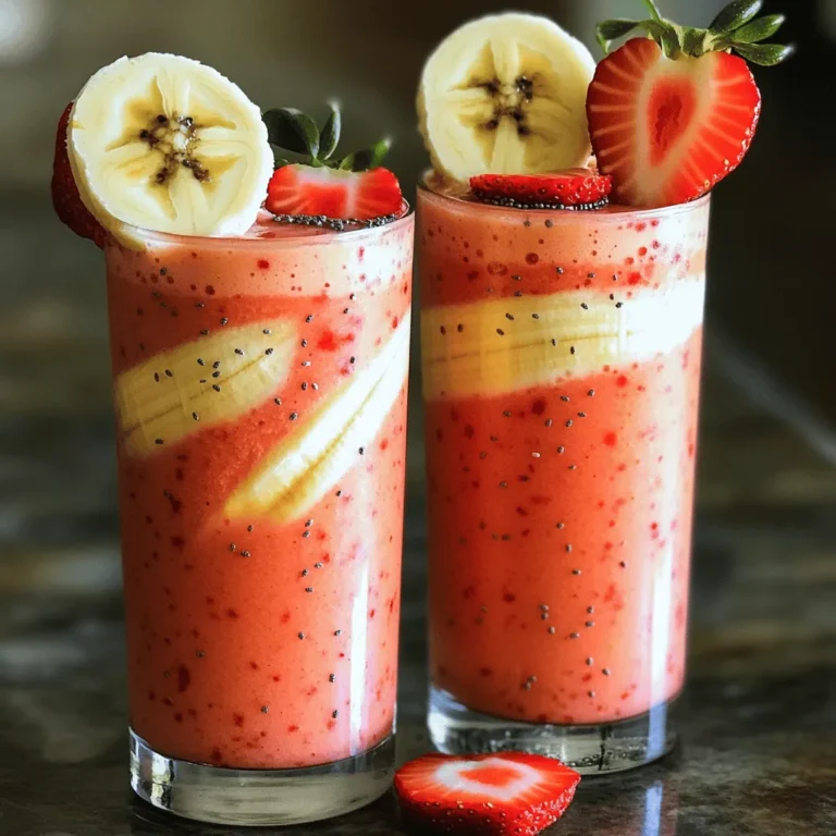 - 1 cup fresh strawberries, hulled and halved - 1 ripe banana, peeled and sliced - 1 cup Greek yogurt (plain or vanilla) - 1/2 cup almond milk (or milk of your choice) - 1 tablespoon honey or maple syrup (optional) - 1 tablespoon chia seeds (optional) - Ice cubes (optional) Gathering the right ingredients makes a huge difference. You want fresh strawberries for the best flavor. Choose ripe bananas for natural sweetness. Greek yogurt adds creaminess and protein. Almond milk or another milk keeps the smoothie smooth and drinkable. Honey or maple syrup can sweeten your drink, but they are optional. Chia seeds boost nutrition and add a fun texture. Ice cubes are great if you like a thicker, colder smoothie. With these ingredients, you will enjoy a delightful Strawberry Banana Smoothie. For the full recipe, check the details above. 1. Rinse the fresh strawberries under cool water. 2. Remove the green tops and slice the strawberries in half. 3. In your blender, add the halved strawberries, sliced banana, Greek yogurt, and almond milk. 1. For sweetness, drizzle in honey or maple syrup. 2. If you want more nutrition, add chia seeds. 3. For a thicker smoothie, toss in some ice cubes. 1. Blend on high speed until the mixture is smooth and creamy. 2. Stop to scrape down the sides of the blender. 3. Taste the smoothie. If it needs more sweetness, add more honey or syrup. 4. Blend again briefly to mix. To balance sweetness, I like to use honey or maple syrup. Start with one tablespoon. Blend it in, then taste. Add more if you want it sweeter. If you skip the sweetener, the fruit's natural taste shines through. For thickness, consider adding ice cubes. This gives your smoothie a frosty texture. If you prefer a creamier feel, use less milk. Adjust until you find your perfect blend. For yogurt, Greek yogurt is my top choice. It adds creaminess and protein. Plain yogurt gives a tart taste, while vanilla yogurt is sweeter. Choose what fits your mood! If you don’t have almond milk, no worries. Cow's milk works well too. Soy and oat milk are great alternatives. Use what you enjoy. Presentation matters! Serve the smoothie in chilled glasses. This keeps it cool and refreshing. Garnish with a slice of banana on the rim. Add a whole strawberry beside it for color. You can also sprinkle chia seeds on top. This adds a fun texture and looks appealing. A little extra effort makes your smoothie stand out! {{image_4}} You can change the fruit in your smoothie for fun new flavors. Instead of strawberries and bananas, try blueberries or mangoes. They add sweetness and color. Seasonal fruits work well too. In summer, use peaches or raspberries. In fall, add apples or pears. This way, you get fresh tastes and a burst of nutrition. Want to make your smoothie even better? Add protein powder for a boost. It makes your smoothie filling and great for breakfast. You can also mix in superfoods. Spinach adds vitamins without changing the taste much. Nut butter gives healthy fats and a creamy texture. These add-ins help you feel full and satisfied. If you want a dairy-free smoothie, no problem! Try using plant-based yogurt instead of Greek yogurt. Options like almond or coconut yogurt work well. You can also switch your milk. Use oat milk, soy milk, or any milk you like. These keep your smoothie creamy and delicious. To store leftover smoothie in the refrigerator, use an airtight container. This keeps it fresh. Consume it within 24 hours for the best taste and texture. If you want to save smoothies for later, freezing is a great option. Pour the smoothie into ice cube trays or silicone molds. Once frozen, you can transfer the cubes to a freezer bag. This method saves space and makes it easy to use later. For thawing frozen smoothies, leave them in the fridge overnight. You can also use a microwave on low power for a quick thaw. If you prefer a cold drink, blend the smoothie with a little ice again after thawing. The recommended serving temperature is cold. This enhances the fruity flavors, making your drink refreshing. Enjoy every sip of your strawberry banana bliss! You can use regular yogurt instead of Greek yogurt. It will still taste great. Other options include dairy-free yogurt or silken tofu for a vegan choice. Each option changes the flavor and texture a bit, but they all work well in this smoothie. The smoothie stays fresh for about 1 to 2 days in the fridge. Store it in a sealed container to keep it from spoiling. Before drinking, shake it up or stir well, as it may separate. Yes, you can make this smoothie ahead of time. Just blend and store it in the fridge. It tastes best when fresh, but it is still good after a few hours. If you want to make it even earlier, freeze the ingredients and blend when you are ready. Absolutely! To make a vegan version, simply swap Greek yogurt with a dairy-free yogurt. Use almond milk or any plant-based milk of your choice. You can also skip honey and use maple syrup instead for sweetness. To thicken a smoothie, add ice cubes or use frozen fruit like bananas or strawberries. You can also add chia seeds or oats to help with thickness. These options will give your smoothie a creamy and satisfying texture. In this blog post, I covered how to make a delicious smoothie with fresh ingredients. You learned how to prepare the fruit, blend it, and adjust the flavor. I shared tips for choosing the right yogurt, adding nutrition, and serving your smoothie nicely. For storage, you now know how to keep it fresh. In the end, smoothies are fun and healthy. You can try different fruits and flavors. Enjoy your smoothie journey!