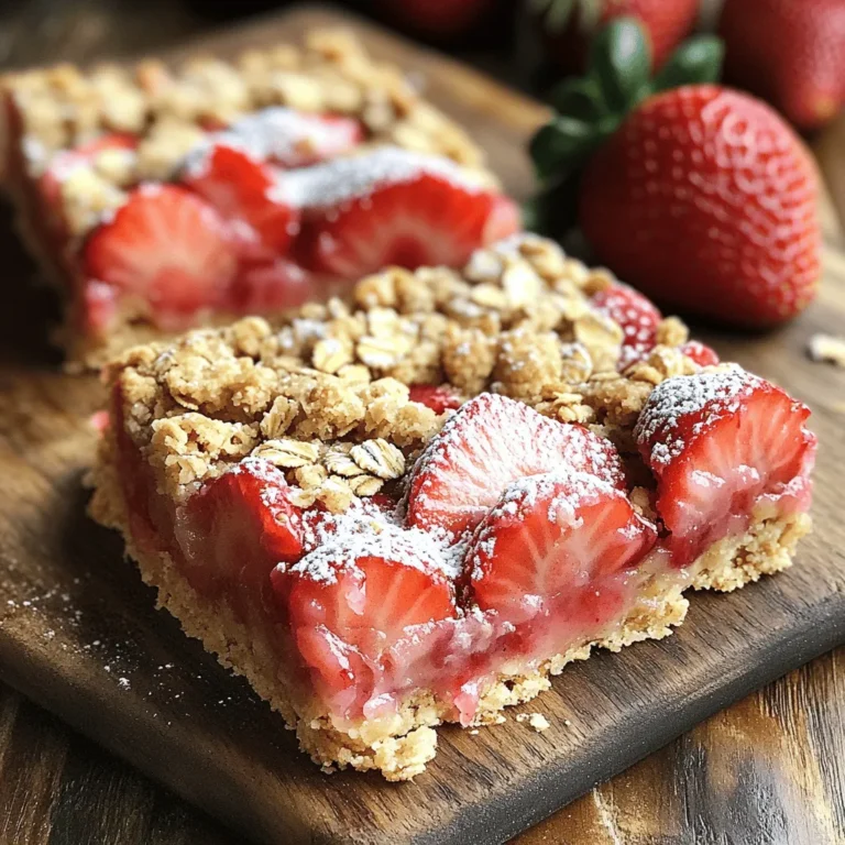 To make your Strawberry Oatmeal Bars, gather these simple ingredients: - 1 cup rolled oats - 1 cup all-purpose flour - 1/2 cup brown sugar, packed - 1/2 teaspoon baking soda - 1/4 teaspoon salt - 1/2 cup unsalted butter, melted - 1 teaspoon vanilla extract - 1 cup fresh strawberries, hulled and chopped - 1 tablespoon lemon juice - 1 tablespoon cornstarch - Optional: powdered sugar for dusting These ingredients blend well to create a chewy, sweet treat. You get the hearty oats and fresh strawberries, making it a fun snack or dessert. The butter and brown sugar add richness, while the lemon juice brightens the strawberry flavor. The cornstarch helps thicken the filling, ensuring every bite is juicy and satisfying. You can adjust the sugar based on your taste. This recipe is easy and rewarding, perfect for any skill level. If you want the full recipe, check the details above. - Preheat the oven to 350°F (175°C). - Prepare an 8x8-inch baking pan with parchment paper. This helps with easy removal later. - Combine 1 cup rolled oats, 1 cup all-purpose flour, 1/2 cup brown sugar, 1/2 teaspoon baking soda, and 1/4 teaspoon salt in a large bowl. Mix them well. - Add 1/2 cup melted butter and 1 teaspoon vanilla extract. Stir until the mixture is crumbly. Set aside about 1 cup of this crumble for later. - Take 1 cup of chopped strawberries, toss them with 1 tablespoon lemon juice and 1 tablespoon cornstarch. This will thicken the filling and boost flavor. - Firmly press the remaining oat mixture into the bottom of the baking pan to create a crust. - Spread the strawberry mixture over the crust evenly. This ensures every bite has fruit. - Sprinkle the reserved crumble on top to create a delicious topping. - Place the pan in the oven and bake for 25-30 minutes. Look for a golden brown top. - After baking, let the bars cool for 10 minutes. Use the parchment to lift them out onto a wire rack. - Dust with powdered sugar before serving if you want an elegant finish. Enjoy your strawberry oatmeal bars! To get the best texture in your strawberry oatmeal bars, mix the ingredients well. Start by blending the dry ingredients first. This ensures even flavor throughout the bars. When you add the melted butter and vanilla, stir until you see a crumbly texture. This helps hold everything together. For even baking, press the crust mixture firmly into the pan. This creates a solid base. Spread the strawberry filling evenly on top. Don’t forget to sprinkle the crumble evenly over the strawberries. This helps the bars cook uniformly, giving you a lovely golden color. You can customize your bars to fit your taste. Add nuts like walnuts or almonds for extra crunch. Chocolate chips can also bring a sweet twist. If you want to reduce sugar, use less brown sugar. You can also swap in applesauce to lower sweetness while keeping moisture. Serve your strawberry oatmeal bars with fresh strawberries on the side. This adds a pop of color and freshness. When cutting, use a sharp knife. It helps you make clean cuts without crumbling the bars. For a beautiful touch, dust the bars with powdered sugar just before serving. This makes them look fancy and inviting. For the full recipe, check out the Sweet Strawberry Oatmeal Bars section. {{image_4}} To make these bars gluten-free, you can swap out the flour. Use almond flour or coconut flour instead. For the oats, ensure you pick certified gluten-free rolled oats. This step helps avoid any cross-contamination. When baking gluten-free, keep a close eye on the texture. Gluten-free flours absorb moisture differently. You might need to adjust the liquid in the recipe. Adding a bit of extra butter or applesauce can help keep the bars moist. To create a vegan version, replace the butter with coconut oil or vegan butter. These substitutes provide the same richness. For the eggs, you can use flaxseed meal mixed with water. Simply mix one tablespoon of flaxseed meal with two and a half tablespoons of water. Wait for a few minutes until it thickens. For sugar, ensure you use a plant-based option like coconut sugar. This keeps the bars vegan-friendly without losing flavor. Feel free to experiment with other fruits. Raspberries, blueberries, or peaches work well in this recipe. Each fruit adds its own unique twist. You can also mix different berries for a berry medley. Spices can enhance the flavor too. Try adding cinnamon or nutmeg for warmth. A touch of ginger can bring a nice kick. Adjust the spices based on your taste for a fun twist. To keep your strawberry oatmeal bars fresh, choose the right containers. I recommend using an airtight container. This helps prevent them from drying out. You can also use plastic wrap. Wrap each bar tightly to keep them soft. If you stack them, place parchment paper between layers. This stops them from sticking together. These bars last about three days at room temperature. Keep them in a cool, dry place. You can store them in the fridge for up to a week if you want them to last longer. For even more time, freeze them. They can stay in the freezer for about three months. Just make sure to wrap them well before freezing. To reheat the bars, use the oven or microwave. For the oven, preheat it to 350°F (175°C). Place the bars on a baking sheet and warm them for about 10 minutes. This keeps them soft and tasty. If using the microwave, heat them for 15-20 seconds. Serve them warm for the best flavor and texture. Yes, you can use frozen strawberries. They are convenient and often cheaper. However, they may release more juice than fresh ones. This can make the filling a bit runny. To fix this, you can add a little more cornstarch. Just mix it in with the strawberries before you layer them. You can make these bars healthier with a few simple swaps. Use whole wheat flour instead of all-purpose flour. This adds fiber and nutrients. You can also swap brown sugar for maple syrup or honey. For a boost, add nuts or seeds for crunch. They add healthy fats and protein. To cut these bars cleanly, wait until they are cool. Use a sharp knife for the best results. If you want neat squares, dip the knife in hot water. Wipe it dry and cut. This helps avoid crumbling and gives you nice edges. Yes, these bars are great for making ahead. Bake them, cool completely, and store them in an airtight container. They last for up to five days at room temperature. You can also freeze them for up to three months. Just thaw them overnight in the fridge when you’re ready to eat. For the full recipe, check out the detailed instructions above! You’ve learned how to make delicious strawberry bars from scratch. Start with simple ingredients like oats and strawberries. Follow clear steps to create a tasty treat. Use tips to customize your bars to fit your taste. Remember to store them right for lasting freshness. Baking can be fun and rewarding. With your new skills, enjoy sharing these bars with others!