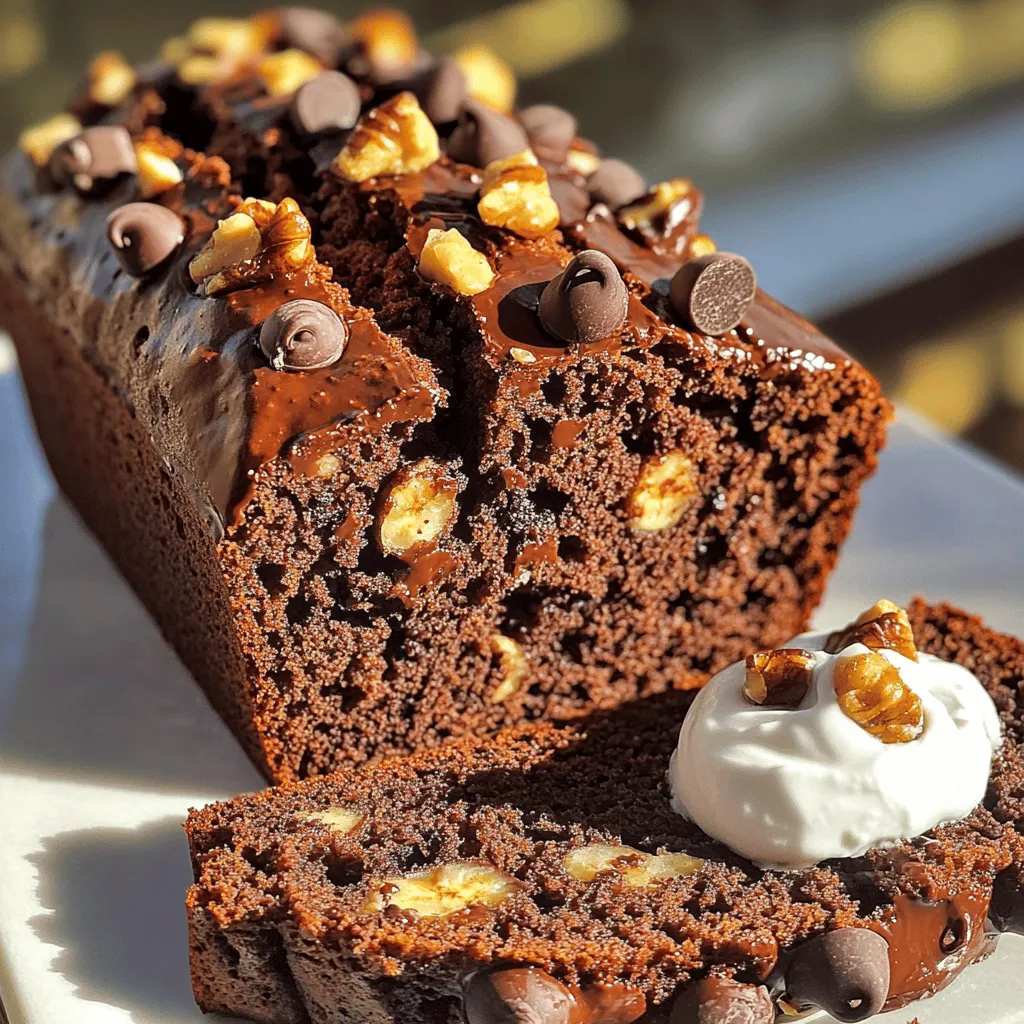 To make healthy chocolate banana bread, you need simple and wholesome ingredients. Here’s what you will need: - 3 ripe bananas, thoroughly mashed - 1/4 cup unsweetened applesauce - 1/4 cup honey or maple syrup (your choice for sweetness) - 1/2 cup Greek yogurt (plain) - 2 large eggs, at room temperature - 1 teaspoon pure vanilla extract - 1 1/2 cups whole wheat flour - 1/3 cup unsweetened cocoa powder - 1 teaspoon baking soda - 1/2 teaspoon baking powder - 1/4 teaspoon fine sea salt - 1/2 cup dark chocolate chips (optional, but highly recommended) - 1/4 cup chopped nuts (such as walnuts or almonds, optional) Using ripe bananas is key. They add natural sweetness and moisture. Applesauce also helps keep the bread moist while cutting down on added fats. Greek yogurt boosts protein and gives a nice texture. Whole wheat flour adds fiber, making this bread a healthier choice. You can customize your bread with dark chocolate chips or nuts. Both add extra flavor and texture. For the full recipe, check out the [Full Recipe]. First, preheat your oven to 350°F (175°C). This temperature helps the bread bake evenly. While the oven heats, prepare your loaf pan. You can grease a 9x5 inch loaf pan with cooking spray. Alternatively, line it with parchment paper. This will make it easier to remove the bread later. In a large mixing bowl, mash your ripe bananas until smooth. You need about three ripe bananas. Then, add 1/4 cup of unsweetened applesauce. Next, add 1/4 cup of honey or maple syrup for sweetness. Include 1/2 cup of plain Greek yogurt and two large eggs, which should be at room temperature. Add 1 teaspoon of pure vanilla extract as well. Mix all these ingredients thoroughly until the mixture is smooth. In a separate bowl, whisk together the dry ingredients. You will need 1 1/2 cups of whole wheat flour and 1/3 cup of unsweetened cocoa powder. Also, add 1 teaspoon of baking soda, 1/2 teaspoon of baking powder, and 1/4 teaspoon of fine sea salt. Make sure all dry ingredients are mixed well. Now, carefully add the dry ingredients to the wet banana mixture. Use a spatula or wooden spoon to stir gently. Mix until just combined. Avoid overmixing, as this can make the bread tough. The batter should be slightly lumpy. If you want to add extra flavor, fold in dark chocolate chips and chopped nuts. Use 1/2 cup of dark chocolate chips and 1/4 cup of chopped nuts, like walnuts or almonds. Ensure they are evenly distributed throughout the batter for a tasty bite every time. Transfer the batter to your prepared loaf pan. Use a spatula to smooth the top for an even bake. Place the loaf pan in the preheated oven. Bake for 50-60 minutes. To check for doneness, insert a toothpick into the center. It should come out clean or with a few moist crumbs. Once baked, let the bread cool in the pan for about 10 minutes. Then, transfer the banana bread to a wire rack to cool completely. You can find the Full Recipe for more details. To make your healthy chocolate banana bread truly moist, use ripe bananas. Ripe bananas are sweet and soft. They add natural sweetness and moisture to your bread. The darker the skin, the better! Adding yogurt and applesauce also helps. Greek yogurt gives a creamy texture and extra protein. Applesauce adds moisture without added fat. Together, they keep your bread soft and tasty. Some common mistakes can ruin your bread. One big mistake is overmixing the batter. When you mix too much, the bread can become tough. Mix just until you see no dry flour. Another mistake is not measuring ingredients correctly. Use measuring cups and spoons for accuracy. A little too much flour or sugar can change the taste and texture. You can easily enhance the flavor of your banana bread. Adding spices like cinnamon or nutmeg can bring warmth. A splash of almond or coconut extract adds a delightful twist too. If you like your bread sweeter, adjust the sweetness level. You can add more honey or maple syrup. Just remember to keep it balanced so it doesn’t overpower the chocolate. For the full experience, check out the Full Recipe to enjoy this treat! {{image_4}} You can make this banana bread vegan. Start by replacing the eggs. Use 1/4 cup of ground flaxseed mixed with 1/2 cup of water. This mix acts like eggs, binding the ingredients. For yogurt, use a plant-based option like almond or coconut yogurt. Sweeteners also matter. Instead of honey, opt for maple syrup or agave nectar. These keep the bread sweet and delicious without any animal products. For those who need a gluten-free option, choose suitable flours. Almond flour or oat flour works well. You can also use a gluten-free all-purpose blend. If you switch flours, adjust the recipe slightly. Add a bit more liquid or an extra banana to keep the bread moist and fluffy. This helps achieve the right texture, so your bread is still tasty. Want to spice things up? Add some cinnamon or nutmeg to the batter. These spices bring warmth and depth to the flavor. You can also mix in different types of chocolate. Use milk chocolate or white chocolate chips for a sweet twist. Each variation adds a unique touch. With these options, you can enjoy a new taste every time you bake. To keep your healthy chocolate banana bread fresh, store it properly. Allow the bread to cool completely after baking. Then wrap it in plastic wrap or aluminum foil. This helps keep moisture in and prevents it from drying out. You can also place it in an airtight container. A container with a tight lid works best. If you want to save some banana bread for later, freezing is a smart option. Slice the bread into pieces before freezing. This makes it easy to grab a slice when you want one. Wrap each slice in plastic wrap. Then, place the wrapped slices in a freezer bag. Make sure to remove as much air as possible before sealing. When you are ready to enjoy your banana bread, you can thaw it easily. Place the slice in the fridge overnight. If you're in a rush, use a microwave. Heat it on low for about 15-20 seconds. This method keeps the flavor and texture intact. For the best taste, let it come to room temperature before eating. For the full recipe, check out the Healthy Chocolate Banana Bread section above. Enjoy every bite! Yes, you can use frozen bananas. First, take them out of the freezer. Let them thaw in the fridge or on the counter. Once they are soft, peel and mash them. This method keeps the flavor and moisture. Just make sure to drain any excess liquid before adding them to the mix. To lower the sugar, reduce the honey or maple syrup to 2 tablespoons. You can also use ripe bananas. They add natural sweetness. Another option is to use a sugar substitute like stevia or monk fruit. These can provide sweetness without extra calories. For a vegan option, use flax eggs. Mix 1 tablespoon of ground flaxseed with 3 tablespoons of water. Let it sit for 5 minutes until it thickens. You can also use applesauce. Replace each egg with 1/4 cup of applesauce. This keeps the bread moist and tasty. Check the bread at 50 minutes. Insert a toothpick into the center. If it comes out clean or with a few moist crumbs, it’s done. If it has wet batter, bake for a few more minutes. The edges will pull away from the pan slightly when it’s ready. This blog post shared a simple guide to making delicious banana bread. You learned about the key ingredients, the steps to mix and bake, and tips to avoid common mistakes. I also provided variations for vegan and gluten-free options. These insights will help you create a tasty treat while avoiding pitfalls. Keep experimenting with flavors and storage methods for the best results. Enjoy your baking journey and savor each slice of homemade banana bread!