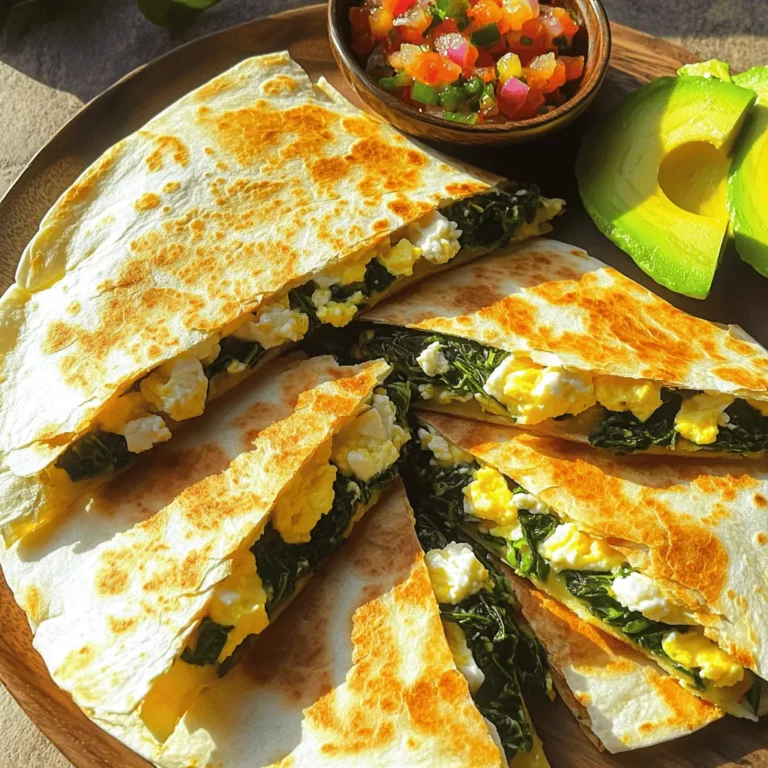 To make the Spinach Feta Breakfast Quesadilla, gather these simple ingredients: - 4 large flour tortillas - 2 cups fresh spinach, roughly chopped - 1 cup feta cheese, crumbled - 4 large eggs - 1/4 cup milk - 1 small onion, finely diced - 1 clove garlic, minced - 1 tablespoon olive oil - Salt and pepper to taste - Optional: Sliced avocado, salsa, or hot sauce for serving The measurements are key to make this dish work. Use large tortillas to hold all the filling. Fresh spinach is best, as it wilts perfectly. Crumbled feta brings a tangy taste that blends well with eggs. The eggs and milk create a fluffy texture. Use a small onion and a single clove of garlic for just the right amount of flavor. Olive oil keeps everything from sticking and adds richness. Adjust salt and pepper to your liking. Feel free to get creative! You can add sliced avocado for creaminess. Fresh salsa can give a zesty kick. Hot sauce adds heat if you like it spicy. These extras can make your quesadilla even tastier. You can also try different herbs or spices, like oregano or chili powder, to add more flavor. Don’t hesitate to experiment and find your perfect blend! To make the Spinach Feta Breakfast Quesadilla, start by sautéing the onion. Heat olive oil in a large skillet over medium heat. Once it's hot, add the diced onion. Cook it for about 3-4 minutes until it looks soft and clear. Then, stir in the minced garlic and chopped spinach. Cook this mix for 2-3 minutes until the spinach wilts. Season it with salt and pepper. Then, take the skillet off the heat and set it aside. Next, prepare the egg mixture. Crack the eggs into a bowl and add the milk. Whisk them together until they look light and frothy. Pour this mix into the skillet with the spinach. Cook over low heat, stirring gently. This should take about 3-4 minutes. You want the eggs to be soft and creamy. Now, it's time to assemble the quesadillas. Lay out two tortillas on a flat surface. Spoon the egg and spinach mix on one half of each tortilla. Sprinkle the crumbled feta cheese on top. Then, fold the tortillas over to create a half-moon shape. For cooking, clean the skillet and return it to medium heat. Place the folded quesadillas in the skillet. Cook each side for 3-4 minutes until they are golden brown and crispy. You might need to cook them in batches if your skillet is small. Finally, remove the quesadillas from the pan. Let them cool for a minute before slicing them into wedges. - Sauté the Aromatics: Use medium heat to avoid burning the onions. - Incorporate the Spinach: Make sure to stir often so nothing sticks to the pan. - Prepare the Egg Mixture: Use fresh eggs for the best flavor. - Cook the Eggs: Stir gently to keep the eggs soft and creamy. - Assemble the Quesadillas: Use enough filling but don’t overstuff to avoid spills. - Cook the Quesadillas: Press down slightly for even cooking. - Serve and Enjoy: Let cool slightly to avoid burns while eating. - Prep Time: About 10 minutes to chop and measure your ingredients. - Cooking Time: Approximately 15 minutes for cooking and assembling. - Total Time: You’ll need around 25 minutes from start to finish. - Servings: This recipe makes 4 quesadillas, enough for two people. For more details, you can check the Full Recipe. To get the best texture for your quesadilla, focus on the heat. Use medium heat to cook them. This gives the outside a nice crunch while keeping the inside soft. Make sure your tortillas are fresh. If they are stale, they won’t crisp up well. You can also try warming them slightly before filling. This makes them more flexible and easier to fold. Adding a few extras can make your quesadilla shine. Consider mixing spices into the egg mixture. A pinch of paprika or cumin can add depth. You can also try fresh herbs like cilantro or parsley for a burst of flavor. If you want a kick, add some chopped jalapeños or a dash of hot sauce. Remember, you can always serve it with salsa or avocado for extra taste. Many home cooks struggle with quesadilla filling. Don’t overfill your tortillas. This can lead to messy quesadillas that fall apart. Aim for a balance of ingredients without overstuffing. Also, avoid cooking on high heat. This can burn the outside while leaving the inside cold. Lastly, let your quesadillas rest for a minute after cooking. This helps the cheese set, making them easier to slice. For the full recipe, check the instructions above. {{image_4}} If you want to keep this dish vegetarian, you have many options. You can add mushrooms for a savory bite. Bell peppers add sweetness and color. Zucchini brings moisture and texture. Also, try adding a mix of herbs like basil or cilantro for fresh flavors. To add protein, consider chicken or turkey. Cook the meat first, then add it to the quesadilla. You can also use black beans or chickpeas for a plant-based protein. These options make the meal more filling while keeping it tasty and healthy. You can change the flavor profile easily. Add spices like cumin or paprika to the egg mixture. For a spicy kick, toss in diced jalapeños. If you like it cheesy, mix in mozzarella or cheddar with the feta. These tweaks let you make each quesadilla unique. For the full recipe, check out Spinach Feta Breakfast Quesadilla. You can keep your leftover quesadillas in the fridge. Place them in a tight container. They will stay fresh for up to three days. If you want to keep them longer, freezing is a good option. To reheat, use a skillet over medium heat. Cook each quesadilla for about 3-4 minutes on each side. This method keeps them crispy. You can also use the microwave, but they might get soft. Heat them on a plate for about 30-60 seconds. To freeze, let the quesadillas cool completely. Wrap each one in plastic wrap. Then, place them in a freezer bag. They can stay in the freezer for up to a month. When you are ready to eat, thaw them overnight in the fridge before reheating. You will love how fresh they taste! For the full recipe, check out the Spinach Feta Breakfast Quesadilla. Yes, you can use different cheeses. Try mozzarella, cheddar, or pepper jack. Each cheese adds a unique flavor. For a richer taste, mix cheeses together. This adds depth to your quesadilla. You can customize toppings easily. Try adding sliced avocado, fresh herbs, or cherry tomatoes. You might also enjoy salsa, hot sauce, or a dollop of sour cream. Don’t be afraid to get creative! Each topping can change the taste and feel of your meal. Serve your quesadilla with a side of fresh fruit or a simple salad. You can also pair it with yogurt for a creamy contrast. If you love spice, a side of hot sauce is perfect. For a full breakfast, consider serving it with crispy bacon or breakfast potatoes. For more ideas, check out the Full Recipe! In this article, we explored how to make a tasty Spinach Feta Breakfast Quesadilla. We started with the key ingredients and their exact measurements. Next, I shared a step-by-step cooking guide, along with tips to improve each step. We also discussed ways to perfect the quesadilla’s texture and avoid common mistakes. Plus, I offered delicious variations, storage tips, and FAQs to help you customize and enjoy your meal. With these insights, making and enjoying your quesadilla should be fun and easy!