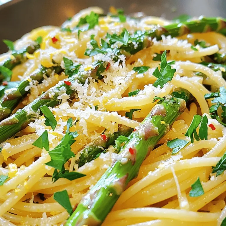 - 8 oz (225g) spaghetti or fettuccine - 1 bunch asparagus, trimmed and cut into 1-inch pieces - 3 tablespoons olive oil - 3 cloves garlic, minced - Zest of 1 lemon - Juice of 1 lemon - 1/2 teaspoon red pepper flakes (optional) - 1/2 cup grated Parmesan cheese, plus extra for serving - Salt and freshly ground black pepper to taste - Fresh parsley, chopped for garnish Cooking Lemon Asparagus Pasta is simple and fun. The ingredients shine with fresh flavors. Start with the pasta; spaghetti or fettuccine works best. Use high-quality olive oil for a rich taste. The asparagus adds a lovely crunch and bright color. Minced garlic gives it a wonderful aroma. Adding lemon zest and juice brings brightness to the dish. Red pepper flakes add a hint of spice, but you can skip them if you prefer. Parmesan cheese ties all the flavors together with its creamy texture. Finish with fresh parsley for a pop of color and flavor. - Large pot for boiling pasta - Skillet for sautéing - Colander for draining pasta Having the right tools makes cooking easier. A large pot lets your pasta boil freely. A skillet is perfect for sautéing your asparagus and garlic. Use a colander to drain the pasta without making a mess. Lemon Asparagus Pasta is not only tasty but also nourishing. It typically has around: - Calories: 400 - Protein: 15g - Fats: 12g - Carbs: 60g This dish balances flavors and nutrition well. With fresh ingredients, it makes a great meal option. You can enjoy this dish knowing it fuels your body right. For the full recipe, be sure to check the details above! To start, fill a large pot with water. Add a good amount of salt to the water. This helps the pasta taste great. Bring the water to a boil. When the water is bubbling, add 8 oz of spaghetti or fettuccine. Stir the pasta and cook it according to the package instructions. Aim for that perfect al dente texture, which means it should be firm but not hard. Once the pasta is done, reserve 1 cup of the pasta water. Drain the pasta and set it aside. Now, let’s prepare the asparagus. Take a large skillet and heat 1 tablespoon of olive oil over medium heat. Add the asparagus pieces, which should be trimmed and cut into 1-inch pieces. Sauté the asparagus for about 3-4 minutes. You want them tender but still a bit crisp. Once they look good, remove the asparagus from the skillet. Place it on a plate and keep it warm for later. Next, we’ll mix everything together. In the same skillet, add 2 more tablespoons of olive oil. Toss in 3 cloves of minced garlic and red pepper flakes if you like a bit of heat. Sauté for about 1 minute. Be sure to stir often, so the garlic does not burn. After that, add the drained pasta back into the skillet along with the asparagus. Sprinkle in the lemon zest and drizzle the lemon juice over the top. Gently toss all the ingredients together. Gradually add the reserved pasta water until you reach your desired creaminess. Finally, stir in 1/2 cup of grated Parmesan cheese. Season with salt and black pepper to taste. Mix until the cheese melts and coats the pasta nicely. For the full recipe, check out the section above. Enjoy your cooking! To get that perfect al dente texture, start with a big pot of water. Add a lot of salt; it should taste like the sea. Bring the water to a rolling boil before adding your pasta. Stir the pasta right away, so it doesn't stick. Follow the cooking time on the package. For spaghetti or fettuccine, it’s usually around 8-10 minutes. Check it a minute or two early to ensure it’s firm but not hard. Once done, save a cup of pasta water before draining. For a bright and fresh taste, use lemon zest. It adds a lively punch. You can also try adding some fresh herbs like basil or thyme. If you want a different cheese, consider goat cheese or feta. They melt well and add a unique flavor. Mixing in a handful of spinach or arugula enhances both taste and nutrition. Each of these ingredients makes your dish even better. To achieve creaminess, use the reserved pasta water. Slowly add it back to the skillet. Start with a little, then add more if needed. This water has starch, which helps bind the sauce. Another trick is to mix the cheese in while the pasta is hot. This creates a smooth and rich sauce. For extra creaminess, you can stir in a splash of cream or a spoonful of ricotta. These tips will make your Lemon Asparagus Pasta truly delightful. For the full recipe, check out the details above! {{image_4}} You can boost your Lemon Asparagus Pasta by adding protein. Chicken, shrimp, and tofu all work great. For chicken, grill or sauté pieces until cooked through. Toss them in with the pasta and asparagus. For shrimp, cook them in the same skillet until they turn pink. Tofu offers a nice plant-based option; just sauté it until it’s golden. This adds flavor and makes the meal more filling. To make this dish vegan, swap the Parmesan cheese for a vegan alternative. Nutritional yeast is a great choice. It adds a cheesy flavor without dairy. You can also use plant-based butter or olive oil for richness. Ensure that your pasta is egg-free, as some pastas contain eggs. This way, you keep all the great taste while making it plant-based. You can switch up the pasta to fit your needs. For gluten-free options, choose rice or chickpea pasta. These alternatives cook nicely and taste good, too. Whole grain pasta is another healthy choice. It adds fiber and a nutty flavor. You can experiment with different shapes like penne or fusilli. Each offers a unique texture and makes the dish fun! For the complete experience, don’t forget to check out the Full Recipe. To store leftover lemon asparagus pasta, let it cool first. Place the pasta in an airtight container. You can keep it in the fridge for up to three days. If you want to keep it longer, freeze it. Use a freezer-safe bag or container for freezing. Make sure to remove as much air as possible to prevent freezer burn. When reheating lemon asparagus pasta, you want to keep it tasty. The best way is to use a skillet. Add a splash of water or olive oil to prevent sticking. Heat it over medium heat and stir often. You can also use the microwave. Place it in a bowl with a lid and add a tablespoon of water. Heat in short bursts, stirring in between. This helps keep the flavor fresh. In the fridge, lemon asparagus pasta lasts about three days. If you freeze it, it can last for about one month. For the best taste and texture, eat it within this time frame. Always check for signs of spoilage before eating. If it smells off or looks strange, it's best to throw it away. Yes, you can add many other vegetables. Try using broccoli, peas, or spinach. Each brings a unique taste. You can also mix in bell peppers or cherry tomatoes for color and flavor. Feel free to experiment with your favorites! If you need a substitute for Parmesan, try Pecorino Romano or Grana Padano. For a dairy-free option, use nutritional yeast. It gives a cheesy flavor without the dairy. You can also explore vegan cheese brands available in stores. The spice level depends on how much red pepper flakes you use. A half teaspoon adds a mild heat. If you want it spicier, you can add more. Alternatively, you can skip them entirely for a milder dish. Yes, lemon asparagus pasta works well for meal prep. You can cook it ahead and store it in the fridge. Just make sure to keep it in an airtight container. It stays fresh for up to four days. When ready to eat, just reheat it in the microwave or on the stove. In this blog post, I shared a tasty recipe for lemon asparagus pasta. You learned about the ingredients, including asparagus and lemon, and the cooking tools needed. I explained how to cook the pasta and prepare the vegetables perfectly. You also saw tips for making it creamy and ways to customize the dish. Whether you're adding protein, making it vegan, or adjusting flavors, this dish is versatile. Enjoy creating and sharing this fresh pasta dish. It’s simple, delicious, and perfect for any meal.