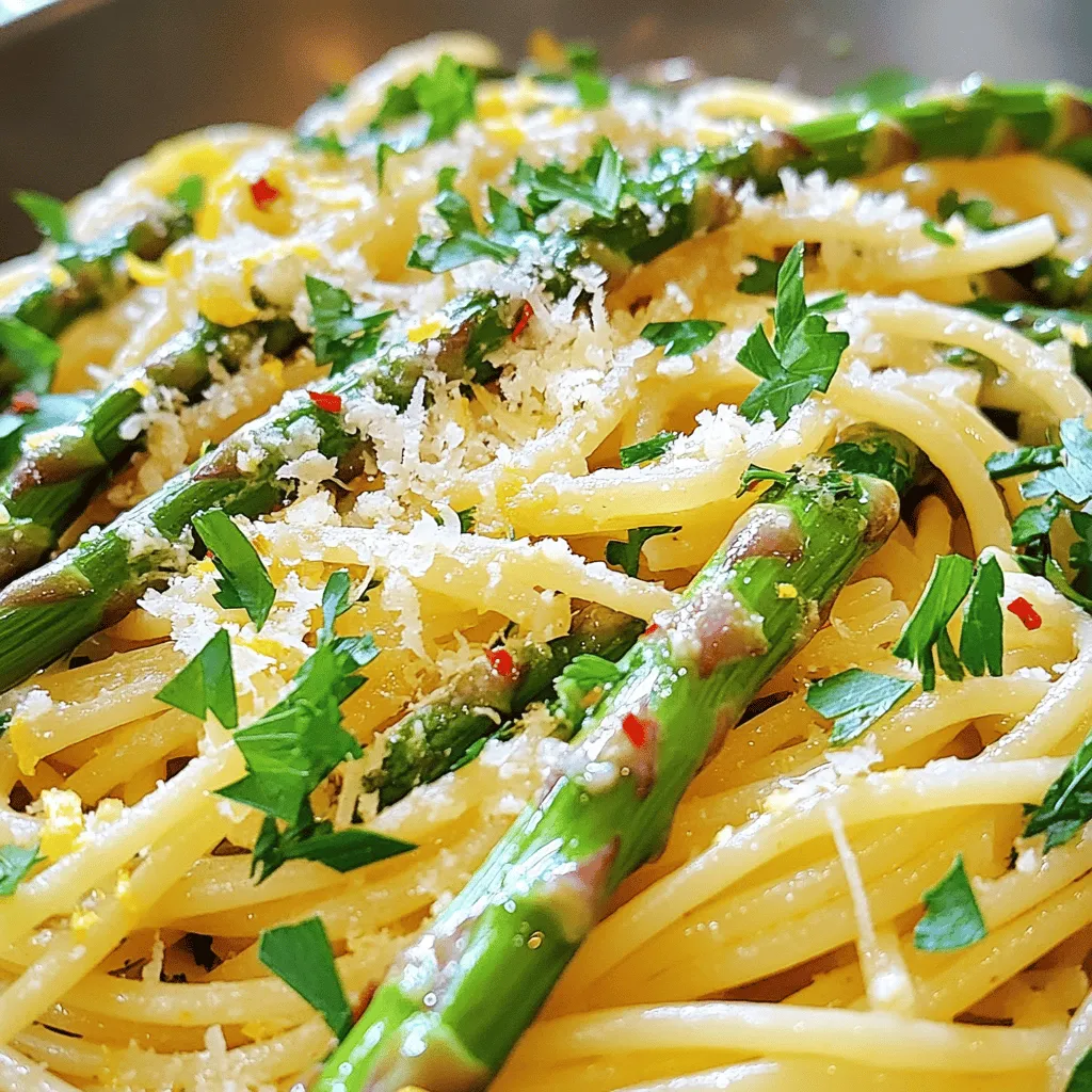 - 8 oz (225g) spaghetti or fettuccine - 1 bunch asparagus, trimmed and cut into 1-inch pieces - 3 tablespoons olive oil - 3 cloves garlic, minced - Zest of 1 lemon - Juice of 1 lemon - 1/2 teaspoon red pepper flakes (optional) - 1/2 cup grated Parmesan cheese, plus extra for serving - Salt and freshly ground black pepper to taste - Fresh parsley, chopped for garnish Cooking Lemon Asparagus Pasta is simple and fun. The ingredients shine with fresh flavors. Start with the pasta; spaghetti or fettuccine works best. Use high-quality olive oil for a rich taste. The asparagus adds a lovely crunch and bright color. Minced garlic gives it a wonderful aroma. Adding lemon zest and juice brings brightness to the dish. Red pepper flakes add a hint of spice, but you can skip them if you prefer. Parmesan cheese ties all the flavors together with its creamy texture. Finish with fresh parsley for a pop of color and flavor. - Large pot for boiling pasta - Skillet for sautéing - Colander for draining pasta Having the right tools makes cooking easier. A large pot lets your pasta boil freely. A skillet is perfect for sautéing your asparagus and garlic. Use a colander to drain the pasta without making a mess. Lemon Asparagus Pasta is not only tasty but also nourishing. It typically has around: - Calories: 400 - Protein: 15g - Fats: 12g - Carbs: 60g This dish balances flavors and nutrition well. With fresh ingredients, it makes a great meal option. You can enjoy this dish knowing it fuels your body right. For the full recipe, be sure to check the details above! To start, fill a large pot with water. Add a good amount of salt to the water. This helps the pasta taste great. Bring the water to a boil. When the water is bubbling, add 8 oz of spaghetti or fettuccine. Stir the pasta and cook it according to the package instructions. Aim for that perfect al dente texture, which means it should be firm but not hard. Once the pasta is done, reserve 1 cup of the pasta water. Drain the pasta and set it aside. Now, let’s prepare the asparagus. Take a large skillet and heat 1 tablespoon of olive oil over medium heat. Add the asparagus pieces, which should be trimmed and cut into 1-inch pieces. Sauté the asparagus for about 3-4 minutes. You want them tender but still a bit crisp. Once they look good, remove the asparagus from the skillet. Place it on a plate and keep it warm for later. Next, we’ll mix everything together. In the same skillet, add 2 more tablespoons of olive oil. Toss in 3 cloves of minced garlic and red pepper flakes if you like a bit of heat. Sauté for about 1 minute. Be sure to stir often, so the garlic does not burn. After that, add the drained pasta back into the skillet along with the asparagus. Sprinkle in the lemon zest and drizzle the lemon juice over the top. Gently toss all the ingredients together. Gradually add the reserved pasta water until you reach your desired creaminess. Finally, stir in 1/2 cup of grated Parmesan cheese. Season with salt and black pepper to taste. Mix until the cheese melts and coats the pasta nicely. For the full recipe, check out the section above. Enjoy your cooking! To get that perfect al dente texture, start with a big pot of water. Add a lot of salt; it should taste like the sea. Bring the water to a rolling boil before adding your pasta. Stir the pasta right away, so it doesn't stick. Follow the cooking time on the package. For spaghetti or fettuccine, it’s usually around 8-10 minutes. Check it a minute or two early to ensure it’s firm but not hard. Once done, save a cup of pasta water before draining. For a bright and fresh taste, use lemon zest. It adds a lively punch. You can also try adding some fresh herbs like basil or thyme. If you want a different cheese, consider goat cheese or feta. They melt well and add a unique flavor. Mixing in a handful of spinach or arugula enhances both taste and nutrition. Each of these ingredients makes your dish even better. To achieve creaminess, use the reserved pasta water. Slowly add it back to the skillet. Start with a little, then add more if needed. This water has starch, which helps bind the sauce. Another trick is to mix the cheese in while the pasta is hot. This creates a smooth and rich sauce. For extra creaminess, you can stir in a splash of cream or a spoonful of ricotta. These tips will make your Lemon Asparagus Pasta truly delightful. For the full recipe, check out the details above! {{image_4}} You can boost your Lemon Asparagus Pasta by adding protein. Chicken, shrimp, and tofu all work great. For chicken, grill or sauté pieces until cooked through. Toss them in with the pasta and asparagus. For shrimp, cook them in the same skillet until they turn pink. Tofu offers a nice plant-based option; just sauté it until it’s golden. This adds flavor and makes the meal more filling. To make this dish vegan, swap the Parmesan cheese for a vegan alternative. Nutritional yeast is a great choice. It adds a cheesy flavor without dairy. You can also use plant-based butter or olive oil for richness. Ensure that your pasta is egg-free, as some pastas contain eggs. This way, you keep all the great taste while making it plant-based. You can switch up the pasta to fit your needs. For gluten-free options, choose rice or chickpea pasta. These alternatives cook nicely and taste good, too. Whole grain pasta is another healthy choice. It adds fiber and a nutty flavor. You can experiment with different shapes like penne or fusilli. Each offers a unique texture and makes the dish fun! For the complete experience, don’t forget to check out the Full Recipe. To store leftover lemon asparagus pasta, let it cool first. Place the pasta in an airtight container. You can keep it in the fridge for up to three days. If you want to keep it longer, freeze it. Use a freezer-safe bag or container for freezing. Make sure to remove as much air as possible to prevent freezer burn. When reheating lemon asparagus pasta, you want to keep it tasty. The best way is to use a skillet. Add a splash of water or olive oil to prevent sticking. Heat it over medium heat and stir often. You can also use the microwave. Place it in a bowl with a lid and add a tablespoon of water. Heat in short bursts, stirring in between. This helps keep the flavor fresh. In the fridge, lemon asparagus pasta lasts about three days. If you freeze it, it can last for about one month. For the best taste and texture, eat it within this time frame. Always check for signs of spoilage before eating. If it smells off or looks strange, it's best to throw it away. Yes, you can add many other vegetables. Try using broccoli, peas, or spinach. Each brings a unique taste. You can also mix in bell peppers or cherry tomatoes for color and flavor. Feel free to experiment with your favorites! If you need a substitute for Parmesan, try Pecorino Romano or Grana Padano. For a dairy-free option, use nutritional yeast. It gives a cheesy flavor without the dairy. You can also explore vegan cheese brands available in stores. The spice level depends on how much red pepper flakes you use. A half teaspoon adds a mild heat. If you want it spicier, you can add more. Alternatively, you can skip them entirely for a milder dish. Yes, lemon asparagus pasta works well for meal prep. You can cook it ahead and store it in the fridge. Just make sure to keep it in an airtight container. It stays fresh for up to four days. When ready to eat, just reheat it in the microwave or on the stove. In this blog post, I shared a tasty recipe for lemon asparagus pasta. You learned about the ingredients, including asparagus and lemon, and the cooking tools needed. I explained how to cook the pasta and prepare the vegetables perfectly. You also saw tips for making it creamy and ways to customize the dish. Whether you're adding protein, making it vegan, or adjusting flavors, this dish is versatile. Enjoy creating and sharing this fresh pasta dish. It’s simple, delicious, and perfect for any meal.