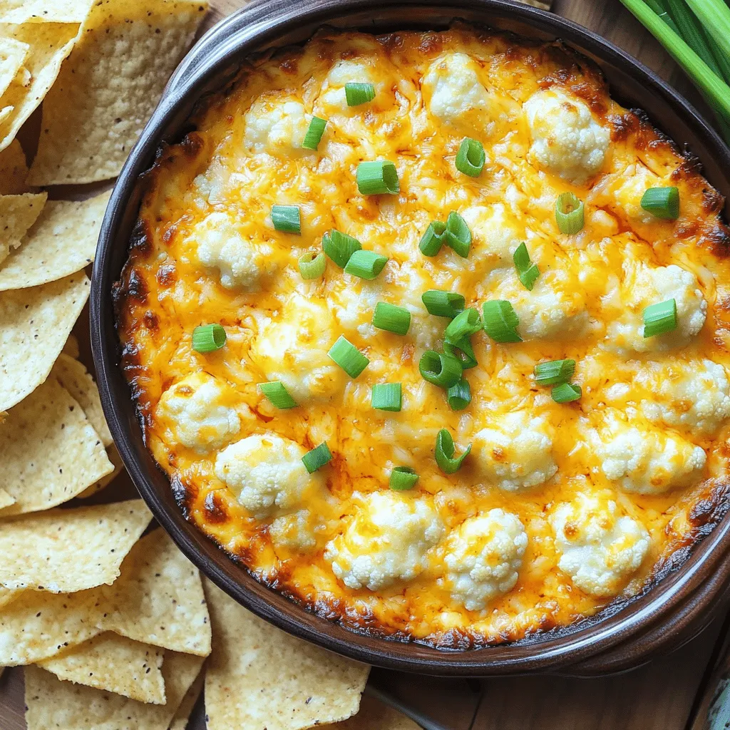 - 1 medium head of cauliflower, florets separated - 1 cup shredded sharp cheddar cheese - ½ cup cream cheese, softened - ½ cup plain Greek yogurt - ½ cup buffalo sauce - 2 green onions, finely chopped - 1 teaspoon garlic powder - Salt and black pepper to taste - Tortilla chips or slices of fresh bread for serving Creating the perfect Cheesy Buffalo Cauliflower Dip begins with fresh ingredients. Start with a medium head of cauliflower. The florets should be separated. This gives the dip a nice texture. Next, grab a cup of shredded sharp cheddar cheese. This cheese adds a great flavor. You can also use mild cheddar if you prefer a less sharp taste. Next, you’ll need half a cup of cream cheese. Make sure it’s softened. This helps the dip stay creamy. Then, add half a cup of plain Greek yogurt. This ingredient gives a nice tang and richness to the dip. For that spicy kick, you need half a cup of buffalo sauce. Adjust this to your taste. If you like it spicier, add more. Don’t forget the green onions! You’ll need two, finely chopped. They add a fresh note to the dip. You will also need a teaspoon of garlic powder. This enhances the flavor. Finally, season your mixture with salt and black pepper to taste. To serve, have tortilla chips or slices of fresh bread ready. These make perfect dippers for the dip. For the full recipe, check the section above. Enjoy this cheesy delight! - Preheat the oven Set your oven to 350°F (175°C). This helps the dip cook evenly and bubble up. - Cook cauliflower florets Steam the cauliflower florets for 5-7 minutes. They should be tender but still firm. - Prepare the cheesy mixture In a large bowl, mix the softened cream cheese, Greek yogurt, and buffalo sauce. Blend until smooth and creamy. - Fold in the ingredients Gently add the steamed cauliflower, garlic powder, half of the green onions, and cheddar cheese to the mix. Stir carefully to keep the florets intact. - Season and transfer to baking dish Add salt and pepper to taste. Adjust the buffalo sauce if you want more heat. Transfer the mix to a greased baking dish. - Bake until bubbly and golden Place the dish in the oven for 20-25 minutes. Look for a bubbly, golden top. - Allow to cool and garnish Let the dip cool for a few minutes to avoid burns. Top with the remaining green onions for color. - Suggested serving options Serve warm with tortilla chips or fresh bread. Arrange celery sticks for a crunchy contrast. Try this Cheesy Buffalo Cauliflower Dip for a creamy flavor burst! For the complete recipe, check the Full Recipe section. Choosing the right cauliflower matters. Look for a medium head with tight florets. Fresh cauliflower gives the best taste and texture. Avoid any brown spots, as they can affect flavor. Balancing flavors makes your dip shine. Start with ½ cup of buffalo sauce. You can add more to increase the heat. Taste as you mix. Adjust the salt and pepper to your liking. This ensures a dip that suits your palate. For mixing, a hand mixer works great. It blends the cream cheese and yogurt smoothly. If you don’t have one, a sturdy spatula can also do the trick. Just be gentle when folding in the cauliflower. When baking, use a shallow dish. This helps the dip cook evenly. A 9-inch round or square dish will work well. Ensure it is greased to prevent sticking. For dippers, tortilla chips are a classic choice. They add a nice crunch. You can also use slices of fresh bread. Consider adding celery sticks for a crisp, healthy option. Pairing with other snacks can enhance your spread. Veggie platters or cheese boards work well. They provide variety and contrast to the dip's creamy, spicy flavor. Enjoy experimenting with what you serve alongside! {{image_4}} You can change the cheese if you want. For a lighter flavor, try mozzarella. If you need a dairy-free option, go for vegan cheese. There are many great brands that melt well. You can also use cashew cream instead of cream cheese for a vegan twist. This gives a rich texture without dairy. To make it more exciting, add spices. A bit of smoked paprika gives a nice kick. You can also use cayenne pepper for extra heat. Want to boost the veggie factor? Toss in some cooked spinach or finely chopped bell peppers. This adds color and nutrients. Think about how you want to serve it. For a fun twist, make mini servings in ramekins. This is great for parties. If you prefer a sharing style, use a large bowl. Garnish with fresh herbs or extra cheese on top for a beautiful look. Arrange colorful veggies around the bowl for added flair. You can find the full recipe to get started on this tasty dip. To keep your cheesy buffalo cauliflower dip fresh, refrigerate it in an airtight container. This method helps maintain the creamy texture and flavor. Store it for up to four days. If you want to keep it longer, you can freeze it. - Refrigeration tips: - Let the dip cool completely first. - Use a container that seals well to prevent air exposure. - Freezing instructions: - Portion the dip into freezer-safe containers. - Leave some space at the top for expansion. - Freeze for up to three months. When it's time to enjoy your dip again, proper reheating is key. You want that creamy, cheesy goodness back in your bowl. - Best methods for reheating: - Use the oven for even heating. Preheat it to 350°F (175°C). - Place the dip in a baking dish, cover with foil to keep moisture in, and heat for about 20 minutes. - You can also use the microwave, heating in short intervals until hot, stirring in between. - Preventing sogginess: - Avoid adding extra liquid when reheating. - Cover the dish to trap steam but let it breathe a little to prevent excess moisture. These tips will help keep your dip just as tasty as the first time you made it. Enjoy! How long can I store Cheesy Buffalo Cauliflower Dip? You can store the dip in an airtight container in the fridge for about 3 to 5 days. Just make sure it cools down before sealing it. This helps keep the flavors fresh and tasty. Can I make this dip ahead of time? Yes, you can make this dip a day ahead. Prepare it, then cover and refrigerate. When ready to serve, just bake it before your guests arrive. This saves time and makes for easy entertaining! What to do if the dip is too thick or runny? If your dip is too thick, add a splash of milk or more Greek yogurt to thin it out. Mix well until you reach your desired creaminess. If it’s too runny, add more cream cheese or cheese to help thicken it. How to make it spicier or milder? To make it spicier, add more buffalo sauce. Taste as you go to find the right heat for you. For a milder flavor, use less buffalo sauce or swap it with a mild hot sauce. How many calories are in Cheesy Buffalo Cauliflower Dip? A serving of this dip has about 200 calories. This can vary based on how much cheese you use, so check your ingredient labels for exact numbers. Is this recipe gluten-free? Yes, this dip is gluten-free. Just make sure your buffalo sauce and any dippers you use are also gluten-free. Enjoy it with tortilla chips or fresh veggies for a tasty treat! This blog post shared a simple recipe for Cheesy Buffalo Cauliflower Dip. I walked you through the key ingredients, preparation steps, and baking process. I also provided tips for perfecting your dip and suggested variations for flavor enhancement. Proper storage and reheating guidelines help keep your dip fresh. In closing, you can enjoy this dish in many fun ways. Make it your own by swapping ingredients and adjusting spice levels. Happy dipping!
