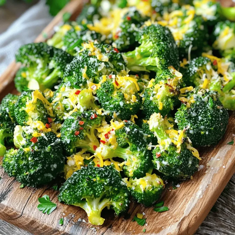 - 2 heads of fresh broccoli - 4 cloves of garlic - 3 tablespoons of extra virgin olive oil - Salt and black pepper - 1 teaspoon of red chili flakes - 1/4 cup of Parmesan cheese When I prepare Garlic Lemon Roasted Broccoli, I start with fresh ingredients. The broccoli should be bright green and firm. You want it to have a nice crunch after roasting. The garlic adds a rich flavor that pairs well with the lemon. In my kitchen, I always keep pantry staples on hand. Extra virgin olive oil brings a lovely depth to the dish. A sprinkle of salt and black pepper enhances the natural flavors. These items form the base of my recipe. Optional enhancements can take this dish to the next level. Red chili flakes add a spicy kick for those who like a bit of heat. I love to sprinkle grated Parmesan cheese on top toward the end of roasting. It melts and creates a delicious crust. For the full recipe, check the details above. This dish is not just healthy; it’s full of flavor and easy to make! - Preheat the oven to 425°F (220°C). This hot oven helps the broccoli crisp up nicely. - Prepare the broccoli by cutting it into bite-sized florets. I like to make them small for even cooking. Mince the garlic finely. This helps release its flavor into the dish. - In a large bowl, combine the broccoli, minced garlic, and olive oil. Add the lemon zest and juice. The lemon adds a bright flavor. - Season with salt, pepper, and chili flakes if you want a spicy kick. Toss everything gently, so each piece of broccoli gets coated well with the mixture. - Spread the seasoned broccoli on a baking sheet. Make sure the florets are in a single layer. This helps them roast evenly. - Roast the broccoli for 20-25 minutes. Stir the florets halfway through cooking. This ensures they brown nicely and get crispy edges. If you like cheese, sprinkle Parmesan on top during the last 5 minutes. It melts beautifully and adds a rich flavor. These steps will help you create a delicious Garlic Lemon Roasted Broccoli. For the full details, check the Full Recipe. To get crispy edges on your roasted broccoli, use high heat. Preheat your oven to 425°F (220°C). This helps the broccoli brown nicely. Spread the florets in a single layer on your baking sheet. If they’re too close, they will steam instead of roast. Stir the broccoli halfway through cooking. This step ensures even browning and prevents burning. You want every bite to be crunchy and full of flavor. You can boost the taste of your garlic lemon roasted broccoli with some optional ingredients. Try adding red chili flakes for a little heat. A sprinkle of Parmesan cheese in the last few minutes adds a rich touch. This dish pairs well with proteins like grilled chicken or fish. It also complements grains, such as quinoa or brown rice. The flavors work together to create a satisfying meal. To make your dish look elegant, serve the roasted broccoli on a large platter. Drizzle any leftover lemon juice over the top. This adds a fresh, zesty flair. For a final touch, sprinkle more Parmesan cheese and some fresh parsley. This adds color and makes your dish pop. With these tips, your garlic lemon roasted broccoli will shine on any table. {{image_4}} You can mix up the flavors of garlic lemon roasted broccoli easily. Try adding herbs like thyme or rosemary. These herbs bring a fresh taste that pairs well with the lemon. You can also use different cheeses for a richer flavor. Feta or goat cheese can make this dish even more exciting. If you're looking for vegan options, simply skip the cheese. The garlic and lemon will still give great flavor. You can also swap out the olive oil for an oil that suits your needs. For gluten-free eaters, this dish is already safe. Just make sure to check any added toppings. Broccoli is great, but don't shy away from other veggies. In spring, asparagus or peas work well. In autumn, try Brussels sprouts or root vegetables. These swaps keep your meals fresh and fun. Using seasonal vegetables also helps the environment and supports local farmers. To keep your garlic lemon roasted broccoli fresh, start by storing leftovers in the refrigerator. Place the cooled broccoli in an airtight container. This helps keep it fresh for up to four days. If you want to store it long-term, freezing is a good option. First, blanch the broccoli in boiling water for two minutes. Then, cool it in ice water to stop the cooking. Drain well, and pack it in freezer bags or containers. Be sure to remove as much air as possible. When it's time to enjoy your leftovers, reheating them right is key. The best way to reheat broccoli is in the oven. Preheat your oven to 350°F (175°C) and spread the broccoli on a baking sheet. Heat for about 10-15 minutes until it's warm and slightly crispy again. You can also use the microwave, but it may make the broccoli a bit soggy. If you do use the microwave, heat in short bursts of 30 seconds, stirring in between. Garlic lemon roasted broccoli can stay fresh in the fridge for about four days. If you freeze it, it can last for up to three months. Always check for signs of spoilage before eating. If you see any mold or if the broccoli looks dull and mushy, it’s best to throw it away. Keeping an eye on your leftovers ensures you enjoy every bite! For the full recipe, check out the earlier sections. What is the best way to cut broccoli for roasting? Cut broccoli into bite-sized florets. This size helps them cook evenly. Aim for pieces about 1-2 inches wide. You want them to be small enough to crisp up but large enough to stay juicy. The stalks are also tasty, so feel free to slice them thinly and add them to the mix! Can you make this dish ahead of time? Yes! You can prep the broccoli and garlic earlier in the day. Just mix them with the oil, lemon zest, and juice. Keep it in the fridge until you’re ready to roast. This way, you save time and still enjoy a fresh, hot side dish! Health benefits of broccoli and garlic Broccoli is rich in vitamins C and K. It has fiber, which is great for digestion. Garlic adds flavor and may boost your immune system. Together, they make a healthy team. This dish gives you nutrients and taste without extra calories. Caloric content per serving Each serving of garlic lemon roasted broccoli has about 100 calories. This includes the olive oil and optional cheese. It’s a light side that adds flavor without weighing you down. Perfect for any meal! What to serve with garlic lemon roasted broccoli? This dish pairs well with grilled chicken or fish. You can also serve it with quinoa or brown rice. The lemon flavor complements many proteins. Try it alongside a hearty soup for a filling meal! Ideas for a complete meal around this dish For a full meal, serve garlic lemon roasted broccoli, grilled salmon, and a mixed green salad. The bright flavors balance each other. You can finish with a light dessert, like fruit, to round it all out. For the full recipe, check out the details mentioned above! This blog post covered how to make garlic lemon roasted broccoli. We discussed fresh and pantry ingredients needed, plus optional enhancements. I outlined simple steps for preparation, mixing, and roasting broccoli to perfection. You learned tips for achieving crispy edges and ideas for presentation. Variations let you adapt flavors, and storage info ensures your dish stays fresh. Try this healthy side dish; it can elevate any meal. Enjoy cooking!
