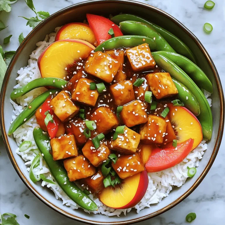 - Firm tofu - Ripe peaches - Bell pepper - Snap peas - Green onions - Garlic - Fresh ginger - Low-sodium soy sauce - Peach preserves - Sesame oil - Cornstarch slurry - Salt and pepper - Cooked rice or quinoa Gathering the right ingredients is key for this Peach Glazed Tofu Stir Fry. Start with firm tofu for the best texture. Ripe peaches add a sweet touch. Choose a bell pepper for color and crunch. Snap peas bring a fresh bite. Finally, green onions add a nice pop of flavor. You will also need some extra items. Garlic and ginger create a fragrant base. Low-sodium soy sauce balances the sweetness. Peach preserves help to glaze the tofu. Sesame oil gives a nutty flavor. For accompaniments, use a cornstarch slurry to thicken the sauce. Salt and pepper will enhance the taste. Serve the stir fry over cooked rice or quinoa for a complete meal. You can find the full recipe of Peach Glazed Tofu Stir Fry to make this dish come alive. Start by pressing the tofu. Place the block between two clean towels and weigh it down. Let it sit for 15-20 minutes. This helps remove extra moisture. Once pressed, cut the tofu into 1-inch cubes. Now, heat 1 tablespoon of sesame oil in a large skillet over medium-high heat. When the oil shimmers, add the tofu. Cook for about 7-10 minutes. Turn the cubes to brown all sides. The texture should be crispy and golden. Once done, take the tofu out and set it aside on a plate. In the same skillet, add minced garlic and grated ginger. Sauté for 2-3 minutes until the garlic smells good. Then, toss in the sliced bell pepper. Cook until the pepper is slightly tender. Next, add the snap peas and peach wedges. Continue to stir-fry for another 2-3 minutes. The snap peas should look bright green, and the peaches should soften a bit. In a small bowl, mix the soy sauce, peach preserves, and cornstarch slurry. Whisk until the sauce is smooth. Now, return the cooked tofu to the skillet. Pour the peach sauce over the tofu and veggies. Stir well to coat everything in the sauce. Let it cook for another 2-3 minutes until the sauce thickens. Season with salt and pepper to taste. Finally, stir in the chopped green onions, keeping some for garnish. Serve the peach glazed tofu stir fry hot over cooked rice or quinoa. For the full recipe, check out the detailed instructions above. To get the right tofu texture, start with firm tofu. You want it to hold its shape. Press the tofu for 15-20 minutes. This step removes excess moisture and helps it crisp up. Cut the tofu into 1-inch cubes. This size cooks evenly and soaks up flavors well. For even cooking, heat your skillet well before adding the tofu. Use medium-high heat and let the tofu sit for a bit before flipping. This way, it gets a nice golden crust. Don’t overcrowd the pan; cook in batches if needed. Spice can really boost your stir fry. Try adding crushed red pepper for heat. A pinch of five-spice powder can add depth. If you enjoy a bit of zing, a splash of rice vinegar can brighten the dish. Fresh herbs can take your stir fry to the next level. After cooking, sprinkle fresh basil or cilantro on top. They add a burst of flavor and a nice pop of color. This dish pairs well with cooked rice or quinoa. Both soak up the peach glaze nicely. For a fun twist, try serving it in lettuce wraps. This adds a crunchy texture. When plating, use a colorful bowl. Arrange the stir fry in the center. Garnish with extra peach slices and sesame seeds for a touch of elegance. A few green onion slices on top look nice and add freshness. For the full recipe, visit the Peach Glazed Tofu Stir Fry link. {{image_4}} You can swap tofu for other proteins. Chickpeas are a great choice! They add protein and fiber. You can also try tempeh, which has a firmer texture. Seitan offers a chewy bite, perfect for stir-fries. If you prefer non-plant options, chicken or shrimp work well too. Using seasonal veggies keeps your dish fresh and tasty. For spring, add asparagus or zucchini. In summer, try bell peppers or corn for sweetness. Fall brings butternut squash or Brussels sprouts, while winter offers carrots or kale. Each season brings new flavors to enjoy! You can adjust the sweetness of your glaze. Add more peach preserves for a sweeter taste. If you want spice, toss in some red pepper flakes. Try using mango or pineapple instead of peaches for a fun twist. Experiment with different fruit glazes to find your favorite! For the full recipe, check out the Peach Glazed Tofu Stir Fry! To store leftovers, place the tofu stir fry in an airtight container. Make sure it cools to room temperature before sealing. This keeps flavors fresh and prevents spoilage. The stir fry lasts in the fridge for 3 to 4 days. Always check for any off smells or changes in texture before eating. If you notice anything unusual, it's best to throw it out. When reheating, the skillet method works best. Heat a small amount of oil in a skillet over medium heat. Add the stir fry and stir until heated through. This helps maintain the texture of the tofu and veggies. If using a microwave, place the stir fry in a microwave-safe dish. Cover it with a damp paper towel to keep it moist. Heat in short bursts, stirring in between, to heat evenly. You can freeze the cooked stir fry for later. Allow it to cool completely, then place it in a freezer-safe container. It will stay good for up to 2 months in the freezer. To thaw, move the container to the fridge overnight. For reheating, use a skillet for the best texture. You can also microwave it, but it may lose some crispness. To achieve crispy tofu, start with firm tofu. Press it for at least 15 minutes to remove water. This helps it fry better. Cut it into even cubes for cooking. Heat your skillet on high before adding oil. Make sure the oil is hot, then add the tofu. Cook until golden brown on each side. Avoid overcrowding the pan. This ensures even cooking. For extra crunch, toss some cornstarch on the tofu before frying. It creates a nice crispy layer. Yes, you can use frozen vegetables in this recipe. However, the texture may change. Frozen veggies often become softer when cooked. They might not provide the same crispness as fresh ones. To use frozen vegetables, add them later in the cooking process. This helps keep some of their shape. If you don't have peach preserves, try apricot jam as a substitute. It has a similar sweetness and flavor. You can also blend fresh peaches with a bit of sugar. This gives you a fresh peach flavor. Honey or maple syrup can work too, but adjust the amount for sweetness. Yes, this dish can be gluten-free. Use gluten-free soy sauce instead of regular soy sauce. You can find this in many grocery stores. Check the labels on your ingredients to ensure they are gluten-free. This way, you can enjoy the dish without any worries. In this blog post, we explored a delicious Peach Glazed Tofu Stir Fry, focusing on key ingredients and clear steps. You learned how to prepare firm tofu, stir-fry colorful vegetables, and create a tasty peach glaze. We also shared tips for flavor enhancement, variations, and storage. This dish is not just healthy but also fun to make. With practice, you’ll master this stir fry and impress your friends. Don’t hesitate to add your own twists to make it uniquely yours! Enjoy every bite!