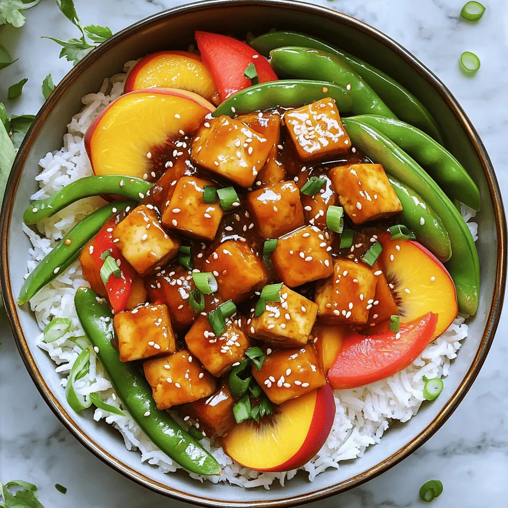 - Firm tofu - Ripe peaches - Bell pepper - Snap peas - Green onions - Garlic - Fresh ginger - Low-sodium soy sauce - Peach preserves - Sesame oil - Cornstarch slurry - Salt and pepper - Cooked rice or quinoa Gathering the right ingredients is key for this Peach Glazed Tofu Stir Fry. Start with firm tofu for the best texture. Ripe peaches add a sweet touch. Choose a bell pepper for color and crunch. Snap peas bring a fresh bite. Finally, green onions add a nice pop of flavor. You will also need some extra items. Garlic and ginger create a fragrant base. Low-sodium soy sauce balances the sweetness. Peach preserves help to glaze the tofu. Sesame oil gives a nutty flavor. For accompaniments, use a cornstarch slurry to thicken the sauce. Salt and pepper will enhance the taste. Serve the stir fry over cooked rice or quinoa for a complete meal. You can find the full recipe of Peach Glazed Tofu Stir Fry to make this dish come alive. Start by pressing the tofu. Place the block between two clean towels and weigh it down. Let it sit for 15-20 minutes. This helps remove extra moisture. Once pressed, cut the tofu into 1-inch cubes. Now, heat 1 tablespoon of sesame oil in a large skillet over medium-high heat. When the oil shimmers, add the tofu. Cook for about 7-10 minutes. Turn the cubes to brown all sides. The texture should be crispy and golden. Once done, take the tofu out and set it aside on a plate. In the same skillet, add minced garlic and grated ginger. Sauté for 2-3 minutes until the garlic smells good. Then, toss in the sliced bell pepper. Cook until the pepper is slightly tender. Next, add the snap peas and peach wedges. Continue to stir-fry for another 2-3 minutes. The snap peas should look bright green, and the peaches should soften a bit. In a small bowl, mix the soy sauce, peach preserves, and cornstarch slurry. Whisk until the sauce is smooth. Now, return the cooked tofu to the skillet. Pour the peach sauce over the tofu and veggies. Stir well to coat everything in the sauce. Let it cook for another 2-3 minutes until the sauce thickens. Season with salt and pepper to taste. Finally, stir in the chopped green onions, keeping some for garnish. Serve the peach glazed tofu stir fry hot over cooked rice or quinoa. For the full recipe, check out the detailed instructions above. To get the right tofu texture, start with firm tofu. You want it to hold its shape. Press the tofu for 15-20 minutes. This step removes excess moisture and helps it crisp up. Cut the tofu into 1-inch cubes. This size cooks evenly and soaks up flavors well. For even cooking, heat your skillet well before adding the tofu. Use medium-high heat and let the tofu sit for a bit before flipping. This way, it gets a nice golden crust. Don’t overcrowd the pan; cook in batches if needed. Spice can really boost your stir fry. Try adding crushed red pepper for heat. A pinch of five-spice powder can add depth. If you enjoy a bit of zing, a splash of rice vinegar can brighten the dish. Fresh herbs can take your stir fry to the next level. After cooking, sprinkle fresh basil or cilantro on top. They add a burst of flavor and a nice pop of color. This dish pairs well with cooked rice or quinoa. Both soak up the peach glaze nicely. For a fun twist, try serving it in lettuce wraps. This adds a crunchy texture. When plating, use a colorful bowl. Arrange the stir fry in the center. Garnish with extra peach slices and sesame seeds for a touch of elegance. A few green onion slices on top look nice and add freshness. For the full recipe, visit the Peach Glazed Tofu Stir Fry link. {{image_4}} You can swap tofu for other proteins. Chickpeas are a great choice! They add protein and fiber. You can also try tempeh, which has a firmer texture. Seitan offers a chewy bite, perfect for stir-fries. If you prefer non-plant options, chicken or shrimp work well too. Using seasonal veggies keeps your dish fresh and tasty. For spring, add asparagus or zucchini. In summer, try bell peppers or corn for sweetness. Fall brings butternut squash or Brussels sprouts, while winter offers carrots or kale. Each season brings new flavors to enjoy! You can adjust the sweetness of your glaze. Add more peach preserves for a sweeter taste. If you want spice, toss in some red pepper flakes. Try using mango or pineapple instead of peaches for a fun twist. Experiment with different fruit glazes to find your favorite! For the full recipe, check out the Peach Glazed Tofu Stir Fry! To store leftovers, place the tofu stir fry in an airtight container. Make sure it cools to room temperature before sealing. This keeps flavors fresh and prevents spoilage. The stir fry lasts in the fridge for 3 to 4 days. Always check for any off smells or changes in texture before eating. If you notice anything unusual, it's best to throw it out. When reheating, the skillet method works best. Heat a small amount of oil in a skillet over medium heat. Add the stir fry and stir until heated through. This helps maintain the texture of the tofu and veggies. If using a microwave, place the stir fry in a microwave-safe dish. Cover it with a damp paper towel to keep it moist. Heat in short bursts, stirring in between, to heat evenly. You can freeze the cooked stir fry for later. Allow it to cool completely, then place it in a freezer-safe container. It will stay good for up to 2 months in the freezer. To thaw, move the container to the fridge overnight. For reheating, use a skillet for the best texture. You can also microwave it, but it may lose some crispness. To achieve crispy tofu, start with firm tofu. Press it for at least 15 minutes to remove water. This helps it fry better. Cut it into even cubes for cooking. Heat your skillet on high before adding oil. Make sure the oil is hot, then add the tofu. Cook until golden brown on each side. Avoid overcrowding the pan. This ensures even cooking. For extra crunch, toss some cornstarch on the tofu before frying. It creates a nice crispy layer. Yes, you can use frozen vegetables in this recipe. However, the texture may change. Frozen veggies often become softer when cooked. They might not provide the same crispness as fresh ones. To use frozen vegetables, add them later in the cooking process. This helps keep some of their shape. If you don't have peach preserves, try apricot jam as a substitute. It has a similar sweetness and flavor. You can also blend fresh peaches with a bit of sugar. This gives you a fresh peach flavor. Honey or maple syrup can work too, but adjust the amount for sweetness. Yes, this dish can be gluten-free. Use gluten-free soy sauce instead of regular soy sauce. You can find this in many grocery stores. Check the labels on your ingredients to ensure they are gluten-free. This way, you can enjoy the dish without any worries. In this blog post, we explored a delicious Peach Glazed Tofu Stir Fry, focusing on key ingredients and clear steps. You learned how to prepare firm tofu, stir-fry colorful vegetables, and create a tasty peach glaze. We also shared tips for flavor enhancement, variations, and storage. This dish is not just healthy but also fun to make. With practice, you’ll master this stir fry and impress your friends. Don’t hesitate to add your own twists to make it uniquely yours! Enjoy every bite!