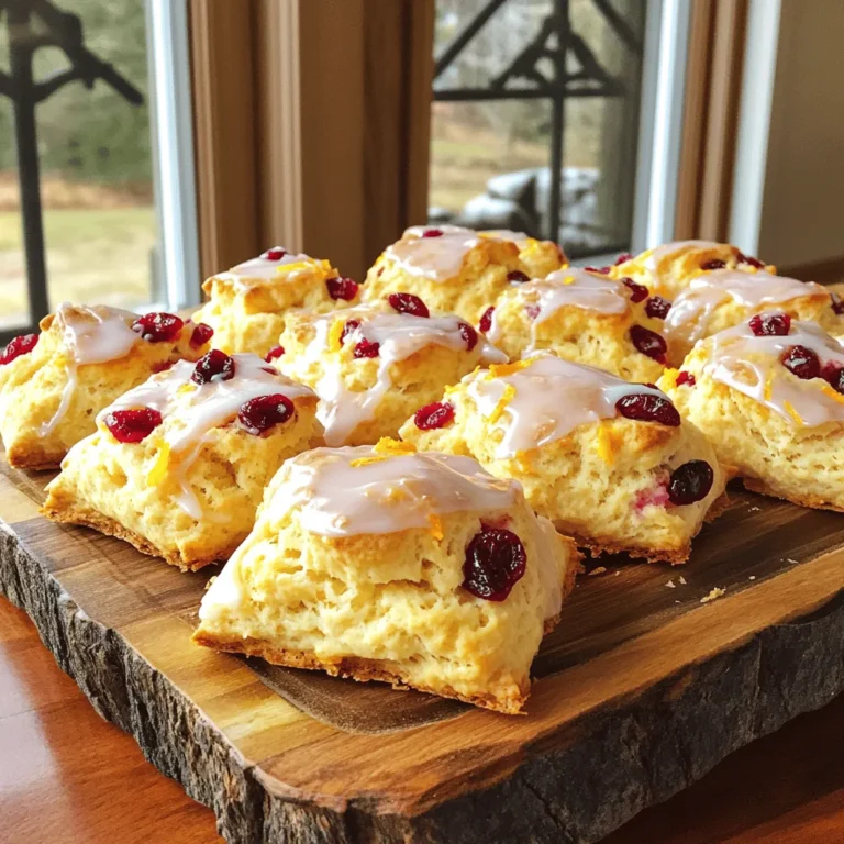 To make these delightful cranberry orange scones, you will need: - 2 cups all-purpose flour - 1/2 cup granulated sugar - 1 tablespoon baking powder - 1/2 teaspoon salt - 1/2 cup unsalted butter, cold and cubed - 1/2 cup dried cranberries - Zest of 1 large orange - 1/2 cup heavy cream - 1 large egg - 1 teaspoon vanilla extract - 1/2 cup powdered sugar (for glaze) - 1-2 tablespoons fresh orange juice (for glaze) These ingredients create a perfect balance of sweet and tart. Feel free to customize your scones! You can add: - Chopped nuts, like walnuts or pecans - White or dark chocolate chips - A pinch of cinnamon for warmth - Fresh herbs, like rosemary, for a twist These add-ins can elevate the flavor and texture. To prepare your scones, gather these tools: - Large mixing bowl - Whisk for dry ingredients - Pastry cutter or fingertips for butter - Spatula or wooden spoon for mixing - Sharp knife or bench scraper for cutting the dough - Baking sheet lined with parchment paper - Cooling rack for finished scones Having the right tools makes the process smooth and enjoyable. Start by preheating your oven to 400°F (200°C). This step is crucial for baking. A hot oven ensures the scones rise well and become fluffy. Line a baking sheet with parchment paper. This prevents the scones from sticking. In a large bowl, combine these dry ingredients: - 2 cups all-purpose flour - 1/2 cup granulated sugar - 1 tablespoon baking powder - 1/2 teaspoon salt Whisk them together until they are well mixed. This helps distribute the baking powder for even rising. Add 1/2 cup of cold, cubed butter to the dry mix. You can use a pastry cutter or your fingers. Work the butter in until it looks like coarse crumbs. Some pea-sized bits of butter should remain. These bits make the scones flaky. Now, stir in 1/2 cup of dried cranberries and the zest of 1 large orange. Make sure they are evenly spread in the mixture. The cranberries will give a burst of flavor, and the zest adds freshness. In a different bowl, whisk together these wet ingredients: - 1/2 cup heavy cream - 1 large egg - 1 teaspoon vanilla extract Mix them until smooth. This will create a rich flavor in your scones. Pour the wet mixture into the bowl with the dry ingredients. Gently stir with a spatula until just combined. The dough should be slightly sticky. Avoid overmixing. Turn the dough onto a floured surface. Pat it into a round disk about 1 inch thick. Cut it into 8 wedges. Place the wedges on your prepared baking sheet. Space them about 2 inches apart. Bake in the preheated oven for 15-20 minutes. They should be lightly golden brown. A toothpick inserted into the center should come out clean. While the scones cool, prepare the glaze. Mix 1/2 cup of powdered sugar with enough fresh orange juice. Stir until you have a smooth, pourable glaze. Adjust the juice to get your preferred thickness. Once the scones have cooled slightly, drizzle the glaze over the top. Let it cascade down the sides for a pretty look. This glaze adds sweetness and ties the flavors together. For the full recipe, check the details provided above. To get the best texture in your scones, use cold butter. This keeps the scones flaky. Cut the butter into small cubes and work it quickly into the flour. You want small lumps of butter to stay in the mix. These lumps create air pockets while baking, giving you that lovely rise. Mixing too much can lead to tough scones. When you combine the wet and dry ingredients, use a gentle touch. Stir until everything is just mixed. It’s okay if the dough looks a bit shaggy or uneven. Let it rest for a few minutes; it will come together as it bakes. For the glaze, mix powdered sugar with fresh orange juice until smooth. Adjust the juice to get the thickness you like. Drizzle it over warm scones for a nice melt. If you want, add extra zest to the glaze for more flavor. This adds a beautiful shine and a burst of orange taste. {{image_4}} If you don’t have dried cranberries, you can use other dried fruits. Chopped apricots or raisins work well. You can even try dried cherries for a nice twist. Each fruit brings a different flavor, so feel free to experiment. For a crunch, add nuts like walnuts or pecans. Just chop them up and mix them in with the cranberries. If you prefer something sweet, add chocolate chips. Dark chocolate pairs nicely with the orange flavor. Aim for about half a cup of nuts or chocolate. You can change the flavor of your scones by adding spices. A pinch of cinnamon gives warmth. Nutmeg adds a cozy touch as well. For a zing, try adding a little ginger. Just a dash goes a long way! This is a great way to create your own signature scone. For the full recipe, check back to make your kitchen a happy place! To keep your scones fresh, store them in an airtight container. If you plan to eat them within a few days, they can sit at room temperature. For longer storage, place them in the fridge. This will help maintain their softness and flavor. If you want to save some scones for later, freezing is a great option. Wrap each scone tightly in plastic wrap, then place them in a freezer bag. They will stay fresh for up to three months. When you're ready to enjoy them, simply take out what you need. To bring your scones back to life, preheat your oven to 350°F (175°C). Place the scones on a baking sheet and heat them for about 10 minutes. This will make them warm and soft again. You can also use a microwave for a quick fix, but they may not be as crisp. Enjoy your scones warm, and don’t forget to drizzle on some glaze! Cranberry orange scones stay fresh for about 2-3 days at room temperature. Keep them in an airtight container to maintain their softness. If you want them to last longer, refrigerate them for up to a week. They can also freeze well for up to three months. Yes, you can use fresh cranberries! They add a tart flavor and juicy texture. However, fresh cranberries are more sour than dried ones. You may want to increase the sugar in the recipe to balance the taste. These scones pair wonderfully with a cup of tea or coffee. You can also serve them with clotted cream or butter. A side of fresh fruit, like berries or orange slices, adds color and flavor. Absolutely! You can prepare the dough a day ahead. Wrap it tightly and store it in the fridge. When you’re ready to bake, let it sit for a few minutes before shaping and baking. Yes, you can make gluten-free scones. Use a gluten-free flour blend in place of all-purpose flour. Make sure the blend contains xanthan gum for the best texture. You can find the full recipe for cranberry orange scones in the recipe section above. Enjoy making these delightful treats! You learned about making delicious cranberry orange scones. We covered key ingredients, tools, and step-by-step instructions for baking. Tips helped you avoid common mistakes, while variations offered fun ideas. You also found important storage info and answered FAQs. Now, with this knowledge, you can bake scones that impress. Enjoy the process and make these tasty treats your own. Take your time, have fun, and share with friends! Happy baking!
