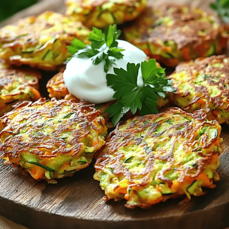 - 2 medium zucchinis, grated - 2 medium carrots, grated - 1/2 cup all-purpose flour - 1/4 cup cornmeal - 2 large eggs, beaten - 1/4 cup green onions, finely chopped - 1 clove garlic, minced - 1 teaspoon baking powder - 1 teaspoon ground cumin - 1/2 teaspoon smoked paprika - Salt and freshly cracked black pepper to taste - 1/4 cup grated Parmesan cheese (optional for extra flavor) - Olive oil for frying When making zucchini carrot fritters, fresh ingredients matter. Choose firm zucchinis and vibrant carrots. Their natural sweetness boosts flavor. - For gluten-free options, use almond flour or a gluten-free blend. - If you want dairy-free fritters, skip the Parmesan or use a non-dairy cheese. - Experiment with herbs like dill or basil to add unique flavors. Using different ingredients can change the taste. Be bold and try what you have on hand. The key is to maintain the right texture and moisture balance. For the full recipe, check out the reference to Zesty Zucchini Carrot Fritters. - Grate and prepare zucchini and carrots - Squeeze out excess moisture - Combine ingredients in a mixing bowl Start by grating the zucchini and carrots. Use a box grater or food processor for this. Make sure to use medium-sized zucchinis and carrots for the best flavor. After grating, it’s crucial to remove as much moisture as possible. Take a clean kitchen towel or cheesecloth, place the grated veggies inside, and twist it to squeeze out the water. This step helps the fritters get crispy. Next, it's time to mix! In a large bowl, add the squeezed zucchini and grated carrots. Then, toss in the all-purpose flour, cornmeal, beaten eggs, green onions, minced garlic, baking powder, ground cumin, smoked paprika, and Parmesan cheese if you like. Don't forget to season with salt and black pepper! Use a spatula to mix everything well. The mixture should be thick enough to hold its shape. - Heat olive oil in a skillet - Form and fry fritters - Monitor cooking time for even browning Now let’s cook! Heat a good amount of olive oil in a non-stick skillet over medium heat. You want it to shimmer, which means it’s hot enough. For each fritter, scoop about two tablespoons of the mixture into the skillet. Flatten it gently with your spatula to form a patty. Cook each fritter for about three to four minutes on each side. Look for a nice golden color and crispy edges. If the fritters start to burn, lower the heat. Keep an eye on them to ensure they cook evenly. - Drain excess oil after frying - Add garnishes and serve warm Once the fritters are cooked, remove them from the skillet and place them on a plate lined with paper towels. This helps soak up any extra oil. After draining, you can garnish your fritters if you want. A dollop of yogurt or sour cream on top adds a nice touch. Fresh herbs like parsley or cilantro also make the dish pop. Serve them warm and enjoy your crispy, flavorful treat! For the complete recipe, check out the Full Recipe section! - How to achieve perfect crispiness To get crispy fritters, squeeze out as much water as you can from the zucchini and carrots. The drier the vegetables, the better the crunch. Use a clean towel to help. - Adjusting heat for even cooking Start with medium heat. If the fritters brown too fast, reduce the heat. You want them golden but also cooked through. - Using a non-stick skillet effectively A non-stick skillet helps prevent sticking. Make sure to add enough olive oil so the fritters fry properly. Let them cook undisturbed for a few minutes. - Pairing with sauces or dips These fritters taste great with yogurt or sour cream. You can also try a spicy salsa or a tangy dip for extra flavor. - Best sides to serve alongside fritters A fresh salad or steamed veggies work well. They add color and balance the meal. - Creative presentation ideas Stack the fritters on a colorful plate. Top them with herbs for a fresh look. You can even serve them in a cone for fun. - Overmixing the batter Mix just until combined. Overmixing makes fritters tough. You want a light, fluffy texture. - Not squeezing enough moisture from the vegetables If you skip this step, your fritters will be soggy. Take the time to squeeze out every bit of water. - Frying at the wrong temperature If the oil isn't hot enough, your fritters will absorb too much oil. If it's too hot, they will burn. Aim for a steady medium heat for the best results. {{image_4}} You can have fun with zucchini carrot fritters by changing their flavor. Here are some ideas to try: - Adding different vegetables: Mix in chopped spinach or diced bell peppers. They add great color and taste. - Incorporating different cheeses: Try feta or cheddar. Each cheese gives the fritters a unique twist. - Spicing up with herbs or hot sauce: Add fresh herbs like basil or a dash of hot sauce. This will spice things up! You can also make zucchini carrot fritters to fit different diets: - Vegan zucchini carrot fritters: Substitute eggs with flaxseed meal mixed with water. It binds the mixture well. - Low-carb versions using almond flour: Replace all-purpose flour with almond flour. This keeps them light and low in carbs. - Nut-free alternatives: Use oat flour instead of almond flour. This keeps the fritters safe for nut allergies. Explore these variations and make the recipe your own! For the complete recipe, check out the Full Recipe section. To keep your zucchini carrot fritters fresh, start by letting them cool completely. Once cooled, place them in an airtight container. You can store them in the fridge for up to three days. This way, you can enjoy your tasty fritters later without losing flavor. If you want to save fritters for later, freezing is a great option. Lay the fritters on a baking sheet in a single layer. Freeze them for about 1 hour until they are firm. After that, transfer them to a freezer bag or container. They can last in the freezer for up to three months. To reheat after freezing, preheat your oven to 375°F (190°C). Place the fritters on a baking sheet and bake for about 15-20 minutes until heated through. This keeps them crispy and delicious. You can get creative with leftover fritters! Chop them up and toss them in salads for extra crunch. You can also use them as a filling for wraps or sandwiches. Another fun idea is to crumble them over pasta or rice dishes for added flavor. The possibilities are endless! To make your fritters crispy, you need to manage moisture. Excess water can make them soggy. After grating the zucchini, squeeze it well using a kitchen towel. This step is key for crispiness. - Use a clean towel to remove water from the zucchini. - Avoid overmixing the batter, as this adds air and can make them fluffy. For frying, use a non-stick skillet. Heat olive oil until it shimmers, but not too hot. Fry on medium heat for even cooking. This helps them brown nicely on both sides. Yes, you can bake them! Baking is a healthier option. To do this, you need to make a few changes. - Use parchment paper on your baking tray. - Add a little more oil to help with browning. Bake at 400°F for about 20 minutes. Flip them halfway through. This helps them crisp up on both sides. These fritters pair well with many dips. You can try yogurt, sour cream, or even a spicy aioli. - Fresh herbs like parsley or cilantro add a nice touch. - A side salad with lemon dressing complements the fritters well. You can also serve them as a light lunch or snack. For the complete recipe, check out the Zesty Zucchini Carrot Fritters 🥒🥕. In this post, we explored how to make delicious zucchini carrot fritters. We covered essential and alternative ingredients, step-by-step cooking instructions, and tips for perfect results. Variations and storage methods added to the fun. Focus on reducing moisture and frying at the right temperature ensures great texture. Remember, you can always get creative with flavors and serving ideas. Enjoy these fritters fresh or repurpose leftovers for unique meals. Now, get cooking and delight in your tasty creations!