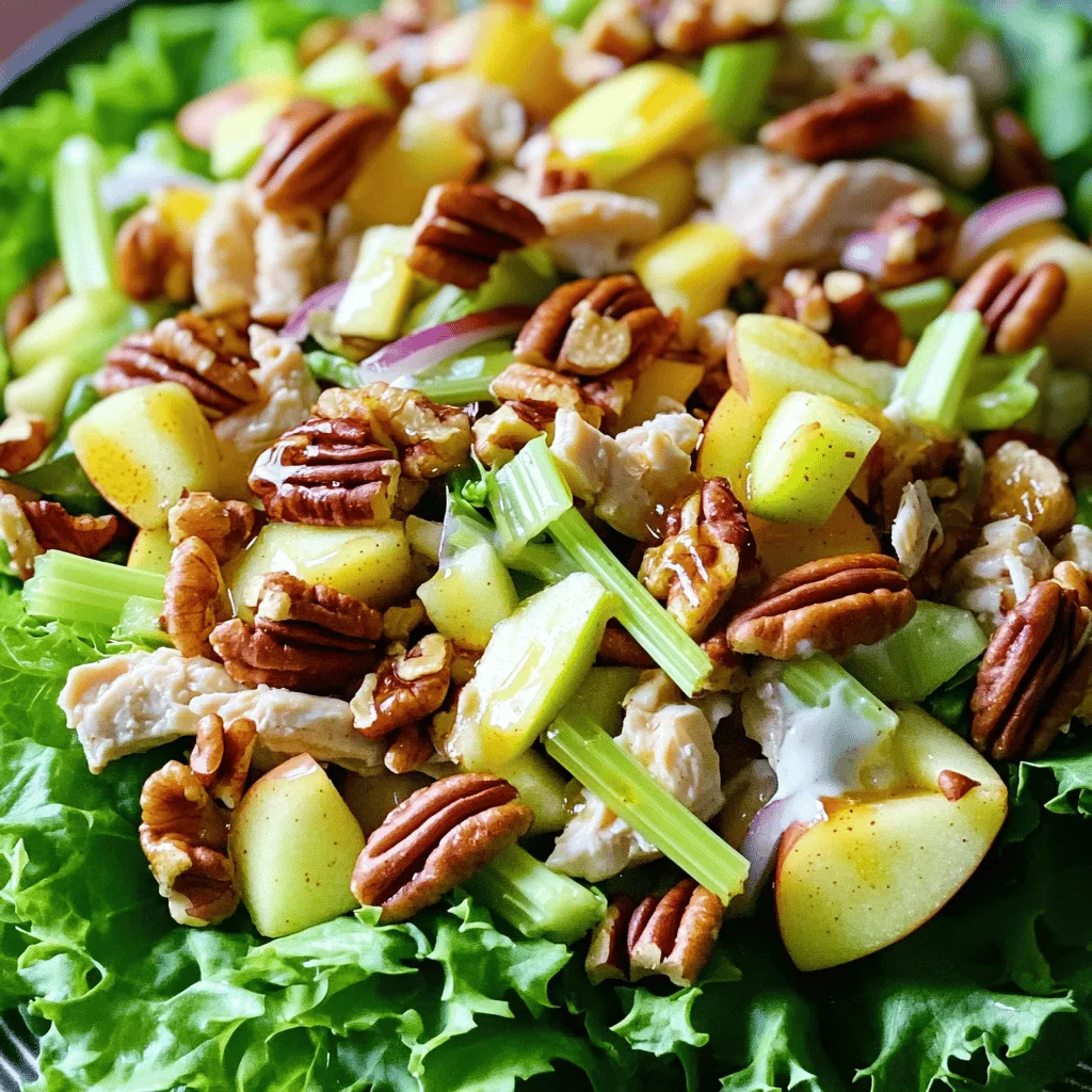 - 2 cups cooked chicken, chopped into bite-sized pieces - 1 large Granny Smith apple, cored and diced - 1/2 cup pecans, toasted and roughly chopped - 1/2 cup celery, finely chopped - 1/4 cup red onion, finely chopped - 1/3 cup Greek yogurt or mayonnaise - 1 tablespoon honey - 1 tablespoon apple cider vinegar - Salt and pepper to taste - Fresh greens (such as lettuce or baby spinach) - Optional garnishes (whole pecans, apple slices) In this delicious Apple Pecan Chicken Salad, you find a mix of flavors and textures. The chicken offers protein and heartiness. The Granny Smith apple brings a crisp tartness. Pecan nuts add a crunchy bite. Celery and red onion give the salad a fresh crunch and a bit of sweetness. For the dressing, I like using Greek yogurt. It adds creaminess and keeps the salad light. Honey adds just the right touch of sweetness, while apple cider vinegar brightens all the flavors. Don’t forget to season with salt and pepper to taste. When you're ready to serve, lay the salad on a bed of fresh greens. You can use lettuce or baby spinach. For a fun twist, serve it in lettuce wraps. This makes a great lunch or light dinner. You can also make it look pretty with whole pecans and apple slices on top. If you want the full details, check out the Full Recipe. - Combine chicken, apple, pecans, celery, and onion in a mixing bowl. - Prepare the dressing by whisking yogurt, honey, vinegar, salt, and pepper. - Drizzle dressing over the chicken mixture and toss to coat. Start by taking your cooked chicken and cut it into bite-sized pieces. You want these pieces small enough to mix well but big enough to enjoy. Next, grab a Granny Smith apple. Core it and dice it into small cubes. The tartness of this apple adds a great taste. Chop your pecans roughly. Toasting them first adds a nice crunch. Then, finely chop your celery and red onion. Each adds a unique flavor to the salad. In a separate bowl, mix Greek yogurt, honey, apple cider vinegar, salt, and pepper. Whisk until it’s smooth. This dressing ties everything together. Pour it over your chicken mixture. Toss gently to coat everything evenly. - Taste and adjust seasoning with additional salt, pepper, or honey to your preference. Now it's time for a taste test! Take a spoonful and see how it is. If it needs more flavor, add a bit more salt, pepper, or honey. You may want it sweeter or more tangy, so adjust to your liking. - Serve on a bed of greens or as lettuce wraps. To serve, you can use fresh greens as a base. Lettuce or baby spinach works well. If you want a fun twist, use large lettuce leaves as wraps. This makes for a great finger food option. Enjoy your Apple Pecan Chicken Salad! For the full recipe, refer to the earlier section. To keep Apple Pecan Chicken Salad fresh, store it in an airtight container. This way, it stays crisp. If you have leftovers, they last in the fridge for up to three days. Use leftover chicken in soups or wraps for a tasty meal. Want to boost the taste? Try adding fresh herbs like dill or parsley. They add a nice touch. For dressing swaps, mix in a bit of mustard or use balsamic vinegar for a tangy flavor. These changes can make your salad even more exciting. Make your salad look great! Serve it in clear glass bowls to show off the colors. Garnish with whole pecans and apple slices for flair. You can also use fun platters or lettuce leaves for a creative twist. This way, your salad is not just tasty but also beautiful. {{image_4}} You can switch the chicken for turkey. Cooked turkey works great and gives a similar taste. If you want a plant-based option, try tofu. Firm tofu can soak up flavors well. Just press and cube it before mixing. This will make the salad friendly for vegetarians and vegans. While Granny Smith apples are perfect, you can try other apples too. Honeycrisp or Fuji apples bring a sweet crunch. You can also use seasonal fruits. Fresh pears or even peaches can add fun flavors. For extra sweetness, toss in grapes or dried cranberries. Both of these mix-ins add texture and taste. The dressing can change up the whole dish. Besides Greek yogurt, you can use a mustard vinaigrette. This will add a nice tang. Balsamic dressing is another option. To adjust the sweetness, add more honey or vinegar. Taste as you go to find what you love best. To keep your Apple Pecan Chicken Salad fresh, store it in an airtight container. This salad stays good in the fridge for up to 3 days. Make sure to cover it well to avoid any unwanted odors. If you notice any ingredients starting to lose their crunch, it’s time to enjoy it! I do not recommend freezing this salad. Freezing can change the texture of the chicken and apples. If you do freeze it, use it within a month. Thaw it overnight in the fridge before eating. Just remember, this salad tastes best fresh! Keep individual ingredients fresh by storing them properly. For chicken, use a sealed bag in the fridge. Apples should go in a cool, dark place. Pecans stay fresh in a jar, away from heat. Prep ingredients in advance by chopping veggies a day before. This saves time and keeps everything crisp! Yes, you can prepare the salad a day before. Store it in an airtight container in the fridge. This keeps it fresh and tasty. Just add the dressing right before serving. This way, the salad stays crisp. If you can't use Greek yogurt, try sour cream. It gives a similar creamy texture. For a dairy-free option, use coconut yogurt or a nut-based yogurt. These alternatives still taste great in this salad. Yes, this salad can be gluten-free. All the main ingredients are naturally gluten-free. To ensure it's safe, check that your chicken and other extras are gluten-free. Always read labels on packaged items. You can add many veggies! Try diced bell peppers for a sweet crunch. Carrots add color and texture too. Spinach or arugula can make the salad even leafier. These veggies enhance the flavor and make it healthier. This blog post covered how to make a delicious Apple Pecan Chicken Salad. We looked at main ingredients and the dressing, then followed step-by-step instructions. I shared tips for meal prep and flavor enhancements. You can customize this dish with protein and fruit substitutes, making it your own. Remember, storing your salad correctly helps it stay fresh longer. Enjoy this easy recipe for a tasty and satisfying meal that suits any occasion.