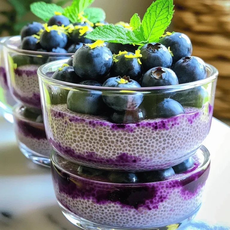 To make Lemon Blueberry Chia Pudding, you need a few simple items. Here’s what you’ll need: - 1/4 cup chia seeds - 1 cup almond milk (or your preferred milk) - 2 tablespoons maple syrup (adjust based on your sweetness preference) - Zest of 1 lemon - 2 tablespoons freshly squeezed lemon juice - 1/2 cup fresh blueberries - A pinch of salt - Optional: Fresh mint leaves for an aromatic garnish These ingredients work together to create a creamy and tasty pudding. The chia seeds soak up the milk and form a pudding-like texture. The lemon adds a bright, fresh flavor, while blueberries give a sweet burst in every bite. You can adjust the sweetness with maple syrup to fit your taste. If you want to fancy it up, add fresh mint leaves when you serve. This dish is not just healthy; it's also a joy to make. For the full recipe, check the instructions above. To start, grab a medium mixing bowl. First, combine 1/4 cup chia seeds and 1 cup almond milk. Stir them gently until mixed well. Next, add 2 tablespoons maple syrup, the zest of 1 lemon, 2 tablespoons freshly squeezed lemon juice, and a pinch of salt. Mix all these ingredients thoroughly. This blend creates a tasty base for your pudding. After mixing, let the pudding rest for about 5 minutes. This allows the chia seeds to soak up the liquid. Stir it again to keep the seeds from clumping. Once that’s done, cover the bowl with plastic wrap or a lid. Place it in the refrigerator. Chill it for at least 2 hours. If you want a thicker texture, let it rest overnight. This step is key for a creamy pudding. When you’re ready to serve, take the pudding out of the fridge. Stir it well to ensure a smooth texture. Now, layer the pudding into small bowls or clear cups. Alternate layers with 1/2 cup fresh blueberries for a beautiful look. For a finishing touch, add a few fresh mint leaves on top. This adds color and a refreshing scent. For the full recipe, check out the details above. Enjoy your delicious Lemon Blueberry Chia Pudding! You can adjust the sweetness of your lemon blueberry chia pudding. If you want it sweeter, add more maple syrup. Taste as you go. This helps you find the perfect balance. You can also infuse your pudding with extra flavors. Try adding vanilla extract or a pinch of cinnamon. These ingredients can bring new life to the dish. Storing chia pudding correctly is key for the best texture. You can keep it in the fridge for up to five days. The longer it sits, the thicker it gets. Stirring is important too. After it sets, give it a good stir before serving. This will help break up any clumps and make it smooth. For a beautiful presentation, think about layering. Start with chia pudding, then add a layer of blueberries. Repeat this pattern to create a lovely display. You can serve it in small bowls or clear glass cups. This makes the layers visible and appealing. For a pop of color, add fresh mint leaves on top. They not only look nice but also add a fresh scent. Make your lemon blueberry chia pudding a feast for the eyes! {{image_4}} You can switch up the milk in this recipe. Try coconut milk for a creamy texture. It adds a delightful flavor that pairs well with lemon. Oat milk is another great choice. It has a mild taste and is perfect for those who want a nut-free option. Mixing in different fruits can change the whole dish. Using strawberries or raspberries adds a sweet twist. They also bring a fun pop of color. You can even incorporate banana for a creamy consistency. Mash it up and mix it in for a different texture and flavor. You have options when it comes to sweetening your pudding. Honey adds a rich flavor, while maple syrup gives a nice touch of earthiness. If you prefer something lighter, you can use stevia or other sugar alternatives. They keep the sweetness without the extra calories. For the full recipe, check out the Lemon Blueberry Chia Pudding section! To keep your Lemon Blueberry Chia Pudding fresh, use airtight containers. Glass jars work well and are easy to clean. You can also use plastic storage containers. Store your pudding in the fridge right after making it. This keeps it cool and safe to eat. You can store this pudding for about 3 to 5 days. After that, it may lose some flavor and texture. Check for changes in smell or appearance. If it smells sour or has a strange color, it’s best to throw it away. If you have extra pudding, you can get creative! Mix it into smoothies for added nutrition. You can also layer it with granola and fruit for a tasty breakfast parfait. This way, you can enjoy your leftovers in fun new ways. Chia pudding needs at least 2 hours to set. For the best texture, I suggest leaving it overnight. This wait time gives the chia seeds enough time to soak up the liquid. They will swell and create a creamy pudding. If you like a thicker pudding, let it set longer. It can be fun to check the texture after 2 hours and adjust as needed. Yes, you can make chia pudding ahead of time. I often prepare it the night before for a quick breakfast. Storing it in the fridge keeps it fresh for up to 5 days. Just make sure to use an airtight container. This makes meal prep easy and helps you enjoy a healthy treat on busy mornings. You can add many tasty toppings and mix-ins. Here are some ideas: - Sliced bananas for added sweetness - A dollop of yogurt for creaminess - Nuts or seeds for crunch - A sprinkle of granola for texture - Extra berries like strawberries or raspberries Feel free to get creative! Each addition can give your pudding a unique twist. If you want more inspiration, check out the Full Recipe to explore different combinations. In this blog post, we explored making lemon blueberry chia pudding. We talked about key ingredients, step-by-step instructions, and tips for flavor and texture. You can use different milks and fruits to switch up your pudding. Proper storage keeps it fresh longer. Remember, this dish is perfect for meal prep, so make it in advance! I hope you find joy in creating this tasty and healthy treat. Enjoy every creamy bite!