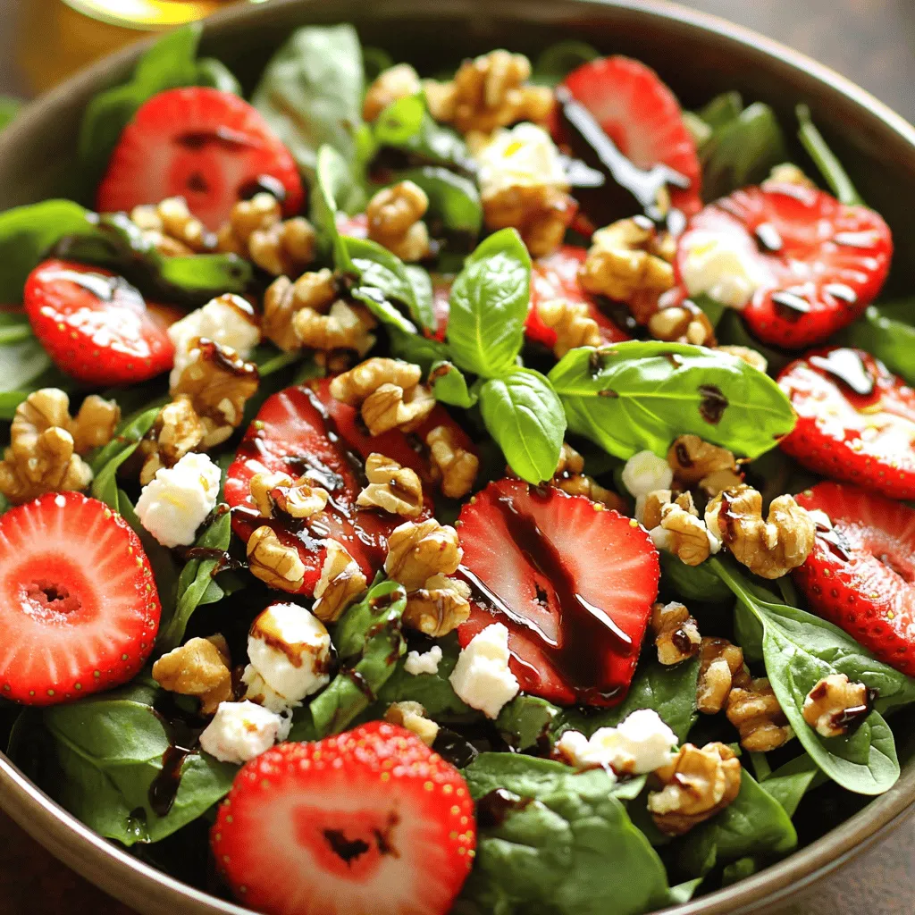 - 2 cups fresh strawberries, hulled and thinly sliced - 1 cup fresh basil leaves, roughly torn - 1 cup baby spinach, finely chopped - ½ cup crumbled feta cheese - ¼ cup walnuts, coarsely chopped - 3 tablespoons balsamic glaze - 2 tablespoons extra virgin olive oil - Salt and freshly cracked black pepper to taste - Calories per serving: 150 - Fat: 10g - Carbohydrates: 12g - Protein: 5g When making a strawberry basil salad, you want the freshest ingredients. Fresh strawberries add sweetness. Basil brings a lovely herbal note. Baby spinach adds a nice crunch. For extra flavor, feta cheese offers a creamy touch. Walnuts add a satisfying crunch and healthy fats. Balsamic glaze gives a sweet-tart kick. Finally, olive oil helps bring all the flavors together. The salad is light yet filling. Each serving has only 150 calories. It’s a great choice for lunch or a side dish. You can enjoy this salad guilt-free and feel good about your meal. If you want, you can find the full recipe for more details. To start, grab a large mixing bowl. Add 2 cups of fresh strawberries, hulled and sliced thin. Next, toss in 1 cup of fresh basil leaves, torn into pieces. Finally, add 1 cup of baby spinach, chopped finely. These three ingredients create a fresh and colorful base for your salad. Now, it’s time to enhance the salad. Sprinkle in ½ cup of crumbled feta cheese. This cheese adds a savory touch that pairs well with the sweet strawberries. Next, add ¼ cup of coarsely chopped walnuts. They bring a nice crunch and a nutty flavor to the mix. To finish, drizzle 3 tablespoons of balsamic glaze over the salad. This glaze gives a sweet and tangy contrast to the fresh ingredients. Also, add 2 tablespoons of extra virgin olive oil for richness. Gently toss everything together to coat the ingredients well. Be careful not to mash the strawberries! Lastly, season with salt and freshly cracked black pepper to taste, adjusting it to your liking. For the full recipe, check out the details above. To make the best Strawberry Basil Salad, start by picking fresh strawberries. Look for berries that are bright red and firm. Avoid ones with bruises or soft spots. For basil, choose vibrant green leaves. They should feel fresh, not wilted. When you toss your salad, do it gently. Use a large spoon and lift the ingredients. This way, you mix everything without crushing the strawberries. You want to keep their shape and juice intact for the best flavor. This salad shines at summer picnics or family gatherings. It pairs well with grilled chicken or fish. The sweet and tangy flavors complement savory dishes beautifully. For a fun presentation, serve it in a large, colorful bowl. You can also divide it among smaller plates for guests. Drizzle extra balsamic glaze on top for a stunning finish. A sprig of basil on each plate adds a nice touch. If you have leftover salad, store it in an airtight container. Keep it in the fridge for up to a day. The longer it sits, the softer the strawberries get. To keep them fresh, add the dressing just before serving. This helps maintain the crispness of the salad. {{image_4}} You can easily change up the ingredients in your Strawberry Basil Salad. If you want a different taste, try using goat cheese instead of feta. Goat cheese adds a creamy and tangy flavor that pairs well with the sweet strawberries. For a nut-free option, use sunflower seeds. They add great crunch without allergens. If you prefer a different texture, replace walnuts with pumpkin seeds. Pumpkin seeds are rich in nutrients and give a nice bite. You can also add toasted almonds for a nutty twist. Just remember to keep it balanced with fresh flavors. While balsamic glaze is a hit, you can explore other dressings too. A honey mustard dressing can bring a sweet and tangy vibe. Just mix honey, mustard, and a splash of vinegar. It’s simple and refreshing. Another great choice is a yogurt dressing. Blend plain yogurt with lemon juice and herbs for creaminess. This adds a light and zesty touch. You can even use a store-bought vinaigrette for quick prep. Each option will give your salad a new spin. The beauty of this salad is its flexibility. In summer, add peaches or nectarines for extra sweetness. In the fall, swap strawberries for apples or pears. This keeps the salad exciting all year round. During winter, use dried cranberries for a burst of flavor. You can also toss in roasted butternut squash for warmth. This way, you can enjoy the salad's freshness no matter the season. For the full recipe, check out Strawberry Basil Delight. To keep your Strawberry Basil Salad fresh, store it in an airtight container. Make sure to seal it well to avoid any air getting in. The salad stays fresh for about 2 days in the fridge. After that, the strawberries may get mushy. If you want to prepare the salad ahead of time, do not add the dressing yet. Keep the dressing separate until you are ready to serve. You can mix the strawberries, basil, spinach, and feta in advance. Just add the walnuts and dressing right before serving. Freezing the salad is not recommended. The fresh ingredients, especially strawberries and basil, do not freeze well. They can lose their texture and flavor. If you have leftovers, it's best to eat them fresh instead of freezing. For the full recipe, check out Strawberry Basil Delight. Strawberries are rich in vitamins. They have high amounts of vitamin C. This vitamin boosts your immune system and helps skin health. Strawberries also contain antioxidants. These protect your cells from damage. Basil is not just tasty; it offers many health perks too. It has anti-inflammatory properties. It can help with digestion and reduce stress. Together, strawberries and basil make a great pair for your health. Yes, you can prep this salad ahead. Just keep some tips in mind. Slice the strawberries and tear the basil leaves, but wait to mix them. Combine all ingredients just before serving. This keeps the salad fresh and vibrant. This salad fits many diets. It is naturally gluten-free and vegetarian. For nut-free options, skip the walnuts. You can also replace feta cheese with a dairy-free option. This makes it safe for those with allergies. This salad pairs well with grilled chicken or fish. It also goes nicely with a light pasta dish. For a vegetarian option, serve it next to stuffed peppers. You can use it as a refreshing side for any meal. Adding protein is easy! Grilled chicken slices work great. You can also use shrimp or tofu if you prefer. For a quick option, add canned chickpeas. This turns the salad into a complete meal. Enjoy it as a filling lunch or dinner. For the full recipe, check out the Strawberry Basil Delight! This blog post covered how to make a fresh and tasty Strawberry Basil Salad. We explored ingredients, step-by-step instructions, and variations to keep your salad exciting. I shared tips for selection and storage, ensuring your salad stays delicious longer. In closing, this salad is not only simple to make but packed with nutrition too. Enjoy its fresh taste at any meal or occasion! Try it out, and you’ll love it.