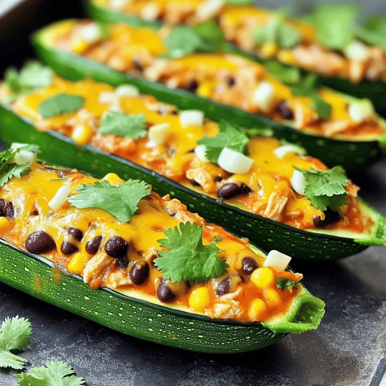 When making Chicken Enchilada Stuffed Zucchini, you need to gather some tasty ingredients. Here’s what you will need: - 4 medium zucchinis - 1 cup cooked chicken, shredded - 1 cup enchilada sauce (store-bought or homemade) - 1 cup black beans, rinsed and drained - 1 cup corn (fresh, frozen, or canned) - 1 cup shredded cheese (cheddar or a Mexican blend) - 1 teaspoon ground cumin - 1 teaspoon chili powder - 1/2 teaspoon garlic powder - 1/4 cup freshly chopped cilantro - Salt and pepper to taste - Olive oil for drizzling These ingredients bring great flavor and color to the dish. The zucchinis serve as a healthy vessel for the filling. The chicken, beans, and corn add protein and texture. The spices bring warmth and depth. The cheese melts beautifully on top, making everything delicious. To make the enchilada sauce, you can buy it or whip up a quick homemade version. Using fresh cilantro as a topping brightens the dish. You can adjust the spices to fit your taste. This recipe is easy to follow, and you can find the Full Recipe linked above. Explore and enjoy the vibrant flavors of this dish! - Preheat oven temperature to 375°F (190°C). - Rinse the zucchinis under cold water. - Slice zucchinis in half lengthwise. - Scoop out the center with a spoon. - Leave about 1/4 inch of flesh to hold the shape. - Arrange zucchini halves in a baking dish with the scooped sides up. - In a large bowl, combine shredded chicken and half of the enchilada sauce. - Add black beans, corn, ground cumin, chili powder, garlic powder, chopped cilantro, salt, and pepper. - Mix well until all ingredients blend. - Fill each zucchini boat with the chicken mixture, pressing it down gently. - Drizzle olive oil over the stuffed zucchinis. - Pour the remaining enchilada sauce evenly over them. - Top with a generous layer of shredded cheese. - Cover the dish tightly with aluminum foil. - Place in the preheated oven and bake for 20 minutes. - After 20 minutes, carefully remove the foil. - Bake for an additional 10-15 minutes. - Look for melted cheese and tender zucchini. - Once cooked, take the dish out of the oven and let it cool before serving. For the complete recipe, check the Full Recipe. To scoop out zucchini without damaging it, use a small spoon. Start at the stem end and gently scoop out the flesh. Leave about a quarter-inch of zucchini to keep it sturdy. This helps keep the shape while you fill it. When filling the zucchini, pack the mixture tightly. Use a spoon to press down lightly. This ensures each bite is full of flavor. You want a good balance of chicken, beans, and cheese in every piece. For perfect cheese melting and browning, choose a good melting cheese, like cheddar. Spread the cheese evenly on top of the stuffed zucchinis. Cover the dish with foil for the first part of baking. This helps the cheese melt without burning. Remove the foil later to let it brown nicely. For a colorful platter, arrange the stuffed zucchinis neatly. Drizzle any leftover enchilada sauce around the base. Add lime wedges on the side for an extra burst of flavor. Pair your zucchinis with a fresh salad or rice. Black beans or corn salad make great sides too. They add color and nutrition to the meal. Optional condiments can elevate the dish. Consider serving sour cream or guacamole. Salsa or pico de gallo offers a fresh kick, too. These toppings enhance the flavors and make each bite exciting. For the full recipe, check out the [Full Recipe] section. {{image_4}} You can easily change this recipe to fit different diets. For a vegetarian option, swap the chicken for plant-based protein. You can use tofu, tempeh, or even lentils. These options still give you a hearty filling and a great taste. If you need a gluten-free meal, check your enchilada sauce and cheese. Many brands are gluten-free. You can also use corn tortillas instead of flour ones. This way, you keep the flavor without gluten. Want to jazz up the flavor? Add spices for some heat. Try cayenne pepper or jalapeños in your filling. This adds warmth and excitement to each bite. You can also mix up your cheese. Instead of just cheddar, try Monterey Jack or pepper jack for a spicy twist. Each cheese brings a different flavor profile that can change the dish. Using fresh ingredients keeps your meal bright and delicious. In summer, add fresh tomatoes or bell peppers to the filling. These veggies bring a sweet crunch. For winter, try adding spinach or kale for some greens. These veggies hold up well in the cold months and add nutrition. You can also use different herbs like basil or thyme for added flavor. Explore these variations to make Chicken Enchilada Stuffed Zucchini a dish you'll love all year long! For the full recipe, visit the section above. To keep your Chicken Enchilada Stuffed Zucchini fresh, use airtight containers. Glass or plastic containers work well. Make sure to let the dish cool first. Store it in the fridge. It will stay good for about 3 to 4 days. If you want to keep it longer, consider freezing. You can reheat the stuffed zucchinis in two ways: the oven or the microwave. For the oven, preheat it to 350°F (175°C). Place the zucchinis in an oven-safe dish. Cover them with foil to keep moisture in. Bake for about 15 to 20 minutes. For the microwave, place a zucchini half on a plate. Heat for 2 to 3 minutes. The oven gives better texture, while the microwave is faster. Meal prep can save you time. Start by washing and slicing the zucchinis. You can also cook the chicken and beans ahead of time. Freeze the stuffed zucchinis for later use. Wrap each one in plastic wrap, then place them in a freezer bag. They can last up to 3 months in the freezer. When ready to eat, thaw overnight in the fridge before reheating. This makes dinner quick and easy! For the full recipe, check the earlier section. You can use tofu, beans, or lentils. Tofu works well when seasoned. Black beans add protein and fiber. Lentils are also a great choice. Choose what you like best for a tasty filling. Yes! Bell peppers and eggplants make great substitutes. You can use large portobello mushrooms too. Both options hold filling well and taste fantastic. Choose your favorite vegetable for a fun twist. Boost the spice by adding jalapeños to the filling. You can also sprinkle chili flakes on top. Another option is to use a spicier enchilada sauce. Adjust the heat to match your taste. Absolutely! You can prepare the filling a day before. Just store it in the fridge. You can also stuff the zucchini and cover it. Bake it the next day for a quick meal. This blog post shared simple steps for making Chicken Enchilada Stuffed Zucchini. You learned about the ingredients, preparation, and baking process. We also covered tips for serving and ways to alter the recipe to fit your diet. Remember, this dish is easy, tasty, and good for meal prep. Enjoy making it your own by adding spices or different veggies. Cooking can be fun, so try new flavors and share it with others. Happy cooking!