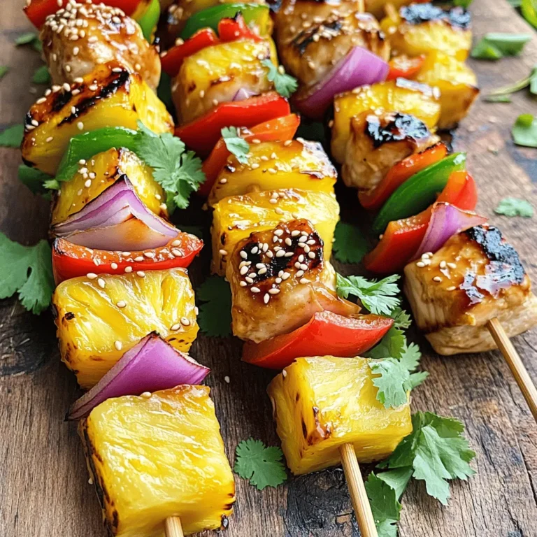 - 1 lb boneless chicken breast, cut into 1-inch cubes - 1 cup fresh pineapple, cut into 1-inch cubes - 1 red bell pepper, cut into 1-inch chunks - 1 green bell pepper, cut into 1-inch chunks - 1 small red onion, cut into 1-inch chunks - 1/4 cup soy sauce - 2 tablespoons honey - 1 tablespoon rice vinegar - 1 tablespoon sesame oil - 1 teaspoon fresh ginger, grated - 2 cloves garlic, minced - Skewers (bamboo or metal) - Salt and pepper to taste The chicken and vegetables bring a colorful mix to your kabobs. The chicken is juicy and tender, while the pineapple adds a sweet twist. Bell peppers and red onion add crunch and color. The teriyaki marinade is key. It gives your kabobs a rich umami flavor. Soy sauce brings saltiness, while honey adds sweetness. Rice vinegar offers a slight tang, and sesame oil gives a nutty aroma. Ginger and garlic add depth to the taste. - Sesame seeds - Fresh cilantro Adding sesame seeds gives a nice crunch and a bit of flair. Fresh cilantro adds a bright touch and a fresh taste. These garnishes take your kabobs from good to great. For the full recipe, check the complete instructions to create these delicious kabobs. Start by making the teriyaki marinade. In a medium bowl, mix these ingredients: - 1/4 cup soy sauce - 2 tablespoons honey - 1 tablespoon rice vinegar - 1 tablespoon sesame oil - 1 teaspoon fresh ginger, grated - 2 cloves garlic, minced - Salt and pepper to taste Whisk everything until it blends well. This marinade gives the chicken a sweet, savory flavor. Now it's time to marinate the chicken. Use about half of your teriyaki marinade. - Place 1 pound of cubed chicken breast in a bowl or bag. - Pour the marinade over the chicken. Make sure it's well coated. Seal the bag or cover the bowl. Refrigerate for at least 30 minutes. If you have time, let it marinate for 1-2 hours for better taste. Next, let's assemble the kabobs. You will need skewers, either bamboo or metal. - If using bamboo, soak them in water for 30 minutes. - Thread the skewer with chicken pieces, alternating with fresh pineapple, red bell pepper, green bell pepper, and red onion. This pattern not only looks good but also enhances the flavor. Now, you can cook the kabobs. You can grill them or bake them. - Preheat your grill to medium-high heat. - Place the kabobs on the grill. Cook them for 10-15 minutes, turning them every few minutes. The chicken should be fully cooked and have nice grill marks. Brush with reserved marinade during cooking for extra flavor. Once done, let the kabobs rest for a few minutes before serving. This helps keep them juicy. For a finishing touch, sprinkle sesame seeds and fresh cilantro on top. For the full recipe, check the section above. Marination Secrets for Enhanced Flavor To get the best flavor, marinate your chicken. Use half the teriyaki marinade before cooking. Let it soak for at least 30 minutes. For more flavor, try to marinate for 1-2 hours. This gives the chicken time to absorb all the tasty ingredients. Skewering Tips for Even Cooking When you skewer the chicken and veggies, keep them balanced. Alternate chicken with pineapple, red pepper, green pepper, and onion. This mix not only makes the kabobs look great but also helps with even cooking. Do not crowd the skewers. Leave space for heat to circulate. Temperature Control and Timing Heat your grill to medium-high before cooking. This is key for nice grill marks and juicy chicken. Cook the kabobs for about 10-15 minutes. Turn them often to avoid burning. Use a meat thermometer to ensure chicken reaches 165°F. Avoiding Common Grilling Mistakes Do not skip soaking bamboo skewers for 30 minutes. This prevents them from catching fire. Also, don’t constantly move the kabobs. Let them grill to get that perfect char. Finally, brush with the reserved marinade while cooking. This adds flavor and moisture. For the full recipe, check out the details above! {{image_4}} You can change things up with different proteins. If you want a vegetarian option, use tofu. Tofu soaks up the teriyaki sauce nicely. If you love seafood, shrimp makes a great swap. It cooks quickly and pairs well with pineapple. You can also switch out the vegetables. Try zucchini, mushrooms, or cherry tomatoes. Seasonal vegetables add fresh flavors. Make your kabobs colorful and fun by mixing various veggies. If you want to try something new, there are good teriyaki sauce substitutes. You could use soy sauce mixed with brown sugar. This gives a sweet and salty taste. Another option is a hoisin sauce. It adds depth to your kabobs. You can also make your own teriyaki sauce. Combine soy sauce, honey, and a bit of garlic. This homemade version can taste fresher than store-bought. Just remember to taste and adjust as you go. Want to explore the full recipe? Check out the full recipe for Tropical Teriyaki Pineapple Chicken Kabobs. To keep your teriyaki pineapple chicken kabobs fresh, follow these tips: - Cool Down: Let the kabobs cool to room temperature first. - Use Airtight Containers: Place them in a clean, airtight container. - Refrigerate: Store in the fridge for up to 3 days. - Keep Sauce Separate: If you have extra teriyaki sauce, store it in another container. To reheat your kabobs while keeping them tasty, try these methods: - Oven Method: Preheat your oven to 350°F (175°C). Place kabobs on a baking sheet and cover with foil. Heat for about 10-15 minutes. - Grill Method: If you want that grilled flavor back, heat your grill to medium. Place kabobs on the grill for 5-7 minutes, turning occasionally. - Microwave Method: For a quick option, cover kabobs with a damp paper towel. Heat on medium for 1-2 minutes, checking often. These methods help retain flavor and juiciness. Enjoy your delicious kabobs again! To keep your chicken juicy, focus on marination and cooking. Here are my tips: - Marinate Well: Use a mix of soy sauce, honey, ginger, and garlic. Let the chicken soak for at least 30 minutes. Longer is better, up to 2 hours. - Don’t Overcook: Cook the kabobs on medium-high heat for about 10-15 minutes. Turn them often for even cooking. - Baste While Grilling: Brush the kabobs with leftover marinade. This keeps them moist and adds flavor. Yes, you can make these kabobs in an oven. Here’s how: 1. Preheat your oven: Set it to 400°F (200°C). 2. Use a baking sheet: Line it with parchment paper or foil for easy cleanup. 3. Arrange kabobs: Place them on the sheet, leaving space between each skewer. 4. Bake: Cook for 15-20 minutes, flipping halfway through. Check that the chicken reaches 165°F (75°C). Pair your kabobs with these tasty side dishes: - Coconut Rice: It complements the tropical flavors well. - Grilled Vegetables: Zucchini, corn, and asparagus work great. - Fresh Salad: A light salad with citrus dressing adds brightness. - Dipping Sauces: Serve extra teriyaki sauce or a spicy mayo for fun. You can find the full recipe in the main article to get started on these delicious kabobs! You learned how to make tasty Teriyaki Pineapple Chicken Kabobs. We covered the main ingredients, including chicken, veggies, and marinade. I shared tips to prepare your marinade and marinate your chicken. You learned how to assemble and cook the kabobs perfectly. Feel free to try variations by swapping proteins or sauces. Don't forget about storing and reheating leftovers to keep them juicy. Enjoy making kabobs that everyone will love!
