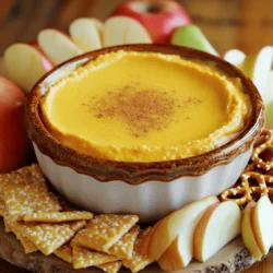 - 1 cup cream cheese, softened to room temperature - 1 cup pumpkin puree (not pumpkin pie filling) - 1/2 cup powdered sugar The cream cheese gives this dip its rich and creamy base. Use full-fat cream cheese for the best texture. Pumpkin puree adds that lovely fall flavor. Make sure to choose pure pumpkin, not the sweetened pie filling. The powdered sugar sweetens the dip and helps it achieve that perfect dessert taste. - 1 teaspoon pure vanilla extract - 1 teaspoon pumpkin pie spice - 1/4 teaspoon fine sea salt Vanilla extract boosts the sweet flavor. It blends well with pumpkin. Pumpkin pie spice adds warmth and that classic fall taste. This spice mix often includes cinnamon, nutmeg, and ginger. Sea salt balances the sweetness and enhances flavors. - Graham crackers - Apple slices - Pretzels Graham crackers offer a sweet crunch. They pair perfectly with the creamy dip. Apple slices add a fresh and juicy contrast. The tartness of apples brightens the flavor. Pretzels give a salty crunch, which is fun and tasty. You can mix and match these dippers for a fun platter. This pumpkin cheesecake dip is a must-try. It’s easy to make and perfect for your next gathering. Check the Full Recipe for detailed steps! To make this dip, start with the cream cheese. Use a large bowl and mix the cream cheese and pumpkin together. You can use a hand mixer or a spatula. Blend until the mix is smooth and creamy. It should have no lumps. Next, add the powdered sugar. Mix it in gradually. Keep stirring until the mixture is lump-free and dreamy. Now, it’s time to make it taste great. Carefully stir in the vanilla extract, pumpkin pie spice, and fine sea salt. Mix until you see the spices evenly spread. Next, gently fold in the whipped topping. Use a spatula to keep it light and airy. This gives the dip a fluffy texture. Once mixed, transfer the dip to a nice serving bowl. Smooth the top with your spatula for a pretty look. Cover the bowl with plastic wrap or a lid. Chill the dip in the fridge for at least 30 minutes. This time helps the flavors mix well. Before serving, stir the dip gently. You can add a sprinkle of pumpkin pie spice or a dollop of whipped topping on top for a fun finish. Enjoy this tasty pumpkin cheesecake dip with your favorite dippers! For the full recipe, check out the details above. To achieve a smooth dip, start with softened cream cheese. This helps blend well with pumpkin puree. Mix until there are no lumps. If you want it extra creamy, beat it longer. Chilling is key. Refrigerate for at least 30 minutes. This time allows the flavors to meld and the texture to set. Create a colorful platter to wow your guests. Use a decorative bowl for the dip. Surround it with an array of dippers. Try graham crackers for sweetness, crisp apple slices for freshness, and pretzels for crunch. Each dipper adds a fun twist. For vegan options, swap cream cheese with a plant-based alternative. Use coconut cream or almond milk to keep it creamy. You can also find gluten-free dippers like rice crackers or veggie sticks. These swaps make the dip inclusive and tasty for everyone. {{image_4}} You can make your pumpkin cheesecake dip even more fun. Try adding chocolate or caramel for a sweet twist. Just drizzle some melted chocolate on top or swirl in caramel. This adds extra flavor and looks nice too. Seasonal spices can also change the taste. A bit of nutmeg or ginger can give your dip a warm kick. Don’t be afraid to play with flavors! When it comes to dippers, you have many choices. For a healthy option, use carrots or celery sticks. They add crunch and a fresh taste. If you want something sweet, cookie sticks are a great pick. They pair well with the creamy dip. You can even try pretzels or graham crackers for more variety. This makes your serving platter exciting! Want to turn your dip into a dessert? You can easily transform it into a cheesecake. Just pour the mixture into a crust and let it set. Layering with graham cracker crumbs adds a nice crunch. This gives a fun twist to your treat. Your guests will love this new version just as much! For the full recipe, check out the detailed instructions to create this delightful dish. To store leftover pumpkin cheesecake dip, place it in an airtight container. This method keeps the dip fresh and tasty. Use a container that seals well to avoid air exposure. You can also cover the bowl with plastic wrap. Make sure to press it down to remove any air pockets. It is best to refrigerate the dip right after serving. Yes, you can freeze pumpkin cheesecake dip. First, transfer it to a freezer-safe container. Leave some space at the top for expansion. Seal the container tightly to avoid freezer burn. When you want to enjoy it again, thaw it in the fridge overnight. This slow thawing keeps the texture smooth and creamy. In the fridge, pumpkin cheesecake dip lasts about 3 to 5 days. Check for signs of spoilage before eating. If the dip looks discolored or smells off, it’s best to discard it. Also, if you notice any separation or curdling, that’s a sign it’s time to toss it out. Always trust your senses when it comes to food safety! Pumpkin cheesecake dip is a creamy, delightful treat. It blends pumpkin puree with cream cheese, powdered sugar, and spices. The result is a smooth, sweet dip that tastes like dessert. You can serve it with graham crackers, apple slices, or pretzels. This dip is perfect for parties or cozy gatherings. Yes, you can make this dip ahead of time. Prepare the dip and store it in the fridge. Cover it tightly with plastic wrap or a lid. This keeps the dip fresh. It’s best to chill for at least 30 minutes before serving. This allows the flavors to meld together. You can use fresh pumpkin, but canned pumpkin is easier. Canned pumpkin puree is smooth and ready to use. Fresh pumpkin needs cooking and pureeing, which takes more time. Both options are tasty, but canned is quicker for this recipe. To make this dip dairy-free, substitute the cream cheese. Use a dairy-free cream cheese made from nuts or soy. You can also use coconut whipped cream instead of regular whipped topping. Check the labels to ensure they are dairy-free. Your dip will still be creamy and delicious! Pumpkin puree is versatile and can be used in many recipes. You can add it to pancakes or muffins for extra flavor. Try it in soups for a creamy texture. You can also mix it into smoothies or oatmeal. Pumpkin puree adds nutrition and taste to your meals. We explored how to make a delicious pumpkin cheesecake dip using cream cheese and pumpkin puree. By enhancing flavors with vanilla and spices, and providing various dippers, you can create an exciting treat. Remember to chill the dip for the best texture. Try the variations for a unique twist, and follow the storage tips to keep it fresh. Making this dip can be simple, tasty, and fun for everyone to enjoy. Give it a try; you won’t regret it!
