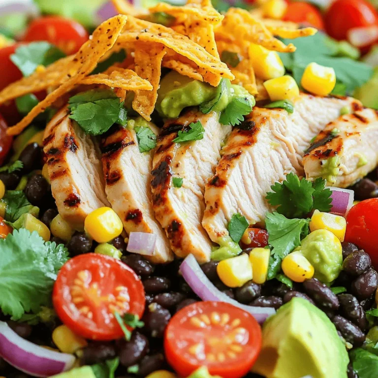 - 2 chicken breasts, seasoned, grilled, and sliced thin - 1 can (15 oz) black beans, rinsed and drained - 1 cup corn, fresh, canned, or frozen - 1 red bell pepper, diced - 1 ripe avocado, diced - 1 cup cherry tomatoes, halved - 1/2 red onion, finely chopped - 1/2 cup fresh cilantro, chopped - Tortilla strips (optional) - Juice of 1 lime - 1/4 cup extra virgin olive oil - 1 teaspoon ground cumin - 1 teaspoon chili powder - Salt and black pepper The first step is to gather all your ingredients. Fresh ingredients make the best salad. The chicken provides protein, while black beans add fiber. Corn gives sweetness and crunch. Next, we add colorful veggies. Red bell pepper adds a crisp bite. Avocado brings creaminess. Cherry tomatoes pop with flavor. Red onion adds a nice sharpness. Don't forget fresh cilantro. It brightens the dish. You can add tortilla strips on top for crunch. For the dressing, we use lime juice for a zesty kick. Olive oil adds richness. Ground cumin and chili powder bring warmth and depth. Season with salt and black pepper. Each ingredient plays a role, creating a balanced and tasty meal. For the full recipe, check below. To start, you need to whisk together some tasty ingredients. Take a medium mixing bowl and add the lime juice, olive oil, cumin, chili powder, and a pinch of salt and black pepper. Use a whisk to mix everything well. The goal is to create a smooth and balanced dressing. This emulsification helps the flavors blend perfectly. Now, let’s assemble the salad. Grab a large serving bowl. Start by layering the grilled chicken slices at the bottom. Next, add the black beans. Then, layer in the corn, followed by the diced red bell pepper. Keep going with the avocado and halved cherry tomatoes. Finish with the finely chopped red onion and cilantro on top. This colorful layering makes the salad look inviting and fun. Once your salad is layered, it’s time to toss it with the dressing. Drizzle the dressing all over the salad. Then, gently toss everything together. Make sure every bite is coated in that delicious dressing. After tossing, let the salad rest for about 10 minutes. This resting time allows the flavors to mix and deepen, making every bite even more delightful. If you want a nice crunch, add some crispy tortilla strips right before serving. These small touches can really elevate your dish. For the complete recipe, check the Full Recipe section above. To get great grilled chicken, start with good seasoning. I like to use salt, pepper, and a touch of cumin. You can also add garlic powder for more flavor. Marinate the chicken for 30 minutes for best results. For grilling, set your grill to medium heat, about 350°F to 400°F. This temp helps cook the chicken evenly. Grill the chicken for about 6-7 minutes on each side. When the chicken reaches 165°F, it is ready. Let it rest for a few minutes before slicing. For a stunning look, serve the salad on a large platter. Arrange the layers in different sections. This makes each color pop and looks very inviting. You can also use a clear bowl to show off the layers. To enhance the meal, serve tortilla chips or warm corn tortillas on the side. These add a great crunch. You can also offer a small bowl of extra dressing for those who like more flavor. To boost the flavor, consider adding spices like smoked paprika or garlic powder. These can make the salad taste even better. A little cayenne pepper can add heat if you like it spicy. Balance flavors by mixing sweet and savory. Try adding diced mango or pineapple for sweetness. This helps round out the taste and makes the salad more exciting. {{image_4}} You can change up your dressing for the Southwest Chicken Salad easily. One great option is avocado dressing. It gives a creamy texture that pairs well with the salad. To make this, blend ripe avocado with lime juice, garlic, and a bit of olive oil. For convenience, you can also pick up store-bought dressings. Look for options like ranch or a zesty lime vinaigrette. These can save time while still adding flavor. If you want to try different proteins, tofu or shrimp work well. Tofu is a great choice for a vegetarian option. Just marinate it in lime juice and spices before grilling. Shrimp adds a nice twist with a quick cook time. You can also brighten the salad with fruits. Try adding mango or strawberries for a sweet contrast. They bring a fun pop of color and flavor. Changing ingredients with the seasons keeps your salad fresh. In spring, add fresh peas or asparagus for a crisp bite. Summer is perfect for juicy tomatoes or cucumbers. In the fall, consider roasted squash or apples for warmth. Fresh herbs like basil or dill also elevate the taste. These small changes can make a big difference in flavor and enjoyment. To keep your Southwest Chicken Salad fresh, store leftovers right away. Use airtight containers to prevent air and moisture from spoiling your food. Glass or plastic containers work well. Make sure to separate the dressing if you want to keep the salad crisp. This way, it stays tasty for 3 to 4 days in the fridge. If you want to save the salad longer, freezing is an option. However, be mindful of texture. The veggies and chicken may become mushy after thawing. To freeze, put the salad in a freezer-safe bag. Remove as much air as possible. Use it within a month for the best taste. When it's time to eat again, reheating is key. The best method is to use a microwave. Heat in short bursts for about 30 seconds. Stir in between to ensure even warming. If you stored the dressing separately, add it after heating. This keeps the flavors fresh and bright. Enjoy your meal! For the full recipe, check the [Full Recipe]. To make this salad, start by grilling seasoned chicken. Slice it thin. Then, rinse and drain black beans. Heat corn if frozen. Dice red bell pepper, avocado, and chop cherry tomatoes and red onion. In a bowl, mix lime juice, olive oil, cumin, chili powder, salt, and pepper to make the dressing. Layer the chicken, beans, corn, and veggies in a large bowl. Pour the dressing over the salad and toss gently. Let it sit for about 10 minutes for the flavors to blend. Finally, top with tortilla strips for crunch. You can find the full recipe here. For side dishes, consider flavors that complement the salad. Here are some ideas: - Cornbread: Sweet and crumbly, it pairs well with the spice. - Guacamole and Chips: Creamy avocado with crispy chips adds texture. - Rice: Cilantro lime rice can enhance your meal's flavors. - Fruit Salad: A refreshing mix of fruits balances the savory salad. Each option brings its unique taste and texture to the table. You can prep this salad ahead of time. Here are some tips: - Store ingredients separately: Keep the dressing separate to avoid sogginess. - Cut veggies fresh: Chop ingredients like avocado and tomatoes just before serving. - Use airtight containers: Store the salad in sealed containers to keep it fresh. - Marinate before serving: Let it sit for a short time to blend flavors. These steps help maintain the salad's quality and taste. This blog post guides you through making a delicious Southwest Chicken Salad. You learned about key ingredients like chicken, beans, and corn. We covered dressing components and how to assemble the salad for the best taste. Tips on grilling chicken and serving options enhance your meal. Variations allow you to customize based on what you have. Remember to store leftovers correctly to keep flavors fresh. Enjoy this healthy, tasty dish at home, and feel free to experiment with it!