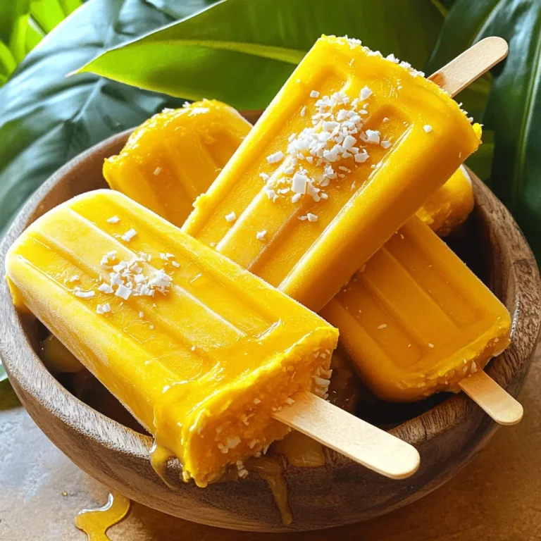 When making mango coconut popsicles, using fresh, quality ingredients is key. Here’s what you need: - Fresh mangoes - Coconut milk - Sweetener options (honey or maple syrup) - Lime juice - Pure vanilla extract - Salt - Optional garnishes (coconut flakes) 1. Fresh mangoes: You need 2 ripe mangoes. They should be sweet and juicy. Peel and dice them for easy blending. 2. Coconut milk: Use 1 cup of coconut milk. Canned coconut milk gives a richer taste. 3. Sweetener options: You can use 1 tablespoon of honey or maple syrup. This step is optional, depending on how sweet you like your popsicles. 4. Lime juice: Add 1 tablespoon of fresh lime juice. This adds a nice zing and balances the sweetness. 5. Pure vanilla extract: Use 1/4 teaspoon for extra flavor. It makes the popsicles taste even better. 6. Salt: A pinch of salt enhances all the flavors. It’s a small but important step. 7. Optional garnishes: If you want, roll the tops in coconut flakes. This adds texture and a fun look. Gather these ingredients for a delightful treat. This recipe is easy and fun to make. You can find the full recipe for Tropical Bliss Mango Coconut Popsicles to guide you through each step. Preparing these popsicles is a fantastic way to enjoy the sunny flavors of summer! To start, gather your ingredients. You need ripe mangoes, coconut milk, honey or maple syrup, lime juice, vanilla extract, and a pinch of salt. 1. Blending the ingredients: Place the diced mangoes, coconut milk, honey or maple syrup, lime juice, vanilla extract, and salt into a blender. Blend on high speed until smooth and creamy. This step is key for the perfect texture. 2. Tasting and adjusting sweetness: After blending, taste the mixture. If it’s not sweet enough, add more honey or maple syrup. Blend again for a few seconds to mix it well. It’s all about making it just right for your taste. Now, let’s get that mixture into molds! 1. Pouring into molds: Carefully pour the mango-coconut mixture into popsicle molds. Leave a little space at the top to let the popsicles expand as they freeze. 2. Inserting popsicle sticks: Insert popsicle sticks into each mold. Make sure they are centered. You can gently tap the molds on the counter to release any air bubbles. This step helps avoid ice crystals. 3. Freezing time recommendations: Place the molds in the freezer. Let them freeze for at least 4 to 6 hours. You want them to be completely solid and firm before you take them out. Finally, it’s time to enjoy your treats! 1. Running warm water over molds: When you’re ready to eat, run warm water over the outside of the molds for a few seconds. This will help loosen the popsicles. 2. Removing popsicles: Gently pull on the sticks to free the popsicles from the molds. If they stick, give them a little more warm water to help them out. Now, your Mango Coconut Popsicles are ready to delight your taste buds! For the full recipe, check out the Tropical Bliss Mango Coconut Popsicles. To boost the taste of your mango coconut popsicles, consider using fresh coconut milk instead of canned. Fresh coconut milk offers a lighter texture. Canned coconut milk is thicker and creamier. Choose based on your preference. You can also add spices for more flavor. A pinch of cinnamon or a dash of cardamom can add warmth. Lime zest gives a bright, fresh taste. A little goes a long way, so start small! Garnishing your popsicles makes them look fun and appetizing. Try rolling the tops in coconut flakes for texture. You can also add fresh mango slices on the side. Serve the popsicles on a colorful plate or a wooden board. Adding lime wedges beside them makes for a vibrant display. Simple touches make a big difference! If you want vegan popsicles, skip the honey or maple syrup. Use agave syrup or leave it out entirely. The natural sweetness of mangoes is often enough. For those watching sugar, use a low-carb sweetener. Stevia or erythritol can work well. Adjust the amount to taste, just like with honey. This way, everyone can enjoy these tasty treats! For the full recipe, see the sections above. {{image_4}} You can make mango coconut popsicles even more fun by adding other fruits. Pineapple and banana are great choices. They add sweetness and tropical flair. For a berry twist, try mixing in strawberries or blueberries. These fruits bring a burst of color and flavor. You can blend them into the mango mixture or layer them. This lets you enjoy different tastes in each bite. If you want a creamier popsicle, consider using Greek yogurt. It adds a rich texture and protein. You can also try nut milk like almond or cashew. These options can make the popsicles dairy-free. Just swap out the coconut milk for your nut milk of choice. Each variation gives a new twist to the classic flavor. Make your popsicles even more exciting by using different molds. You can find fun shapes like stars or animals. Kids love these playful designs! Layering colors also adds visual appeal. Pour one color, let it freeze a bit, then add another color. This creates a stunning look that makes the popsicles even more tempting. To keep your mango coconut popsicles fresh, wrap them well. Use plastic wrap or aluminum foil. This prevents ice crystals from forming. You can also store them in a freezer-safe bag. Be sure to remove as much air as possible. Store your popsicles at a steady temperature. The ideal freezing temperature is 0°F (-18°C) or lower. Avoid opening the freezer too often. This helps keep the cold air inside. Mango coconut popsicles last up to two months in the freezer. After this time, they may lose flavor. Keep an eye out for signs of freezer burn. This looks like white or icy patches on the popsicles. If you see this, it’s best to throw them away. You can refreeze popsicles if they thaw. However, this might change the texture. They may become icy or grainy. The taste might also suffer a bit. To enjoy the best flavor and texture, eat them fresh when possible. Mango coconut popsicles usually take about 4 to 6 hours to freeze completely. This time ensures that they reach a firm and solid state. For the best results, I recommend leaving them in the freezer overnight. This way, you’ll always have a refreshing treat ready to enjoy. Yes, you can use frozen mango! It’s a great alternative when fresh mangoes aren't available. Just make sure to thaw the frozen mango slightly before blending. This helps create a smoother texture. Frozen mango often has a more intense flavor, which can make your popsicles even tastier. Mango coconut popsicles can be a healthy treat. They are low in fat and provide vitamins from the mangoes. Mangoes are rich in vitamin C and fiber. Coconut milk adds healthy fats that can be good for your heart. If you choose to use a natural sweetener like honey or maple syrup, you can control the sugar content. You can find pre-made mango coconut popsicles at many grocery stores. Look for brands that focus on natural ingredients. Stores like Whole Foods, Trader Joe’s, and local health food shops often carry them. You can also check online retailers for convenient delivery options. For the full recipe, check out the Tropical Bliss Mango Coconut Popsicles recipe! In this blog post, we explored how to make delicious mango coconut popsicles. We covered key ingredients, like fresh mangoes and coconut milk. You learned how to blend, mold, and freeze your popsicles perfectly. We shared tips for enhancing flavor and making variations to suit your taste. Lastly, we discussed storage tips to keep your treats fresh. Now, you can enjoy these fun, refreshing popsicles anytime. Get ready to savor the tropical taste of summer all year round!