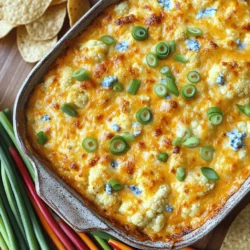 - Cauliflower florets - Cream cheese - Greek yogurt - Shredded cheddar cheese - Buffalo sauce For this dip, I use fresh cauliflower florets. They provide a nice crunch and soak up flavors well. Cream cheese gives the dip its creamy base. Greek yogurt adds tang and makes the dip lighter. Shredded cheddar cheese brings in that rich, cheesy taste. Buffalo sauce adds a spicy kick that everyone loves. - Blue cheese crumbles - Green onions Adding blue cheese crumbles gives the dip a sharp flavor. For a fresh touch, green onions brighten it up. You can adjust these based on what you like. - Garlic powder - Onion powder - Salt and pepper - Tortilla chips or veggie sticks Seasoning is key for great taste. Garlic powder and onion powder enhance the flavor. Salt and pepper balance everything out. For dipping, I recommend crispy tortilla chips. They are perfect for scooping. Fresh veggie sticks, like carrots or celery, are also great for a healthier option. This mix of ingredients makes for a tasty and fun dip. Check out the Full Recipe for all the details! 1. Preheat your oven to 375°F (190°C). This step is key for even baking. 2. Steam the cauliflower florets for about 5-7 minutes. They should be tender but not mushy. Once steamed, take them off the heat and let them cool a bit. 1. In a large bowl, mix the softened cream cheese and Greek yogurt. Blend until smooth, using a whisk or mixer. 2. Next, stir in the shredded cheddar cheese and buffalo sauce. If you like blue cheese, add it here too. Then, mix in garlic powder, onion powder, and salt and pepper to taste. 1. Chop the cooled cauliflower into small pieces. Gently fold this into the cheese mixture. Make sure all the cauliflower gets coated well. 2. Transfer the dip mixture into a baking dish. Spread it evenly across the dish. 3. Bake in the preheated oven for 20-25 minutes. Look for a bubbly dip with a golden brown top. 4. When it’s done, take it out and sprinkle sliced green onions on top. This adds a fresh crunch and nice color. For the full recipe, check the previous section! To get the best texture for your dip, steam the cauliflower right. Place it in a steamer basket over boiling water. Steam for about 5 to 7 minutes. You want it tender but still firm. This keeps the cauliflower from becoming mushy in the dip. When mixing, use a large bowl. Combine the cream cheese and Greek yogurt first. Blend until smooth with a hand mixer or whisk. If you see lumps, keep mixing! Then, fold in the other ingredients gently. This helps keep the dip creamy and fluffy. Buffalo sauce is key to this dip. Adjust the spice level to your taste. If you like it hot, add more sauce. For a milder flavor, use less. Fresh herbs can boost the taste. Try adding chopped parsley or dill. They add a nice touch and flavor. You can also mix in some garlic or onion powder for extra depth. For the best pairings, serve this dip with tortilla chips. The crunch balances the creamy dip. Fresh veggie sticks also work well. Carrots and celery add color and a crisp bite. Get creative with serving! Bake it in a cute dish. You can top it with extra cheese or herbs before serving. Set out a colorful platter of dippers. This makes your dip even more inviting. For the full recipe, check out the detailed instructions above. {{image_4}} You can still enjoy this dip while being health-conscious. Here are some options: - Low-fat cheese alternatives: Use low-fat cream cheese or reduced-fat cheddar. This keeps your dip creamy without too many calories. - Vegan version suggestions: Replace cream cheese with cashew cream or tofu. Use nutritional yeast for a cheesy flavor. Swap regular cheese for vegan cheese blends. Want to make your dip special? Here are some fun ideas: - Spicy or mild Buffalo variations: Adjust the spice by using less buffalo sauce. For extra heat, add more sauce or use a spicy cheese. - Extra toppings like bacon bits or jalapeños: Add crispy bacon bits for crunch. Sliced jalapeños give it a zesty kick. This dip fits any gathering. Here are some ways to serve it: - Game day platter ideas: Serve it with tortilla chips, celery sticks, and carrots. It’s a perfect snack for watching the game. - Appetizers for parties and gatherings: Pair it with crusty bread or crackers. Guests will love dipping into this cheesy delight. For a full recipe, check out the Cheesy Buffalo Cauliflower Dip recipe above. You can store Cheesy Buffalo Cauliflower Dip in the fridge for about 3 to 5 days. Make sure to place it in an airtight container. This keeps the dip fresh and tasty. When you're ready to enjoy it again, reheat it in the oven or microwave. To reheat in the oven, set it to 350°F (175°C) and warm it for about 15 minutes. Stir once or twice to heat evenly. If using the microwave, warm it in short intervals, stirring in between. Yes, you can freeze Cheesy Buffalo Cauliflower Dip! Freezing is a great way to save leftovers for later. To freeze, first let the dip cool completely. Then, transfer it to a freezer-safe container. Leave some space at the top for expansion. Cover it tightly with a lid or plastic wrap to avoid freezer burn. When you want to use it, move the dip to the fridge to thaw overnight. After thawing, stir well and reheat in the oven or microwave as described above. Enjoy your delicious dip, even after freezing! For the full recipe, check the earlier sections. Serve this dip warm from the oven. It pairs well with crispy tortilla chips or fresh veggie sticks, like carrots and celery. The crunch of the dippers adds a fun texture. You can also sprinkle extra green onions on top for color and flavor. Yes, you can prepare the dip a day in advance. Just mix all the ingredients and store it in the fridge. When you're ready, bake it right before serving. This makes it easy for parties or game days. Absolutely! All the main ingredients in this dip are gluten-free. Just make sure to choose gluten-free tortilla chips or serve it with veggie sticks. This way, everyone can enjoy it. The spice level depends on the buffalo sauce you use. If you like it mild, choose a milder sauce. For more heat, go for a spicy buffalo sauce. You can also adjust the amount based on your taste. Yes, feel free to swap out the cheese. You can use pepper jack for extra heat or mozzarella for a milder flavor. Just pick a cheese that melts well to keep that creamy texture. For the full recipe, check out the details above! In this blog post, we explored how to make a delicious Cheesy Buffalo Cauliflower Dip. We covered main ingredients like cauliflower, cream cheese, and buffalo sauce. I shared step-by-step instructions, tips for perfect texture, serving suggestions, and even variations to suit your taste. This dip is not only tasty but also adaptable for any occasion. Enjoy making it for your next game day or party. It's sure to be a hit with everyone!