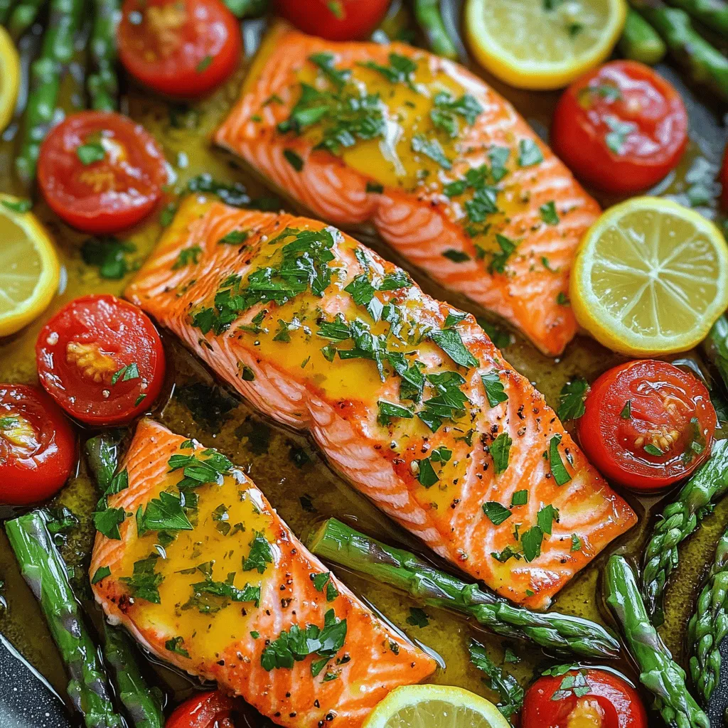 For a tasty One-Pan Lemon Herb Salmon, you need: - 4 salmon fillets, skin-on or skinless - 2 tablespoons extra virgin olive oil - Juice and zest of 1 large lemon, divided - 3 garlic cloves, finely minced - 1 teaspoon dried thyme - 1 teaspoon dried rosemary - Sea salt and freshly cracked black pepper, to taste - 1 cup cherry tomatoes, halved - 1 cup fresh asparagus spears, trimmed - Fresh parsley, finely chopped (for garnish) These ingredients blend well to create a fresh and vibrant dish. The herbs add depth, while lemon brightens the salmon. To cook this dish, you will need: - A large, rimmed baking sheet or a 9x13 inch baking dish - A small mixing bowl for the marinade - A whisk for blending the marinade - A sharp knife for chopping garlic and veggies These tools help keep the process simple and efficient. They ensure you can prepare the meal with ease. Garnishing adds flair to your dish. Consider these: - Lemon wedges: They enhance the citrus flavor. - Extra chopped parsley: It brightens up the presentation. - A sprinkle of red pepper flakes: This adds a spicy kick. These garnishes make your meal look and taste even better. They can impress guests or family at dinner. For the complete recipe, check out the Full Recipe section. First, set your oven to 400°F (200°C). This step is key for even cooking. While it warms up, gather your ingredients. Having everything ready makes cooking smooth and easy. In a small bowl, mix together the olive oil, lemon juice, lemon zest, and minced garlic. Add thyme and rosemary for a fragrant touch. Don’t forget to season with sea salt and black pepper! Whisk it all together until it's well combined. This marinade adds great flavor to the salmon. Grab a large baking sheet or dish. Place the salmon fillets on it, skin-side down if you have the skin. Pour the lemon herb marinade over the salmon. Make sure each piece is well coated. Next, spread the halved cherry tomatoes and asparagus around the salmon. This adds color and nutrition to your meal. Drizzle a bit more olive oil on the veggies, and sprinkle with sea salt and pepper. Put the baking sheet in your preheated oven. Roast for 15 to 18 minutes. The salmon is done when it flakes easily with a fork. The asparagus should be tender but still bright green. Once it’s cooked, take the pan out of the oven. Let it rest for a couple of minutes before serving. Finish with a sprinkle of fresh parsley for a pop of color. For the full recipe, refer to the earlier section. To cook salmon perfectly, aim for a temperature of 145°F (63°C). This ensures it stays moist and flaky. When roasting, place the salmon skin-side down if it has skin. This helps keep the fish from drying out. For even cooking, try to use fillets of similar size. A good rule is to check the salmon after 15 minutes. If it flakes easily with a fork, it is done. Herbs make this dish shine. I use thyme and rosemary for a fresh taste. You can add more herbs if you like. Fresh herbs work well too! Just chop them finely and mix them into the marinade. Try using dill or parsley for a different touch. Don't forget the lemon juice and zest. They add brightness and balance to the dish. Choose vegetables that roast well. Cherry tomatoes and asparagus work great here. They cook quickly and complement salmon nicely. You can also try bell peppers, zucchini, or broccoli. Cut them into even pieces for uniform cooking. Toss them in olive oil, salt, and pepper before adding to the pan. This helps them get crispy and flavorful. For the full recipe, check out the One-Pan Lemon Herb Salmon section. Happy cooking! {{image_4}} You can mix in many veggies with One-Pan Lemon Herb Salmon. Try bell peppers for sweetness or zucchini for a nice crunch. Broccoli or green beans add a vibrant color and boost nutrition. You can also use spinach, which wilts nicely and absorbs the flavors well. Just remember to cut the veggies into even sizes. This way, they cook at the same time as the salmon. If you want to switch up the salmon, you can use chicken or tofu. Chicken thighs work well since they stay juicy. Marinate them just like the salmon. For a plant-based option, use firm tofu. Press it to remove extra water, then cut it into slices. Marinate and cook as you would the salmon. Both will soak up all the tasty flavors from the lemon herb mix. Feel free to get creative with spices! If you like a kick, add red pepper flakes or smoked paprika. For a more earthy taste, try cumin or coriander. You can also sprinkle some lemon pepper for extra zest. Mixing up the herbs can change the dish too. Instead of thyme and rosemary, use dill or oregano. Each spice gives a new twist to the dish, making it fun to explore different flavors. For the full recipe, check out One-Pan Lemon Herb Salmon . After you enjoy your One-Pan Lemon Herb Salmon, store the leftovers right away. Let the dish cool to room temperature first. Then, place the salmon and veggies in an airtight container. This helps keep them fresh longer. You can store them in the fridge for up to three days. To reheat your leftovers, use the oven for the best results. Preheat your oven to 350°F (175°C). Place the salmon and veggies on a baking sheet. Cover them with foil to keep moisture in. Heat for about 10-15 minutes or until warm. Avoid using the microwave if you can. It can make the salmon dry. If you want to save your dish for later, freezing is a great option. Make sure the salmon and veggies are completely cool. Wrap each piece tightly in plastic wrap. Then, place them in a freezer-safe bag or container. This keeps them fresh for about three months. When ready to eat, thaw the dish overnight in the fridge. Reheat it as directed above. Enjoy your meal anytime! You can save time by using pre-marinated salmon. Many stores offer this option. You can skip making the marinade and just cook the salmon. Also, cut your veggies smaller for faster cooking. This will help them roast quicker. This dish goes well with many sides. Here are some ideas: - Rice or quinoa for a filling base - A fresh green salad with a light dressing - Garlic bread for a tasty crunch - Mashed potatoes for a creamy bite These sides balance well with the lemon and herbs in the salmon. Yes, you can use frozen salmon. Just make sure to thaw it first. Place the salmon in the fridge overnight for the best results. You can also use the microwave if you're in a hurry. Just be careful not to cook it during defrosting. Adjust cooking time if your salmon is thicker. Always check that it flakes easily when done. For the complete details, refer to the Full Recipe. This blog post covered a simple and tasty One-Pan Lemon Herb Salmon recipe. We explored the main ingredients, cooking tips, and variations you can try. You can elevate your meal with fresh herbs and different veggies. Also, we shared storage tips to keep leftovers fresh. Try this dish, and enjoy the flavors and ease. Cooking should be fun and rewarding, and this recipe makes it easy. Happy cooking!