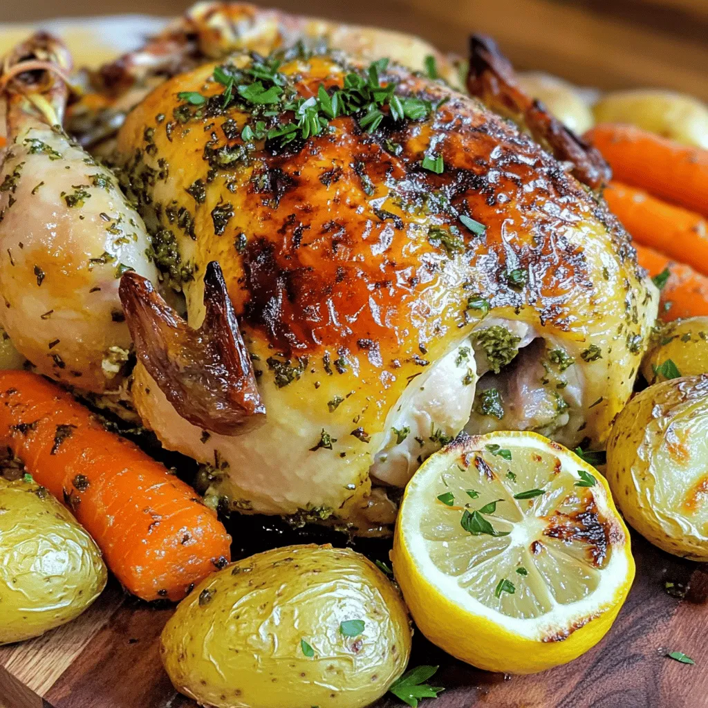 - Whole chicken (4-5 lbs) - Unsalted butter (1/2 cup, softened) - Fresh garlic (5 cloves, finely minced) - Fresh rosemary (2 tablespoons, finely chopped) - Fresh thyme (2 tablespoons, finely chopped) - Fresh parsley (1 tablespoon, finely chopped) - Lemon zest (from 1 lemon) - Lemon (1, cut into quarters) - Onion (1 large, cut into quarters) - Carrots (4 medium, peeled and cut into large chunks) - Potatoes (4 medium, diced) When making Garlic Herb Butter Roasted Chicken, the right ingredients are key. Start with a whole chicken weighing between 4 to 5 pounds. This size ensures it roasts evenly and stays juicy. Next, you'll need half a cup of unsalted butter, softened to room temperature. This butter will carry all those lovely flavors. You’ll also require five cloves of fresh garlic, finely minced. Garlic adds a punch of flavor that complements the chicken beautifully. For herbs, fresh rosemary and thyme are essential. You need two tablespoons of each, finely chopped. They bring a wonderful aroma and taste to the dish. You’ll also want one tablespoon of fresh parsley, finely chopped, and the zest from one lemon. The lemon zest brightens the whole dish. Don’t forget the vegetables! Use one lemon, cut into quarters, and one large onion, also cut into quarters. Carrots and potatoes add heartiness. You need four medium carrots, peeled and cut into large chunks, and four medium potatoes, diced into bite-sized pieces. Together, these ingredients create a flavorful base for your chicken to roast on. Check out the Full Recipe for all the steps to create this delicious dish. 1. First, preheat your oven to 425°F (220°C). This hot temperature helps get a golden skin. 2. Next, make the garlic herb butter. In a bowl, mix: - 1/2 cup unsalted butter, softened - 5 cloves garlic, finely minced - 2 tablespoons fresh rosemary, finely chopped - 2 tablespoons fresh thyme, finely chopped - 1 tablespoon fresh parsley, finely chopped - Zest of 1 lemon - Salt and pepper to taste Use a fork to blend it all until smooth. 1. Rinse the whole chicken under cold water. Pat it dry with paper towels. This step helps the skin crisp up. 2. Now, loosen the skin over the breast and thighs. Gently slide your fingers under the skin, being careful not to tear it. 3. Take half of your garlic herb butter and spread it under the skin on the meat. Use the rest of the butter to coat the outside of the chicken. 4. Season the cavity inside with salt and pepper. Stuff it with quartered lemon and onion for added flavor. 1. Place the chicken breast side up in the center of a large roasting pan. Surround it with: - 4 medium carrots, cut into large chunks - 4 medium potatoes, diced Drizzle some olive oil over the veggies and season them with salt and pepper. 2. Transfer the roasting pan to your preheated oven. Roast for about 1 hour and 15 minutes. Check that the internal temperature reaches 165°F (75°C) in the thickest part of the chicken. The skin should look golden brown. 3. Halfway through, use a spoon to baste the chicken with pan juices. This keeps it moist. 4. Once done, carefully take the chicken out of the oven. Let it rest on a cutting board for 10-15 minutes. This helps keep the juices inside. For the complete cooking guide, check the Full Recipe. Drying the Chicken Thoroughly: Start by giving your chicken a good rinse. Then, dry it well with paper towels. This step is key. If the skin is wet, it won't get crispy. No moisture means crispy skin! Using High Heat during Cooking: Preheat your oven to 425°F (220°C). High heat helps the skin brown nicely. This temperature brings out the best flavor and texture. Your chicken will look golden and delicious when done. Basting the Chicken during Roasting: Halfway through cooking, use a spoon to baste your chicken. Pour some pan juices over it. This keeps the meat moist and adds flavor. It also gives the skin a nice shine. Allowing the Chicken to Rest After Cooking: Once your chicken is done, let it rest for 10-15 minutes. This step helps the juices settle. If you skip this, your chicken may dry out. Resting ensures each bite is juicy and tasty. Carving Techniques for Serving: When it’s time to carve, use a sharp knife. Start by removing the legs and thighs first. Then slice the breast meat. This method makes for a neat presentation. Plus, it helps each piece stay juicy. Enhancing the Dish with Fresh Herbs: Sprinkle fresh herbs like parsley on the carved chicken. This adds color and flavor. You can also add lemon wedges for a bright touch. Fresh herbs make your dish look fancy and inviting. For the complete recipe, check out the [Full Recipe]. {{image_4}} You can change the herbs for different flavors. If you want a fresh taste, try basil or dill. These herbs can add a unique twist. You can also mix different herbs together. This makes your chicken even more exciting. Adding spices can boost the flavor, too. For a kick, use paprika or cayenne pepper. These spices bring warmth to your dish. A little goes a long way, so start small. If you want a different way to cook, try a slow cooker. You can place the chicken in the slow cooker with the garlic herb butter. Cook it on low for 6-8 hours. This method keeps the chicken very tender. Grilling is a fun option for summer. You can marinate the chicken with the garlic herb butter. Grill it over medium heat for about 1.5 hours. This gives it a nice smoky flavor that everyone loves. For sides, you can add roasted vegetables. Carrots, zucchini, or bell peppers pair well with chicken. Simply toss them with olive oil and salt before roasting. Salads are also a great choice. A fresh green salad with lemon vinaigrette complements the meal. You can serve warm bread on the side to soak up the delicious juices. For the full recipe, visit the [Full Recipe] link. How should you store leftover chicken? After enjoying your garlic herb butter roasted chicken, let it cool a bit. Place the chicken in an airtight container. You can also wrap it tightly in plastic wrap. This helps keep it fresh for 3 to 4 days in the fridge. What are the best practices for storing roasted vegetables? Store any leftover vegetables in a separate airtight container. They stay fresh for about 3 to 5 days. Make sure they cool down first before sealing. This keeps them crisp and tasty. Can you freeze cooked chicken and vegetables? Yes! To freeze chicken, cut it into pieces for quicker thawing. Place the pieces in freezer bags. Squeeze out as much air as possible before sealing. You can also freeze the vegetables in freezer-safe bags. What are the thawing instructions for best quality? When you're ready to use frozen chicken, thaw it in the fridge overnight. This keeps the meat juicy. For veggies, you can microwave them for a quick thaw. This helps retain their texture. What are the best containers for storage? Use airtight containers for both chicken and veggies. Glass containers work great, but plastic ones are fine too. Just ensure they seal well to avoid freezer burn. What about labeling and dating for future use? Always label your containers with the date. This helps you keep track of how long food has been stored. Use a permanent marker or labels to write the name of the dish and the date. This way, you can enjoy your garlic herb butter roasted chicken at its best! How long does it take to roast a chicken? It takes about 1 hour and 15 minutes to roast a chicken at 425°F. Timing can vary based on the size of the bird. Always check for doneness to ensure perfect results. What temperature should the chicken internal temperature reach? The chicken should reach an internal temperature of 165°F. This ensures the meat is safe to eat and remains juicy. Can I use frozen chicken for this recipe? I do not recommend using frozen chicken. Thaw the chicken completely before roasting. This helps with even cooking. How do I know when my chicken is done? Use a meat thermometer to check the thickest part of the chicken. If it reads 165°F, it is done. You can also check if the juices run clear when pierced. What should I serve with garlic herb butter roasted chicken? I suggest serving roasted vegetables, mashed potatoes, or a fresh salad. These sides complement the chicken well. Can I use the leftovers in other recipes? Absolutely! Use leftover chicken in soups, salads, or sandwiches. It adds great flavor and saves time in the kitchen. In this post, we explored the key ingredients and steps for roasting a flavorful garlic herb butter chicken. We covered tips for ensuring crispy skin and variations to suit your taste. Remember, your chicken should rest after cooking for the best results. Don't forget that leftovers can be stored and used in many dishes. Enjoy the delicious meal you create, and share it with family and friends for a great experience!