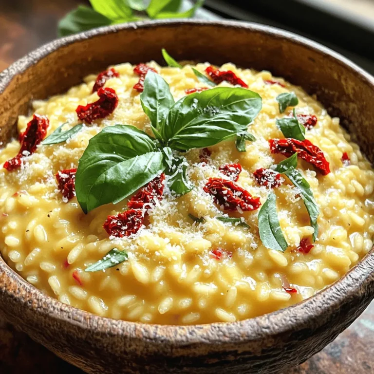 To make a delicious Creamy Sun-Dried Tomato Risotto, gather these key ingredients: - 1 cup Arborio rice - 4 cups vegetable broth (preferably low-sodium) - 1/2 cup sun-dried tomatoes, chopped (oil-packed for extra flavor) - 1 small onion, finely chopped - 2 cloves garlic, minced - 1/2 cup heavy cream - 1 cup freshly grated Parmesan cheese - 2 tablespoons olive oil - Salt and fresh ground black pepper to taste - Fresh basil leaves for garnish These ingredients come together to create a rich and creamy dish. Arborio rice is essential. Its high starch content gives risotto that famous creamy texture. The sun-dried tomatoes add a burst of flavor, while the heavy cream and Parmesan make it rich and indulgent. Using vegetable broth enhances the taste without overpowering the other ingredients. Fresh herbs like basil add a nice touch of color and freshness when serving. For a full recipe, check the detailed instructions on how to prepare this satisfying meal. First, heat the vegetable broth in a medium saucepan. Keep it on low heat. This warm broth helps the rice cook well. You want it warm for the whole cooking time. In a large skillet, add olive oil and warm it over medium heat. Once hot, add the finely chopped onion. Cook it until it turns soft and clear, about 3-4 minutes. Stir it often to avoid browning. Next, add minced garlic and chopped sun-dried tomatoes. Cook for an extra 1-2 minutes until the garlic smells nice, and the tomatoes soften. Now it’s time for the Arborio rice. Add it to the skillet and stir well. Toast the rice for about 2 minutes to bring out its nutty flavor. After that, start adding the warm broth. Do it one ladle at a time. Stir constantly and let each scoop soak in before adding more. This process should take about 18-20 minutes. The rice should be creamy and slightly firm. When the rice is done, take the skillet off the heat. Fold in the heavy cream and freshly grated Parmesan cheese. Stir until it all blends together. Season with salt and fresh ground black pepper to your taste. Let the risotto rest for a minute. This helps it thicken and become even creamier. Serve in warm bowls and garnish with fresh basil leaves. For extra taste, sprinkle more Parmesan on top. For the full recipe, check the earlier sections. To make your risotto creamy, keep the broth warm. Warm broth helps the rice absorb flavors and cook evenly. If the broth is cold, the rice can turn gummy. Stirring is also key for a creamy texture. Stir the rice often as you add broth. This helps release starch, creating that velvety feel. Use high-quality ingredients for the best flavor. Fresh sun-dried tomatoes packed in oil add rich taste. Choose good olive oil and fresh garlic, which boost flavor. You can also add spices like red pepper flakes or Italian herbs. They bring a nice kick and depth to the dish. One common mistake is overcooking or undercooking the rice. Keep an eye on the texture. It should be al dente, soft but with a slight bite. Another mistake is not stirring enough. Stirring helps the rice cook evenly and keeps it from sticking. So, keep stirring for that perfect creamy risotto! For the full recipe, check out the detailed instructions included above. {{image_4}} You can make this risotto even heartier by adding protein. For meat lovers, grilled chicken or sautéed shrimp pair great with the creamy sun-dried tomato flavor. Simply cook the chicken or shrimp separately and mix them in just before serving. If you prefer a vegetarian route, try adding chickpeas or white beans. They bring protein and fiber while keeping the dish plant-based. Just toss them in towards the end of cooking to warm them up. Seasonal vegetables can elevate this dish. Think about adding spinach, peas, or zucchini for a fresh touch. You can sauté these veggies in olive oil before adding them to the risotto. This technique brings out their flavors and keeps them tender. Adding vegetables not only boosts nutrition but also adds colorful appeal to your plate. Just remember to chop them into small pieces for easy mixing. To make your risotto even tastier, consider adding fresh herbs like thyme or parsley. They add brightness and depth to the dish. For a spicy kick, a pinch of red pepper flakes works well too. If you want to switch up the cheese, try feta or goat cheese instead of Parmesan. These alternatives give a unique flavor that complements the sun-dried tomatoes. For a full guide on how to make this delightful dish, check out the Full Recipe. To keep your creamy sun-dried tomato risotto fresh, follow these steps: - Refrigeration: Place leftovers in an airtight container. This keeps it moist and tasty. Store in the fridge for up to three days. - Freezing: To freeze, let the risotto cool completely. Then, put it in freezer-safe bags. Squeeze out air to prevent freezer burn. It can last up to three months in the freezer. When it's time to enjoy your risotto again, you have two main options: - Microwave: Place the risotto in a microwave-safe dish. Cover it with a damp paper towel to keep it moist. Heat in short bursts, stirring in between, until warmed through. - Stovetop: For stovetop reheating, add a splash of broth or water to the risotto in a skillet. Heat over low heat, stirring often. This helps bring back the creaminess. Adding moisture back into the risotto is key. It ensures that your dish remains creamy and delicious, just like when you first made it. If you need more tips, check the Full Recipe for extra guidance on storage and reheating. To make creamy risotto, you need to focus on a few key steps. First, you use Arborio rice, which has a high starch content. This starch is what gives risotto its creamy texture. 1. Warm broth: Always keep your vegetable broth warm. This helps the rice cook evenly. 2. Sauté aromatics: Start by cooking onion and garlic in olive oil. This adds depth to the flavor. 3. Toast rice: Stir in the Arborio rice and toast it for a couple of minutes. This enhances the nutty taste. 4. Add broth gradually: Pour in the warm broth one ladle at a time. Stir often and let the rice absorb the broth fully before adding more. 5. Finish with cream and cheese: When the rice is al dente, fold in heavy cream and Parmesan cheese. This creates a luscious, creamy dish. Yes, you can make risotto ahead of time. However, it’s best to serve it fresh. If you make it early, store it in the fridge for up to two days. When you reheat risotto, it often becomes too thick. To fix this, add a splash of broth or water while warming it. Heat it gently on the stovetop for best results. Creamy sun-dried tomato risotto pairs well with many dishes. Here are some great options: - Grilled chicken: The flavors complement each other well. - Roasted vegetables: Seasonal veggies add color and nutrition. - Fresh salad: A light salad balances the richness of the risotto. - Crusty bread: Perfect for soaking up that creamy goodness. Yes, you can substitute some ingredients in this risotto recipe. Here are a few ideas: - Rice: If you can't find Arborio rice, you can use Carnaroli or Vialone Nano. Both will yield a creamy result. - Broth: For a different taste, try chicken broth instead of vegetable broth. - Cream: You can use half-and-half or full-fat coconut milk for a lighter version. - Cheese: If you want a stronger flavor, swap Parmesan for Pecorino Romano. These substitutions can change the flavor and texture but will still give you a delicious risotto. For the full recipe, check out the main article. This blog post covered how to make a creamy sun-dried tomato risotto. We explored key ingredients, step-by-step instructions, tips for perfect texture, and ways to add protein or veggies. I shared storage tips to keep your risotto fresh and reheating advice to maintain creaminess. In conclusion, making risotto is fun and rewarding. With practice, you can create many delicious versions. Use this guide and enjoy every bite! You have the skills to impress anyone at the dinner table.