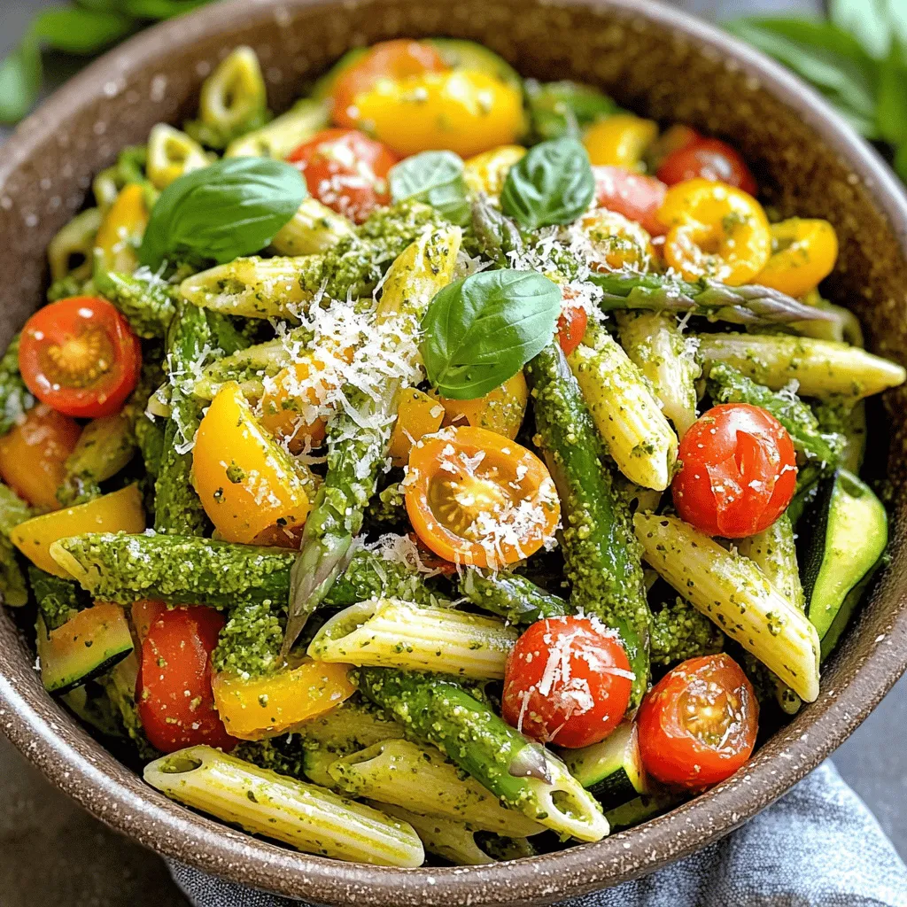 - 12 oz penne pasta - 1 cup cherry tomatoes, halved - 1 medium zucchini, sliced into half-moons - 1 red or yellow bell pepper, sliced - 1 cup asparagus, trimmed and chopped - 1 cup fresh spinach leaves - 1/4 cup homemade or store-bought pesto - 3 tablespoons olive oil - 2 cloves garlic, minced - Salt and freshly ground black pepper to taste - Grated Parmesan cheese (optional, for serving) - Fresh basil leaves for garnish When making Pesto Pasta Primavera, I focus on fresh ingredients. You want bright colors and vibrant flavors. The penne pasta is the base of this dish. It holds onto the sauce well. I use cherry tomatoes for a burst of sweetness. Zucchini adds a lovely texture, while bell peppers bring crunch and color. Asparagus gives a nice bite. Spinach is a must. It wilts down and blends beautifully with the other veggies. For the pesto, I often use homemade, but store-bought works too. Olive oil adds richness and helps sauté the garlic, which brings in a great aroma. For seasoning, I like to keep it simple. Just salt and freshly ground black pepper will do. You can add grated Parmesan cheese for a creamy touch. Fresh basil leaves brighten the dish and make it look pretty. This combination of fresh ingredients makes Pesto Pasta Primavera a colorful, healthy meal. For the full recipe, check out the detailed steps to make this dish shine. Fill a large pot with water. Add a generous amount of salt. Bring the water to a boil. Once boiling, add the penne pasta. Cook it until it is al dente, which means firm to the bite. Drain the pasta, but save about half a cup of that starchy water. This water helps the sauce stick later. In a large skillet, heat three tablespoons of olive oil over medium heat. Add two cloves of minced garlic. Sauté for about 30 seconds. You want the garlic fragrant but not burnt. This step adds a lovely layer of flavor. Now, add one cup of halved cherry tomatoes, one medium sliced zucchini, one sliced red or yellow bell pepper, and one cup of chopped asparagus. Sauté these vegetables for about five to seven minutes. You want them tender but still crisp. This mix brings freshness and color to the dish. Next, stir in one cup of fresh spinach. Cook until the spinach wilts, which takes about two minutes. Then, combine the drained pasta with the vegetables in the skillet. Pour in the reserved pasta water and a quarter cup of pesto. Toss it all together so that each piece of pasta is coated. Taste and season with salt and pepper based on your preference. Serve hot, and for a finishing touch, sprinkle with grated Parmesan cheese, if you like. For the final flair, add some fresh basil leaves for garnish. For the full recipe, check out the complete instructions. Enjoy your Pesto Pasta Primavera! - How to achieve the perfect al dente pasta: Start by boiling a large pot of salted water. Add your penne pasta when the water is at a full boil. Cook it according to the package instructions. Check it a minute early. You want it firm but cooked through. Drain it but save some pasta water. This water helps make the sauce creamy. - Tips for sautéing vegetables to maintain crunch: Use a large skillet and medium heat. Heat your olive oil first. Add your minced garlic and cook for about 30 seconds. Then, add the chopped vegetables, like zucchini and bell pepper. Sauté them for 5-7 minutes. You want them tender but still crisp. Stir them often so they cook evenly. - Using homemade vs. store-bought pesto: Homemade pesto tastes fresh and bright. It uses basil, garlic, nuts, and olive oil. If you’re short on time, store-bought pesto works well too. Just check the label for quality ingredients. Both options will give your pasta flavor. - How to adapt pesto for different flavor profiles: You can change the nuts in the pesto to walnuts or almonds. Try adding different herbs, like arugula or parsley, for a twist. For a spicy kick, toss in some red pepper flakes. The goal is to make it your own. - Ideal serving temperature and presentation tips: Serve your Pesto Pasta Primavera hot. Use shallow bowls for a nice look. Drizzle extra pesto on top for color. Add a few halved cherry tomatoes for a pop. Fresh basil leaves make it look even better. - Best wine pairings for Pesto Pasta Primavera: A crisp white wine pairs well. Look for a Sauvignon Blanc or a Pinot Grigio. These wines won’t overpower the fresh flavors. If you prefer red, a light Chianti could work nicely too. For the full recipe, check out the instructions above. {{image_4}} You can switch up the pasta for different diets. Try gluten-free pasta if needed. Whole grain pasta adds fiber and a nutty taste. You can also change the veggies based on what's in season. Try using broccoli, carrots, or snap peas for a fresh twist. For a heartier meal, add chicken or shrimp. Simply cook them before you sauté the veggies. Toss them in with the pasta and pesto. If you're vegetarian, consider tofu or chickpeas. Both options add protein and work well with the dish's flavors. You can easily make this dish vegan or dairy-free. Just skip the cheese and use a vegan pesto. For those on a low-carb diet, use zucchini noodles instead of pasta. This keeps the flavors rich while cutting carbs. Enjoy experimenting with these options to find your favorite! To keep your Pesto Pasta Primavera fresh, store leftovers in an airtight container. Make sure to cool the pasta to room temperature first. Place it in the fridge within two hours of cooking. This dish will stay good for up to three days. When you are ready to eat, reheat it gently. Use a pan over low heat to warm it up. Add a splash of water or extra olive oil to keep it moist. If you want to save some for later, freezing is a great option. First, let the pasta cool completely. Then, divide it into single-serving portions. Place these portions in freezer-safe bags or containers. Remove as much air as possible before sealing. Your pasta will freeze well for up to three months. When you're ready to enjoy it, take the pasta out of the freezer. Thaw it overnight in the fridge. For reheating, place it in a skillet over medium heat. Add a little water or olive oil to help it heat evenly. Stir frequently until it's hot and ready to serve. Pesto Pasta Primavera can last up to three days in the fridge. Store it in an airtight container. Make sure to let it cool before sealing to avoid excess moisture. Yes, you can make Pesto Pasta Primavera ahead of time. Prepare the pasta and veggies, then mix in the pesto just before serving. This keeps the flavors fresh. Good side dishes include garlic bread, a fresh salad, or roasted vegetables. These sides add variety and enhance your meal. Pesto is usually mild. If you want more heat, add red pepper flakes or a dash of hot sauce. Adjust to your taste for a better kick. This blog post covered a simple and tasty Pesto Pasta Primavera recipe. You learned about key ingredients, cooking steps, and helpful tips. I shared ideas for variations, storage, and answers to common questions. By trying this dish, you can enjoy a colorful, nutritious meal that fits many diets. Use the tips and substitutions to make it your own. Cooking is fun and lets you explore new flavors. Enjoy creating your pasta masterpiece!