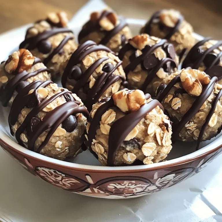 To make these no-bake cookie dough bites, you need a few main ingredients. Each one plays a key role in flavor and texture. Here’s what you’ll need: - 1 cup almond flour - 1/2 cup rolled oats - 1/3 cup pure maple syrup - 1/4 cup coconut oil, gently melted - 1 teaspoon pure vanilla extract - 1/2 teaspoon fine sea salt - 1/2 cup chocolate chips - 1/4 cup chopped walnuts (optional) Almond flour gives a nice nutty base. Rolled oats add texture and chewiness. Maple syrup sweetens the bites naturally. Coconut oil makes them rich and smooth. Vanilla extract enhances the flavor. Sea salt balances the sweetness. Chocolate chips provide delightful bursts of chocolate. Chopped walnuts add a crunchy touch if you like. You can mix things up with some fun ingredient options. Here are a few ideas: - Use peanut butter instead of coconut oil for a nutty twist. - Swap in agave syrup for a different sweetener. - Try adding dried fruit like cranberries or cherries for a fruity bite. - Use different nuts, like pecans or almonds, for variety. - Add a pinch of cinnamon for warmth and spice. These options let you customize the bites to fit your taste. Feel free to experiment and find your favorite combo! When making these cookie dough bites, be mindful of allergies. Here are some common allergens to consider: - Almond flour may cause issues for those with nut allergies. - Chocolate chips may contain dairy unless you choose vegan options. - Walnuts are also a nut and can trigger allergies. Always check labels on your ingredients. This way, you can ensure everyone can enjoy these treats safely. Adjust the recipe as needed to fit your dietary needs. First, gather your ingredients. You will need: - 1 cup almond flour - 1/2 cup rolled oats - 1/3 cup pure maple syrup - 1/4 cup coconut oil, gently melted - 1 teaspoon pure vanilla extract - 1/2 teaspoon fine sea salt - 1/2 cup chocolate chips - 1/4 cup chopped walnuts (optional) In a large mixing bowl, blend the almond flour and rolled oats. This mix forms the base of your bites. Next, pour in the maple syrup, melted coconut oil, vanilla extract, and sea salt. Stir well until you have a sticky dough. Make sure everything is mixed evenly. Now, take about a tablespoon of dough and roll it into a ball. Place each ball on a parchment-lined plate. This step is fun! You will make about 12 to 15 bites. Once you finish rolling, it’s time to chill them. Put the plate in the fridge for at least 30 minutes. Chilling helps the bites firm up, making them easier to eat. For the best texture, ensure your dough is sticky but not too wet. If it feels dry, add a little more maple syrup or coconut oil. If it’s too wet, mix in more almond flour. You want a dough that holds its shape but is soft and delicious. Remember to fold in the chocolate chips and walnuts gently. This way, you get a bit of crunch in every bite. When making no-bake cookie dough bites, avoid using too much liquid. This can make the dough too sticky. If your dough feels too wet, add a touch more almond flour. Another mistake is not chilling the bites long enough. Chilling helps them firm up and makes them easier to eat. Lastly, don’t rush mixing. Ensure every ingredient is well combined for the best taste. To boost flavor, use high-quality vanilla extract. You can also try adding spices like cinnamon or nutmeg. A pinch of sea salt can bring out the sweetness, too. For a nutty taste, mix in some almond or peanut butter. If you love chocolate, add extra chocolate chips or even chunks of dark chocolate for depth. These cookie dough bites are great for snacking or dessert. Serve them on a cute plate with a sprinkle of sea salt on top. Pair them with fresh fruit or yogurt for a fun treat. You can also pack them in lunchboxes or take them on picnics. For a party, arrange them in a bowl and drizzle melted chocolate over the top for a delightful touch. {{image_4}} You can easily make vegan or dairy-free cookie dough bites. Simply swap regular chocolate chips for vegan chocolate chips. This small change still brings rich flavor without any dairy. Use maple syrup as your sweetener, which is naturally vegan. Coconut oil works well as a fat, keeping it dairy-free. Want to mix it up? Try adding different flavors! For a peanut butter version, mix in 1/4 cup of creamy peanut butter. This will give your bites a nutty taste. If you love coconut, add 1/4 cup of shredded coconut. This gives a tropical twist and a chewy texture. You can also use almond extract instead of vanilla for a nice change. You can make your cookie dough bites even healthier by swapping some ingredients. Instead of almond flour, try oat flour for more fiber. You can also add ground flaxseeds for extra omega-3s. If you want to reduce sugar, cut the maple syrup by a tablespoon and add mashed banana for sweetness. These swaps keep the bites tasty while boosting their nutrition. For the full recipe, check out the details above! To keep your no-bake cookie dough bites fresh, store them in an airtight container. This helps prevent them from drying out. You can place parchment paper between layers to avoid sticking. I recommend using a glass or plastic container with a tight lid. This keeps the bites safe from air and moisture. In the fridge, these cookie dough bites last about one week. Make sure to check for any changes in smell or texture. If they look or smell off, it’s best to toss them. Enjoy them fresh, as they taste best within the first few days! You can freeze cookie dough bites for longer storage. Place them in a single layer on a baking sheet. Freeze them for about two hours until firm. Then, transfer the bites to a freezer-safe bag or container. They can last up to three months in the freezer. When you’re ready to enjoy, simply thaw them in the fridge overnight. This makes a quick snack ready whenever you want! For the full recipe, check out the complete instructions provided earlier. Yes, you can use other flours. I recommend oat flour or coconut flour. Both options work well. Keep in mind that they may change the taste slightly. Adjust the liquid if needed to get the right dough texture. To make the bites gluten-free, choose gluten-free oats and use a gluten-free flour. Almond flour is naturally gluten-free and a great option. Always check labels to confirm they are gluten-free. This way, everyone can enjoy them! Serve these bites chilled for the best taste and texture. You can arrange them in a nice bowl. Add some extra chocolate chips for a fun touch. They make a great snack or dessert at parties! You can find the Full Recipe for No-Bake Cookie Dough Bites above. Follow the steps to create these delicious treats. Enjoy the ease of making them with simple ingredients! In this blog post, we explored how to make delicious no-bake cookie dough bites. We covered the key ingredients, preparation steps, and handy tips. I shared variations and storage tips to help you create the perfect treat. Remember, avoid common mistakes to keep your bites tasty. These treats are easy to customize based on your preferences. Enjoy experimenting with flavors and ingredients. With the right care, your cookie dough bites will stay fresh and enjoyable. Follow these tips, and you’ll master this tasty treat.