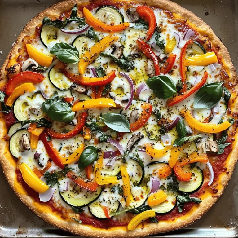 Here’s what you need to make a tasty veggie pizza: - Pre-made pizza dough - Marinara sauce - Shredded mozzarella cheese - Assorted vegetables (bell peppers, zucchini, mushrooms, red onion, spinach) - Seasoning (dried oregano, garlic powder, salt, pepper) - Olive oil - Fresh basil leaves (optional) Using pre-made pizza dough saves time. You can find it in most stores. The marinara sauce gives the pizza flavor. Choose your favorite brand or make your own! For the veggies, bell peppers and zucchini give crunch. Mushrooms add a nice texture. Red onion brings sweetness, and spinach adds color. Season your vegetables well. Dried oregano and garlic powder enhance the flavor. Don’t forget salt and pepper to taste! A drizzle of olive oil helps everything blend. Lastly, fresh basil leaves make your pizza look great and add a burst of flavor. You can skip them if you want, but they are a nice touch. If you want more details, check out the Full Recipe for all the steps! 1. Preheat your oven to 450°F (232°C). This helps the pizza cook well. 2. Lightly flour a clean surface. Roll out the pre-made pizza dough to your desired thickness. 3. Spread a layer of marinara sauce on the dough. Leave about half an inch for the crust. 1. Evenly distribute shredded mozzarella cheese over the sauce. This adds a gooey layer. 2. In a bowl, toss the sliced bell peppers, zucchini, mushrooms, and red onion with olive oil. 3. Sprinkle in garlic powder, oregano, salt, and pepper. Mix until all veggies are well-coated. 4. Layer the seasoned vegetables on the cheese. Finally, add fresh spinach leaves for a pop of color. 1. Place the pizza in the oven and bake for 12-15 minutes. Watch for the cheese to bubble. 2. Check the crust for a golden color. This means it's ready. 3. Carefully take the pizza out. Let it cool for a few minutes before slicing. This makes cutting easier. To get a crispy crust, start with a hot oven. Preheat it to 450°F (232°C). Use a pizza stone if you can. It helps heat the bottom of the pizza. Roll the dough thin if you want it crispier. A thicker crust needs more time. Keep an eye on it as it bakes. You can change the cheese for more flavor. Try adding sharp cheddar or creamy goat cheese. Mix and match to find your favorite. Spices and herbs also boost taste. Fresh basil or a sprinkle of red pepper flakes can add a kick. Don’t be shy; experiment with flavors. How you present the pizza matters. Slice it into wedges and arrange it on a wooden board. Sprinkle extra basil on top for color. Pair it with dipping sauces for extra fun. A side of marinara sauce or garlic butter goes well. Your guests will love it! {{image_4}} You can use many different vegetables for your veggie pizza. Seasonal produce adds great flavor. Try using fresh tomatoes in summer or butternut squash in fall. You can also mix in your favorites. Spinach, artichokes, and jalapeños are fun choices. Don’t forget fruits! Pineapple adds sweetness, while olives bring a salty touch. Making a vegan pizza is easy! Swap the mozzarella cheese for a plant-based version. There are many tasty kinds available in stores. For the dough, use a vegan recipe. You can find many online. Just ensure no dairy products are in the dough. If you need gluten-free pizza, many options exist. You can buy gluten-free dough in stores. Check the label to ensure it fits your needs. You can also make your own using almond flour or chickpea flour. When baking, keep an eye on the pizza. Gluten-free dough can cook faster than regular dough. To keep your veggie pizza fresh, store it in the fridge. First, let it cool completely. This helps prevent sogginess. Use an airtight container to seal in freshness. If you have a large pizza, slice it before storing. This makes it easier to grab a piece later. You can also wrap each slice in plastic wrap for extra protection. You can reheat your pizza in the oven or microwave. The oven gives the best results. Preheat it to 375°F (190°C). Place the pizza on a baking sheet and heat for about 10 minutes. This keeps the crust crispy. If you use the microwave, remember it may make the crust soft. Heat for about 30 seconds to 1 minute. Check if it’s warm enough before serving. Freezing is a great option if you have extra pizza. Wrap each slice tightly in plastic wrap. Then, place them in a freezer-safe bag or container. This helps keep them fresh. To thaw, move the pizza to the fridge overnight. For reheating, use the oven at 375°F (190°C) for about 10 minutes. This ensures your pizza stays tasty! You can also microwave frozen slices, but use the oven for the best results. To make your pizza crust crispy, follow these tips: - Preheat your oven to 450°F (232°C). - Use a pizza stone if you have one. - Roll the dough thin for a crunchier bite. - Brush olive oil on the crust before baking. - Bake the pizza on the bottom rack for more heat. These steps help the crust become golden and crunchy. Yes, you can use store-bought sauce. Here are some recommendations: - Look for marinara or pizza sauce brands that have simple ingredients. - Check for sauces that are low in sugar and high in flavor. - Try organic brands for better taste and quality. These sauces save time and still add great flavor. You can mix and match many veggies for your pizza. Here are popular combinations: - Bell peppers and onions for a sweet crunch. - Spinach and mushrooms for a savory touch. - Zucchini and tomatoes for freshness. - Artichokes and olives for a Mediterranean flair. Feel free to use your favorites to create a personal touch. To add some heat to your pizza, try these options: - Sprinkle red pepper flakes on top before baking. - Add sliced jalapeños or banana peppers for a kick. - Use a spicy marinara sauce or hot sauce. - Mix in some cayenne pepper with the veggies. These ideas will spice up your pizza just the way you like it. You’ve learned how to make a tasty veggie pizza. We covered the right ingredients, step-by-step instructions, and tips for perfecting your crust. You can customize flavors and even try fun variations. Storing leftovers and reheating tips ensure nothing goes to waste. Enjoy cooking and sharing this delicious meal with friends or family. I hope you feel inspired to create your own pizza masterpiece!
