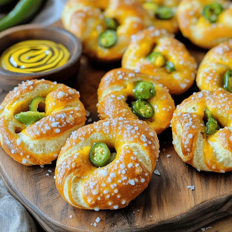 To make your Jalapeño Cheddar Pretzel Bites, you need a few key items: - 1 cup warm water (between 110°F to 115°F) - 2 tablespoons granulated sugar - 1 packet (2 1/4 teaspoons) instant yeast - 4 cups all-purpose flour - 1 teaspoon salt - 1 teaspoon garlic powder - 1 cup shredded sharp cheddar cheese - 2 ripe jalapeños, finely diced (seeds removed for a milder flavor) - 1/4 cup baking soda - Coarse sea salt, for sprinkling - 1 egg, beaten (for egg wash) You can enhance your pretzel bites with some optional ingredients: - 1 teaspoon onion powder for a savory kick - 1 tablespoon chopped fresh herbs like parsley or chives - A pinch of cayenne pepper for heat These extras can really make your bites pop! For the best flavor, I recommend using sharp cheddar cheese. It adds a rich taste. You can also try pepper jack cheese for extra spice. When choosing jalapeños, look for firm, bright green ones. They should have no blemishes. If you want more heat, keep some seeds in. For less heat, remove all the seeds. Check out the Full Recipe for detailed steps to make these delicious bites. Start by warming 1 cup of water. It should be between 110°F to 115°F. In a large bowl, mix the warm water and 2 tablespoons of sugar. Sprinkle 1 packet of instant yeast over the water. Let it sit for about 5 minutes. You'll see bubbles form, which means the yeast is ready. This step is key for a good rise. In another bowl, whisk together 4 cups of all-purpose flour, 1 teaspoon of salt, and 1 teaspoon of garlic powder. Slowly pour in the yeast mixture. Stir until a dough forms. Then, add 1 cup of shredded sharp cheddar cheese and 2 diced jalapeños. Knead the dough on a floured surface for 5 to 7 minutes. It should be smooth and elastic. Place it in a greased bowl, cover it, and let it rise for about 1 hour. Once the dough has risen, punch it down gently. Divide the dough into small pieces, about the size of a golf ball. Roll each piece into a rope and twist it into a pretzel shape. If you want bites, leave them as small balls instead. Next, boil 10 cups of water in a large pot. Add 1/4 cup of baking soda carefully. Drop the pretzel bites into the boiling water for 30 seconds. Use a slotted spoon to take them out and place them on a baking sheet lined with parchment paper. Brush the tops with a beaten egg and sprinkle coarse sea salt over them. Preheat your oven to 425°F. Bake the pretzel bites for 12-15 minutes until they are golden brown. Let them cool for a few minutes before serving. Enjoy them warm with your favorite dips. You can find the Full Recipe for more details on these delicious bites! Making Jalapeño Cheddar Pretzel Bites is fun, but common mistakes can spoil them. - Not activating the yeast: This is key. If the yeast doesn’t foam, your dough won’t rise. - Using cold water: Always use warm water. It helps the yeast grow. - Skipping the baking soda bath: This step gives the pretzels their classic flavor and color. - Overbaking: Keep an eye on your bites. They can go from golden to burnt quickly. The right texture makes these bites a real treat. - Knead well: Knead the dough for 5-7 minutes. It should be smooth and elastic. - Let it rise: Allow the dough to double in size for a light, fluffy bite. - Boil properly: Boiling for about 30 seconds helps create that chewy crust. - Don’t overcrowd: Boil a few bites at a time. Too many will lower the water temperature. Serving your pretzel bites with great sauces makes them even better. - Zesty mustard: A classic choice that adds a nice bite. - Creamy cheese dip: Rich and cheesy, it complements the jalapeños well. - Spicy ranch: For those who love a kick, spicy ranch is a perfect match. - Guacamole: The creaminess of avocado pairs wonderfully with the heat of jalapeño. Feel free to check the Full Recipe for more details and enjoy making these tasty treats! {{image_4}} You can switch up the cheese in your pretzel bites. While sharp cheddar brings a bold flavor, other cheeses work well too. Consider using mozzarella for a stringy texture. Pepper jack adds a nice kick. Cream cheese can make them rich and creamy. Try mixing different cheeses for a unique taste. For spice lovers, use fresh jalapeños with seeds. This will give you that extra heat. If you want a milder flavor, remove the seeds and stems. You can also try using pickled jalapeños for a tangy twist. This adds a different layer of taste without too much heat. You can make these pretzel bites gluten-free by using a gluten-free flour blend. Look for blends that have xanthan gum. For a vegan version, swap the egg wash for a mix of almond milk and a bit of maple syrup. Use vegan cheese to keep it dairy-free. These adaptations keep the flavor while catering to different diets. For the complete recipe, check out the Full Recipe link. To keep your pretzel bites fresh, place them in an airtight container. This helps prevent them from drying out. You can also wrap them in plastic wrap before placing them in the container. Store them at room temperature for up to two days. If you want to keep them for longer, consider freezing them. For longer storage, freeze your pretzel bites. First, let them cool completely. Then, place them in a single layer on a baking sheet. Freeze for about an hour until solid. Once frozen, transfer them to a freezer bag. Remove excess air and seal tightly. They can last up to three months in the freezer. To enjoy your pretzel bites again, reheat them properly. Preheat your oven to 350°F (175°C). Place the pretzel bites on a baking sheet. Heat for about 10-15 minutes until warm. This helps keep them soft and chewy. You can also microwave them for a quick snack, but they may get chewy. For the best taste, I recommend the oven method. Enjoy them warm with your favorite dips! Yes, you can use active dry yeast. However, it needs proofing first. Mix it with warm water and sugar. Let it sit for about 5-10 minutes until it bubbles. Then, mix it into your dough as you would with instant yeast. These pretzel bites taste best fresh. However, they can last up to 3 days in an airtight container. After that, they may lose their tasty texture. For longer storage, freeze them for up to 3 months. Just reheat in the oven for a few minutes to enjoy their warmth. You can find ready-made jalapeño cheddar pretzel bites at some grocery stores or specialty shops. They may also be available at local bakeries or food trucks. If you want a fresh batch, making them at home is easy with the Full Recipe! Jalapeño cheddar pretzel bites are fun and tasty treats. We covered key ingredients for a great result. You learned to prepare the yeast and make the dough. We discussed shaping, boiling, and baking your bites. I shared tips to avoid mistakes and make them just right. You can even try different cheeses or make gluten-free bites. Store leftovers well and enjoy them later. Now you have the tools to create delicious snacks that impress. Enjoy your cooking adventure with these delightful pretzel bites!